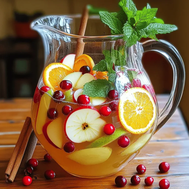 To make a refreshing apple cider sangria with cranberries, gather these key ingredients: - 4 cups apple cider (fresh is best) - 2 cups sparkling water (chilled) - 1 cup fresh cranberries (rinsed) - 2 apples (like Granny Smith or Honeycrisp), cored and thinly sliced - 1 orange, thinly sliced - 1 cinnamon stick - 2 tablespoons maple syrup (optional) - Fresh mint leaves (for garnish) Using fresh ingredients makes a big difference. Fresh apple cider offers a rich flavor that really shines. Fresh cranberries add a nice tartness. Choose ripe apples for sweetness and crunch. Store-bought options may lack the same taste and aroma. If you can, pick fruits at local markets. They often taste better and support local farms. You can customize your sangria to fit your taste. Consider adding: - Other fruits like pears or berries for extra flavor - A splash of brandy or rum for a boozy twist - Different herbs, like basil or rosemary, for a unique scent Feel free to mix and match these options to create your perfect drink! Making apple cider sangria is easy and fun. You need just a few steps to create a drink that delights. Gather your ingredients first. This includes apple cider, sparkling water, fresh cranberries, apples, an orange, a cinnamon stick, and maple syrup. Prepare your pitcher for mixing. 1. Start by pouring 4 cups of fresh apple cider into a large pitcher. 2. Next, add 2 cups of chilled sparkling water. Stir gently with a wooden spoon. This helps keep the fizz. 3. Now, add 1 cup of rinsed cranberries, 2 thinly sliced apples, and 1 thinly sliced orange. Mix them well so every sip is fruity. 4. Insert 1 cinnamon stick into the mixture. This adds a warm, spicy flavor that is great for fall. 5. If you like it sweeter, add 2 tablespoons of maple syrup. Stir until it dissolves completely. 6. Cover the pitcher with a lid or plastic wrap. Place it in the fridge for at least 1 hour. This is key for the flavors to blend nicely. 7. Before serving, stir the sangria again. Taste it and add more maple syrup if you want it sweeter. 8. Fill tall glasses with ice. Pour the sangria over the ice and garnish with fresh mint leaves. Chilling the sangria is crucial. It allows all the flavors to come together. One hour of chilling is best, but you can let it sit longer. The longer it chills, the better the taste. The drink becomes refreshing and vibrant, perfect for any gathering. Enjoy every sip of this delightful sangria! Serve your Apple Cider Sangria in tall glasses filled with ice. I love using mason jars for a fun touch. Garnish each glass with a mint sprig. You can also add a slice of apple or orange on the rim. This makes the drink look festive and inviting. Sometimes, you might want your sangria sweeter. Start with the 2 tablespoons of maple syrup. After mixing, taste it. If you want more sweetness, add more syrup slowly. Stir well each time to mix. This way, you avoid making it too sweet all at once. To add warmth, use a cinnamon stick. It gives a cozy taste that pairs well with apple cider. You can also try adding a pinch of nutmeg for a twist. Just remember, spices can be strong; start small and adjust to your liking. Enjoy experimenting! {{image_4}} You can change up the fruits based on the season. In winter, try adding pomegranate seeds for a burst of color. In spring, fresh strawberries bring a sweet twist. In summer, peaches or berries add a juicy flair. Always keep the apples and cranberries, as they are key flavors. Experimenting with different fruits makes each batch unique and fun. For an adult twist, you can add wine or spirits. A dry white wine pairs well with apple cider. You can also try adding a splash of brandy. This adds depth and warmth to the drink. If you prefer something sweeter, consider adding a fruit-flavored liqueur. Just be sure to adjust the sweetness to match the added alcohol. Not everyone wants alcohol, and that's okay! You can make a delightful mocktail. Use all the same ingredients but skip the wine. You can also substitute sparkling grape juice for the sparkling water. This gives a sweet, fizzy taste that everyone can enjoy. It’s a great way to include everyone at your gathering. To keep your sangria fresh, store it in a sealed pitcher. This helps maintain its flavor and fizz. Avoid adding ice to the pitcher. Ice can dilute the drink. Instead, serve it over ice in individual glasses. If you have leftovers, cover the pitcher tightly with plastic wrap or a lid. This keeps the sangria tasting great. When stored in the fridge, the sangria can last for up to three days. After that, the fruits may lose their crunch. The flavors will also change. If you notice any odd smells or looks, it’s best to toss it. Always check before serving leftovers. Freezing sangria is not recommended. The fruits will become mushy when thawed. Instead, you can freeze the apple cider and use it later. This way, you can make a fresh batch of sangria when you want. Just defrost the cider in the fridge and follow the mixing steps again. Yes, you can make this sangria ahead of time. I often prepare it several hours before guests arrive. This allows the flavors to blend well. Just be sure to store it in the fridge. It tastes best when chilled and allowed to rest. I recommend making it at least one hour in advance. When choosing wine for sangria, I suggest a dry white wine. Varieties like Sauvignon Blanc or Pinot Grigio work great. They add a crisp flavor without being too sweet. You can also try a light red wine, like Garnacha. This sangria pairs well with the fresh fruits and spices. Absolutely! Feel free to mix in other fruits. Berries, pears, or even peaches can add new flavors. Think about what is in season or what you enjoy. The key is to keep a balance of sweet and tart. Experimenting with fruits can make your sangria unique and fun! We covered all the key points to make great sangria. You learned about fresh ingredients versus store-bought options and how to customize your drink with extra flavors. I shared step-by-step instructions and why chilling matters. You now have tips for serving and adjusting sweetness to fit your taste. With variations for every season and helpful storage advice, you're ready to impress friends. Remember, sangria is fun to make and enjoy. Use your creativity to craft the perfect batch!