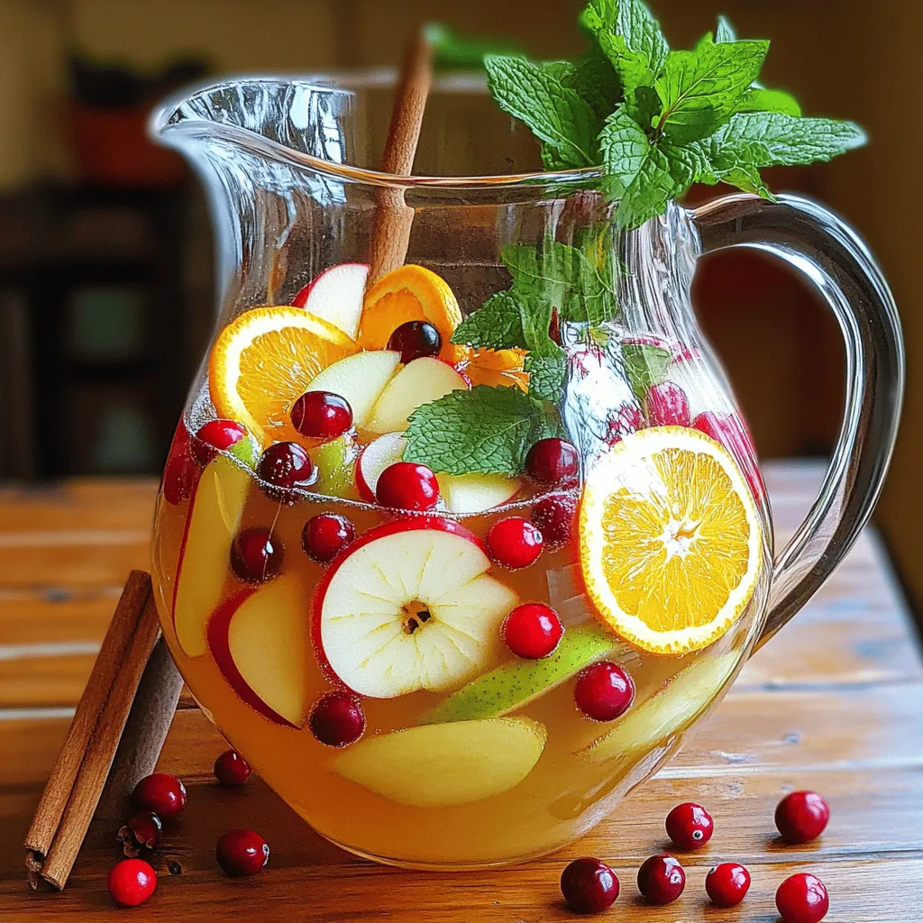 To make a refreshing apple cider sangria with cranberries, gather these key ingredients: - 4 cups apple cider (fresh is best) - 2 cups sparkling water (chilled) - 1 cup fresh cranberries (rinsed) - 2 apples (like Granny Smith or Honeycrisp), cored and thinly sliced - 1 orange, thinly sliced - 1 cinnamon stick - 2 tablespoons maple syrup (optional) - Fresh mint leaves (for garnish) Using fresh ingredients makes a big difference. Fresh apple cider offers a rich flavor that really shines. Fresh cranberries add a nice tartness. Choose ripe apples for sweetness and crunch. Store-bought options may lack the same taste and aroma. If you can, pick fruits at local markets. They often taste better and support local farms. You can customize your sangria to fit your taste. Consider adding: - Other fruits like pears or berries for extra flavor - A splash of brandy or rum for a boozy twist - Different herbs, like basil or rosemary, for a unique scent Feel free to mix and match these options to create your perfect drink! Making apple cider sangria is easy and fun. You need just a few steps to create a drink that delights. Gather your ingredients first. This includes apple cider, sparkling water, fresh cranberries, apples, an orange, a cinnamon stick, and maple syrup. Prepare your pitcher for mixing. 1. Start by pouring 4 cups of fresh apple cider into a large pitcher. 2. Next, add 2 cups of chilled sparkling water. Stir gently with a wooden spoon. This helps keep the fizz. 3. Now, add 1 cup of rinsed cranberries, 2 thinly sliced apples, and 1 thinly sliced orange. Mix them well so every sip is fruity. 4. Insert 1 cinnamon stick into the mixture. This adds a warm, spicy flavor that is great for fall. 5. If you like it sweeter, add 2 tablespoons of maple syrup. Stir until it dissolves completely. 6. Cover the pitcher with a lid or plastic wrap. Place it in the fridge for at least 1 hour. This is key for the flavors to blend nicely. 7. Before serving, stir the sangria again. Taste it and add more maple syrup if you want it sweeter. 8. Fill tall glasses with ice. Pour the sangria over the ice and garnish with fresh mint leaves. Chilling the sangria is crucial. It allows all the flavors to come together. One hour of chilling is best, but you can let it sit longer. The longer it chills, the better the taste. The drink becomes refreshing and vibrant, perfect for any gathering. Enjoy every sip of this delightful sangria! Serve your Apple Cider Sangria in tall glasses filled with ice. I love using mason jars for a fun touch. Garnish each glass with a mint sprig. You can also add a slice of apple or orange on the rim. This makes the drink look festive and inviting. Sometimes, you might want your sangria sweeter. Start with the 2 tablespoons of maple syrup. After mixing, taste it. If you want more sweetness, add more syrup slowly. Stir well each time to mix. This way, you avoid making it too sweet all at once. To add warmth, use a cinnamon stick. It gives a cozy taste that pairs well with apple cider. You can also try adding a pinch of nutmeg for a twist. Just remember, spices can be strong; start small and adjust to your liking. Enjoy experimenting! {{image_4}} You can change up the fruits based on the season. In winter, try adding pomegranate seeds for a burst of color. In spring, fresh strawberries bring a sweet twist. In summer, peaches or berries add a juicy flair. Always keep the apples and cranberries, as they are key flavors. Experimenting with different fruits makes each batch unique and fun. For an adult twist, you can add wine or spirits. A dry white wine pairs well with apple cider. You can also try adding a splash of brandy. This adds depth and warmth to the drink. If you prefer something sweeter, consider adding a fruit-flavored liqueur. Just be sure to adjust the sweetness to match the added alcohol. Not everyone wants alcohol, and that's okay! You can make a delightful mocktail. Use all the same ingredients but skip the wine. You can also substitute sparkling grape juice for the sparkling water. This gives a sweet, fizzy taste that everyone can enjoy. It’s a great way to include everyone at your gathering. To keep your sangria fresh, store it in a sealed pitcher. This helps maintain its flavor and fizz. Avoid adding ice to the pitcher. Ice can dilute the drink. Instead, serve it over ice in individual glasses. If you have leftovers, cover the pitcher tightly with plastic wrap or a lid. This keeps the sangria tasting great. When stored in the fridge, the sangria can last for up to three days. After that, the fruits may lose their crunch. The flavors will also change. If you notice any odd smells or looks, it’s best to toss it. Always check before serving leftovers. Freezing sangria is not recommended. The fruits will become mushy when thawed. Instead, you can freeze the apple cider and use it later. This way, you can make a fresh batch of sangria when you want. Just defrost the cider in the fridge and follow the mixing steps again. Yes, you can make this sangria ahead of time. I often prepare it several hours before guests arrive. This allows the flavors to blend well. Just be sure to store it in the fridge. It tastes best when chilled and allowed to rest. I recommend making it at least one hour in advance. When choosing wine for sangria, I suggest a dry white wine. Varieties like Sauvignon Blanc or Pinot Grigio work great. They add a crisp flavor without being too sweet. You can also try a light red wine, like Garnacha. This sangria pairs well with the fresh fruits and spices. Absolutely! Feel free to mix in other fruits. Berries, pears, or even peaches can add new flavors. Think about what is in season or what you enjoy. The key is to keep a balance of sweet and tart. Experimenting with fruits can make your sangria unique and fun! We covered all the key points to make great sangria. You learned about fresh ingredients versus store-bought options and how to customize your drink with extra flavors. I shared step-by-step instructions and why chilling matters. You now have tips for serving and adjusting sweetness to fit your taste. With variations for every season and helpful storage advice, you're ready to impress friends. Remember, sangria is fun to make and enjoy. Use your creativity to craft the perfect batch!