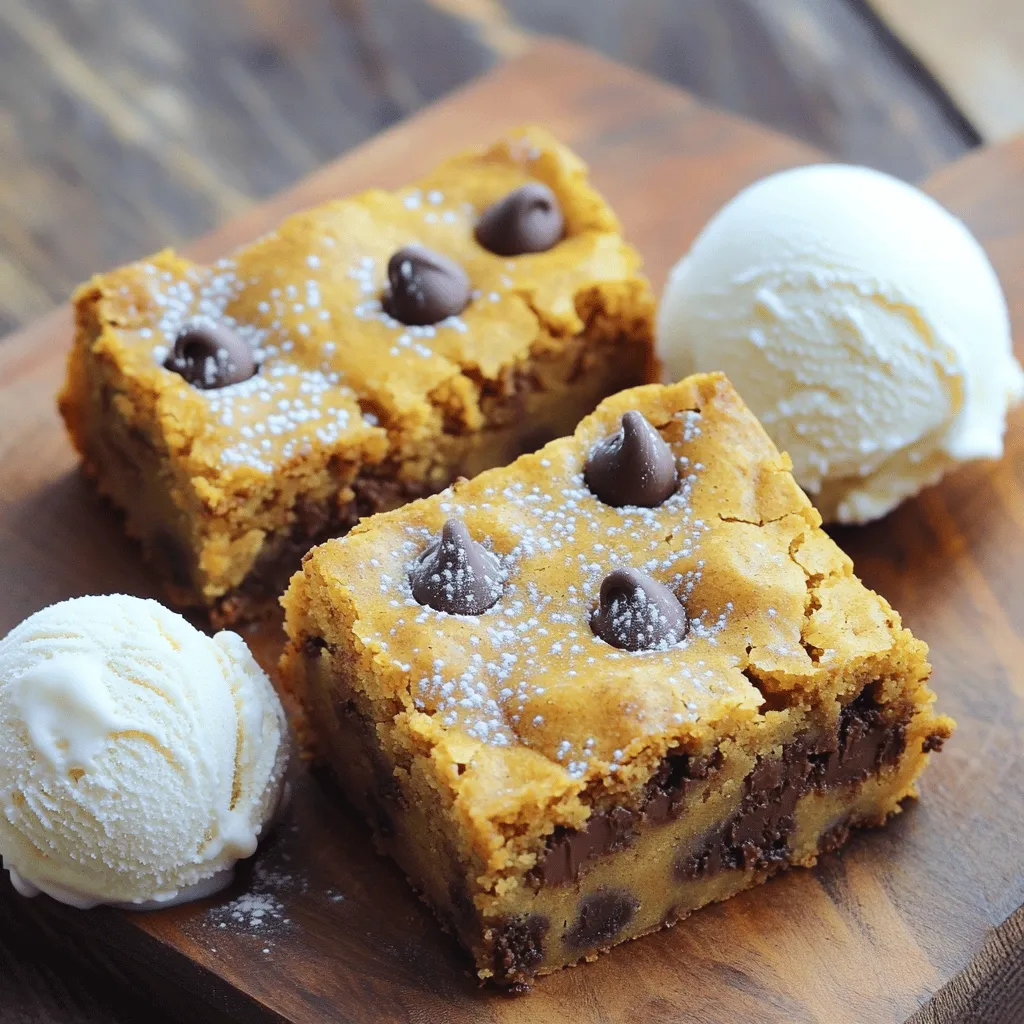 To make Pumpkin Chocolate Chip Blondie Bars, gather these simple ingredients: - 1 cup pumpkin puree (canned or homemade) - 1/2 cup unsalted butter, melted and slightly cooled - 1 cup packed brown sugar (light or dark) - 1/2 cup granulated sugar - 2 large eggs, at room temperature - 1 teaspoon vanilla extract - 1 teaspoon baking powder - 1/2 teaspoon baking soda - 1/2 teaspoon sea salt - 1 teaspoon ground cinnamon - 1/2 teaspoon ground nutmeg - 1 1/2 cups all-purpose flour, sifted - 3/4 cup semi-sweet or dark chocolate chips To spice up your blondies, consider these optional ingredients: - 1/2 cup chopped nuts, like walnuts or pecans - 1/2 cup dried cranberries for a fruity twist - 1 teaspoon pumpkin spice for more flavor - White chocolate chips for a different sweetness You can swap some ingredients if needed: - Use coconut oil instead of butter for a dairy-free option. - Substitute maple syrup for granulated sugar for a natural sweetener. - For gluten-free blondies, replace all-purpose flour with a gluten-free flour blend. - Use flax eggs (1 tablespoon ground flaxseed + 3 tablespoons water) instead of regular eggs for a vegan option. These ingredients are easy to find and perfect for making delicious blondies. Make sure to choose what fits your taste best! First, heat your oven to 350°F (175°C). Grab an 8x8 inch baking pan. Grease it lightly with butter. Line the pan with parchment paper, letting it hang over the sides. This will help you lift the bars out later. In a large bowl, add the melted butter and pumpkin puree. Then, mix in brown sugar and granulated sugar. Stir until it's smooth and creamy. Make sure there are no lumps. Next, add the eggs, one at a time. Mix each egg in well before the next. Finally, add the vanilla extract and stir until combined. In another bowl, sift together the all-purpose flour, baking powder, baking soda, sea salt, ground cinnamon, and ground nutmeg. Sifting helps mix the dry ingredients evenly and removes lumps. Now, fold the dry mixture into the wet mixture. Use a spatula and mix gently until a few streaks of flour remain. Be careful not to overmix, as this keeps the bars soft. Next, fold in the chocolate chips, spreading them evenly through the batter. Pour the batter into the prepared pan. Use your spatula to spread it to the corners. Bake it in the oven for 25-30 minutes. To check if it’s done, stick a toothpick into the center. It should come out with a few moist crumbs, but not wet batter. Let the blondies cool for about 10 minutes. Then, lift them out of the pan using the parchment paper and cool on a wire rack before cutting. To keep your blondies moist, use fresh pumpkin puree. Canned pumpkin works well, too. Avoid overmixing the batter. When blending dry and wet ingredients, mix until just combined. This keeps the texture tender. Also, bake the blondies until a toothpick comes out with moist crumbs. I suggest using an 8x8 inch pan for best results. Line it with parchment paper for easy removal. A spatula is great for mixing and spreading the batter. A whisk helps combine the wet ingredients smoothly. Keep a toothpick handy to check for doneness. One common mistake is not measuring ingredients correctly. Use measuring cups for accuracy. Another issue is baking too long. Keep an eye on your blondies in the oven. If they look dry, they are likely overbaked. Finally, don’t skip the cooling time. Let them cool before cutting to avoid crumbling. {{image_4}} You can switch up your blondies with seasonal fruits. For fall, add dried cranberries. They give a nice tartness that pairs well with pumpkin. Use about half a cup of dried cranberries. You can also mix in nuts like pecans or walnuts for extra crunch. These little changes bring new flavors to the table. If you want to try different sweeteners, you have options. Maple syrup or honey can bring a unique taste. Use about three-quarters of a cup of maple syrup. Remember, this will add moisture, so reduce the butter a bit. If you prefer a low-calorie option, try stevia or erythritol. Adjust the amount according to the package instructions for sweetness. For a gluten-free version, swap the all-purpose flour with almond or coconut flour. Use a gluten-free baking mix if you want a simpler option. To make these blondies vegan, replace the eggs with flax eggs. Mix one tablespoon of ground flaxseed with three tablespoons of water for each egg. Let it sit for a few minutes to thicken. This keeps your blondies moist and delicious without eggs. To keep your pumpkin chocolate chip blondie bars fresh, store them in an airtight container. Place parchment paper between layers to prevent sticking. They stay good for about 4-5 days at room temperature. If you want them to last longer, consider refrigerating them. Just remember to let them come to room temperature before serving for the best flavor. Freezing blondies is easy! First, let them cool completely. Cut the blondies into squares and wrap each piece tightly in plastic wrap. Then, place the wrapped squares in a freezer-safe bag or container. They can stay frozen for up to three months. When you're ready to enjoy them, just thaw them in the fridge overnight. To reheat your blondies, place them in the microwave for about 10-15 seconds. This warms them without drying them out. If you prefer a crispier texture, pop them in the oven at 350°F (175°C) for about 5 minutes. Enjoy them warm, and consider adding a scoop of ice cream on top for extra delight! To cut blondies well, let them cool first. This helps them set up nicely. Use a sharp knife for clean cuts. Wipe the knife with a damp cloth after each cut. This keeps the edges neat and tidy. If you want uniform pieces, use a ruler to mark cuts. You can also use a pizza cutter for fast slicing. Yes, you can make these blondies ahead of time. They store well for a few days. Just keep them in an airtight container at room temperature. For longer storage, wrap them tightly and place them in the fridge. You can even freeze them for up to three months. Just thaw them at room temperature before enjoying. To check if your blondies are done, insert a toothpick in the center. If it comes out with a few moist crumbs, they are ready. If it has wet batter, they need more time. The edges should look set and lightly browned. Remember, they continue to cook slightly after you take them out. These blondies are great on their own but pair well with many treats. Try serving them with a scoop of vanilla ice cream. Whipped cream adds a nice touch too. You can dust them with powdered sugar for a lovely look. For a warm and cozy feel, serve them with a hot cup of chai tea or coffee. You learned about making tasty blondies, including key ingredients and steps. We discussed ways to customize your recipe, like seasonal flavors or alternative sweeteners. I shared tips to keep your blondies moist and avoid mistakes. Plus, you found out how to store and reheat them effectively. Enjoy baking your blondies and experimenting with different variations!