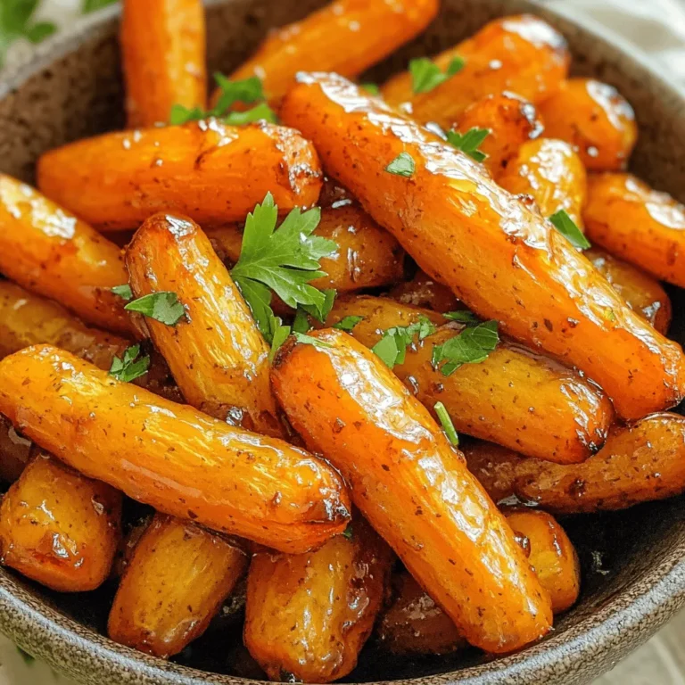 For this tasty dish, you will need: - 1 pound baby carrots, peeled and trimmed - 2 tablespoons honey - 1 tablespoon extra virgin olive oil - 1 teaspoon sea salt - 1/2 teaspoon ground cinnamon - 1/4 teaspoon freshly ground black pepper - 2 tablespoons fresh parsley, finely chopped (for garnish) These ingredients create a lovely glaze. The honey adds sweetness, while the cinnamon gives warmth. The olive oil helps the glaze stick to the carrots. You can switch things up a bit. Here are some ideas: - Use maple syrup instead of honey for a different sweetness. - Add a splash of lemon juice for extra zing. - Try a pinch of cayenne pepper for heat. - Mix in some minced garlic for added flavor. These variations keep the dish fun and exciting. Feel free to get creative! To make this dish, gather these tools: - An air fryer - A large mixing bowl - A whisk for mixing - A cutting board and knife for prepping the carrots Having the right tools will make cooking easier. This way, you can focus on enjoying the process! Start by preheating your air fryer to 375°F (190°C). This step is key for cooking. It takes about 3-5 minutes. A hot air fryer helps the carrots cook evenly. In a big bowl, mix honey, olive oil, sea salt, cinnamon, and black pepper. Use a whisk to blend them well. You want a smooth glaze. This mix will coat the carrots later. Now, add your peeled and trimmed baby carrots to the bowl. Toss them gently in the honey glaze. Make sure each carrot gets a good coat. This adds flavor and makes them shine when cooked. Air frying carrots is quick and easy. Start by preheating your air fryer to 375°F (190°C). This step takes about 3-5 minutes. It helps the carrots cook evenly. After preheating, spread the honey-glazed carrots in the basket. Make sure they lie flat. This allows hot air to flow around them, giving you a nice, caramelized finish. Cook the carrots for 15-18 minutes. This timing helps achieve that perfect tender bite. While cooking, it’s important to shake the basket halfway through. This ensures the carrots brown evenly. When you shake it, the carrots will turn and catch more air. I recommend doing this around the 8-minute mark. If you forget, don’t worry! Just check them later. The goal is to make sure every side gets that tasty glaze. To check if the carrots are done, pierce one with a fork. If it glides in easily, they are ready. You want a soft texture with a slight bite. If they need more time, air fry for another 2-3 minutes. Keep an eye on them to avoid overcooking. Once they look golden and sticky, you’re set! Enjoy those beautiful, glazed carrots. {{image_4}} To get those shiny, glazed carrots, start with fresh baby carrots. Their natural sweetness shines through. Mix honey and olive oil well. This helps the glaze stick to each carrot. Toss them gently to coat. Don't rush this step; it makes a big difference! Air fry at 375°F (190°C) for the best results. Give the basket a shake halfway through cooking. This allows hot air to reach all sides. Aim for 15-18 minutes of cooking time. Check for that golden color and slight stickiness. That means they are done! If you want less sugar, try maple syrup or agave nectar. Both work great and add unique flavors. You can also use brown sugar for a richer taste. Experiment to find the sweetness you like best. Each sweetener brings a new twist to the dish! You can swap baby carrots for other veggies. Try using sliced bell peppers, zucchini, or asparagus. Each vegetable adds its own charm. Just make sure to cut them evenly. This helps them cook at the same time. Want to spice things up? Add a pinch of cayenne pepper or ginger for warmth. A dash of nutmeg can also enhance the sweetness of the honey. Experiment with herbs like thyme or rosemary for a fresh twist. Just remember, start with a little. You can always add more! If you're vegan, replace honey with maple syrup. Olive oil can be switched for coconut oil if you prefer that flavor. For a lower-sodium option, use a salt substitute or skip the salt. These changes keep the dish tasty and fit your needs. Store your leftover honey glazed carrots in an airtight container. Make sure the carrots cool to room temperature first. This keeps the flavors fresh. You can keep them in the fridge for up to three days. If you want to save them longer, freezing is a great choice. To reheat, you can use the air fryer. Heat it to 350°F (175°C). Place the carrots in the basket and cook for about 5-7 minutes. This method keeps the carrots warm and helps them regain some crispness. You can also use a microwave. Just place the carrots in a microwave-safe dish and cover them. Heat for about one minute, checking every 30 seconds. If you want to freeze the honey glazed carrots, first let them cool completely. Then, place them in a single layer on a baking sheet. Freeze them for about one hour. After they are frozen, transfer them to a freezer-safe bag. This method stops them from sticking together. When you're ready to eat, thaw them in the fridge overnight and reheat as mentioned above. Yes, you can use regular carrots. Just cut them into equal pieces. Aim for 1-inch chunks. This helps them cook evenly. Baby carrots are convenient, but regular ones work well too. They have a more intense flavor. To reduce sweetness, cut back on honey. Use only 1 tablespoon instead of 2. You can also add more salt. A pinch of salt balances the flavors. Try adding lemon juice for a tangy twist. The best air fryer temperature for veggies is 375°F (190°C). This temperature cooks them evenly. It helps them caramelize nicely without burning. Always preheat your air fryer for best results. You learned how to make air fryer honey glazed carrots. We covered the key ingredients, tools, and steps for cooking. You also found tips for perfect texture and ideas for variations. Remember, you can use different veggies and spices to make it unique. Store leftovers properly and follow reheating tips for the best taste. Enjoy your tasty carrots anytime!