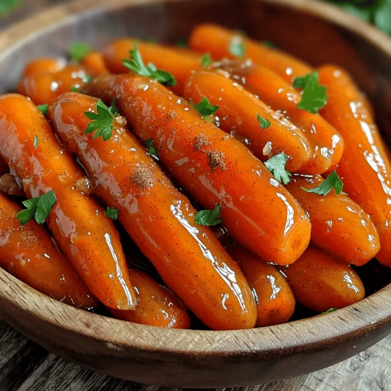To make Maple Brown Sugar Glazed Carrots, you will need simple, fresh ingredients. Here’s what you need: - 1 lb baby carrots, peeled - 3 tablespoons pure maple syrup - 2 tablespoons light brown sugar - 2 tablespoons unsalted butter - 1/2 teaspoon ground cinnamon - Kosher salt and freshly cracked black pepper to taste - 1 tablespoon fresh parsley, finely chopped (for garnish) Each ingredient plays a key role. The baby carrots add sweetness and crunch. Maple syrup brings rich flavor, while brown sugar adds depth. Butter helps create a silky glaze. Ground cinnamon gives warmth, making the dish cozy and inviting. Salt and pepper enhance the taste. Finally, parsley adds color and freshness. When you gather these ingredients, choose high-quality maple syrup. It makes a big difference in taste. Fresh parsley adds a nice touch, both in flavor and look. Enjoy the process of preparing these ingredients. Each step builds anticipation for a delicious dish! Cooking the Carrots Start by placing the peeled baby carrots in a medium pot. Cover them with cold water. Add a pinch of salt to enhance the taste. Turn the heat to medium-high and bring the water to a boil. Once boiling, lower the heat to medium. Let the carrots simmer for about 5-7 minutes. You want them fork-tender but still a bit crisp. Draining and Setting Aside After cooking, carefully drain the carrots in a colander. Let them sit for a moment to remove excess water. This will help the glaze stick better later. Melting Butter with Maple Syrup and Sugar In the same pot, add two tablespoons of unsalted butter. Then, pour in three tablespoons of pure maple syrup and two tablespoons of light brown sugar. Heat this mixture over medium heat. Stir occasionally until the butter melts and the mixture bubbles gently. Adding Seasoning Now, sprinkle in ½ teaspoon of ground cinnamon. Add a pinch of kosher salt and some freshly cracked black pepper. These will add warmth and depth to the glaze. Tossing in the Glaze Return the drained carrots to the pot. Toss them well in the syrupy glaze. Make sure each carrot is coated in the sweet mixture. Cooking for Finish Continue to cook the glazed carrots for 3-5 minutes. Stir often to prevent sticking. You want the glaze to thicken and coat the carrots nicely. They should look glossy and inviting. To get that fork-tender texture, start with fresh baby carrots. Boil them for 5-7 minutes. This timing gives you a nice balance between tender and crisp. If you overcook the carrots, they turn mushy and lose their bright color. Keep an eye on them! To boost the flavor, try adding fresh herbs like thyme or dill. A pinch of nutmeg can also add warmth. If you want it sweeter, add a bit more maple syrup or brown sugar. Adjust these to suit your taste. Serve your glazed carrots warm on a nice platter. The shiny glaze will look inviting. Add sprigs of parsley around the edges for a fresh touch. This simple step makes your dish more appealing and fun! {{image_4}} You can add a crunchy twist by incorporating nuts. Toasted pecans or walnuts work best. They add texture and flavor. Just chop them roughly and mix them in with the carrots. The nuts will have a nice crunch, which contrasts with the soft carrots. Toasting the nuts first brings out their flavor. Simply place them in a dry pan over low heat for a few minutes until golden. If you love spice, consider adding chili flakes. A small pinch can bring a kick to the glaze. Start with just a little and taste as you go. This adds a fun layer of flavor. The heat balances the sweetness of the maple syrup. It’s a great way to surprise your guests with something new. Don’t limit yourself to just carrots. You can use other root veggies. Try parsnips or sweet potatoes for a different taste. Just cut them to the same size as the carrots. They will soak up the glaze well. Cooking times may vary, so check for tenderness. Each veggie brings its own unique flavor, making the dish exciting and versatile. After enjoying your glazed carrots, store any leftovers in an airtight container. This keeps them fresh and tasty. Place the container in the fridge. They will last for about 3-5 days. When you are ready to enjoy them again, take them out and warm them up. To reheat your glazed carrots, use a skillet or microwave. If using a skillet, add a splash of water or maple syrup. This keeps the carrots moist. Heat over low to medium heat until warm. If using a microwave, place the carrots in a bowl. Cover with a damp paper towel and heat for about 1-2 minutes. Check often to avoid overcooking. Yes, you can freeze glazed carrots! Start by letting them cool completely. Then, place them in a freezer-safe bag. Remove as much air as possible before sealing. They can be frozen for up to 3 months. When ready to eat, thaw them in the fridge overnight. Reheat in a skillet or microwave as mentioned before for the best flavor and texture. - Quick Steps Recap To make Maple Brown Sugar Glazed Carrots, follow these simple steps: 1. Place 1 lb of peeled baby carrots in a pot. Fill with cold water and add a pinch of salt. 2. Bring the water to a boil. Reduce heat and simmer for 5-7 minutes until fork-tender. 3. Drain the carrots and set them aside. In the same pot, melt 2 tablespoons of butter with 3 tablespoons of maple syrup and 2 tablespoons of brown sugar. 4. Add 1/2 teaspoon of cinnamon, salt, and pepper. Return the carrots and toss to coat. 5. Cook for 3-5 more minutes until the glaze thickens. 6. Serve the carrots and garnish with chopped parsley. These steps create a sweet and savory side dish with a lovely glaze. - Variations with Different Carrot Types Yes, you can use regular carrots! Just cut them into even-sized pieces. This helps them cook evenly. Baby carrots are sweet and tender. Regular carrots have a bolder flavor. Both options work well in this recipe. Adjust your cooking time based on the size of the carrot pieces. The goal is to keep them tender but not mushy. - Suggested Complementary Dishes Glazed carrots pair well with many dishes. Here are some great options: - Roast chicken or turkey - Grilled steak or pork chops - Quinoa or rice pilaf - A fresh green salad - Mashed potatoes or sweet potatoes These sides enhance the meal and make it feel complete. Enjoy mixing and matching to find your favorite combination! You can now make delicious maple brown sugar glazed carrots with ease. We covered the key ingredients, cooking steps, and ways to enhance flavors. Remember, cooking time matters for the right texture. Feel free to try various nuts or spices for your unique touch. Proper storage will keep leftovers tasty for later. I hope this guide helps you enjoy a flavorful side dish that impresses everyone at your table. Happy cooking!