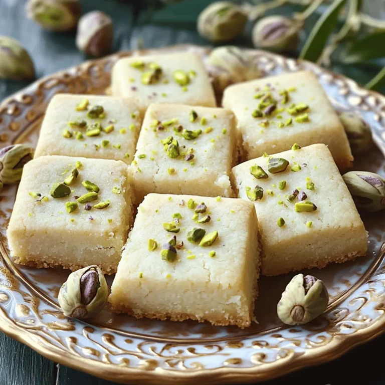 To make Pistachio Rosewater Shortbread, gather these simple ingredients: - 1 cup unsalted butter, softened to room temperature - ½ cup powdered sugar, sifted - 2 cups all-purpose flour, sifted - ½ cup finely ground pistachios - 1 teaspoon pure vanilla extract - 1 tablespoon rosewater - ¼ teaspoon fine sea salt - Extra ground pistachios for garnish Having these items ready makes the process smooth and fun. The butter should be soft, so it mixes well with the sugar. Sift the powdered sugar to keep it light and fluffy. Sifting the flour prevents lumps and helps the cookies rise nicely. Use fresh, finely ground pistachios for the best flavor. The vanilla and rosewater add a lovely sweet note, while the fine sea salt balances the taste. You can also add extra ground pistachios on top of the cookies. This gives them a nice look and extra crunch. Remember to measure carefully to make sure your cookies turn out just right. Enjoy the delightful blend of flavors as you create this tasty treat! 1. First, preheat your oven to 350°F (175°C). Line a baking sheet with parchment paper to stop sticking. 2. In a big bowl, mix the softened butter and sifted powdered sugar. Use a hand mixer to cream them for 3-4 minutes. The mix should feel light and fluffy. 3. Gradually add the sifted all-purpose flour and finely ground pistachios to the creamed mixture. Stir gently until combined, making sure not to overmix. This keeps the shortbread soft. 4. Next, add the pure vanilla extract, rosewater, and fine sea salt. Mix until everything is well blended. 1. Lightly flour a clean surface and put the dough on it. Shape it into a log about 2 inches wide. 2. Wrap the dough log in plastic wrap. Chill it in the refrigerator for about 30 minutes. This helps firm it up for easier slicing. 1. Take the dough log from the fridge. Use a sharp knife to slice it into rounds that are about ½-inch thick. 2. Arrange the slices on your baking sheet, leaving some space between each piece. 3. Sprinkle extra ground pistachios on top of each round for decoration. 4. Place the baking sheet in the oven and bake for 12-15 minutes. Look for a light golden brown edge. 5. After baking, let the cookies cool on the sheet for a few minutes. Then, move them to a wire rack to cool completely. Enjoy the sweet smell of pistachio and rosewater as your cookies bake! To make the best Pistachio Rosewater Shortbread, focus on the mixing. You must avoid overmixing the dough. Overmixing can lead to tough cookies. You want your shortbread to be tender and crumbly. Mix just until everything is combined. Chilling the dough is key for easy slicing. After you shape the dough into a log, wrap it well. Chill it in the fridge for at least 30 minutes. This makes it firm and easier to cut into rounds. Trust me, this step is worth it! Presentation can elevate your cookies from good to great. Start by serving your cookies on a pretty plate. Arrange them neatly, leaving some space. For a lovely touch, sprinkle whole pistachios around the cookies. This adds color and texture. You can also drizzle a rosewater-infused icing on top. It gives a nice shine and extra flavor. Your guests will love the look and taste! {{image_4}} You can take your pistachio rosewater shortbread to the next level. Try adding chocolate chips for a sweet twist. Dark chocolate works well with the rosewater. You can also use other nuts like almonds or hazelnuts. They add a nice crunch and flavor. Another fun idea is to swap extracts. Instead of vanilla, you can use almond extract. This gives a different taste that pairs well with pistachios. Or, try using orange blossom water for a zestier flavor. Get creative with the flavors! If you want a gluten-free version, use almond flour or coconut flour. These flours work great in shortbread recipes. They keep the cookies tender and delicious. Just be sure to adjust the amount you use. For vegans, substitute the butter with coconut oil or vegan butter. You can use flaxseed eggs in place of regular eggs. Mix one tablespoon of ground flaxseed with three tablespoons of water. Let it sit for a few minutes to thicken. This keeps the shortbread tasty and plant-based! To keep your Pistachio Rosewater Shortbread fresh, store them in an airtight container. This helps to maintain their lovely texture and flavor. Place parchment paper between layers to avoid sticking. For the best taste, eat them within one week. You can freeze these cookies for long-term storage. First, let them cool completely. Then, place them in a single layer on a baking sheet. Freeze for about one hour. After that, transfer them to a freezer bag. Squeeze out the air and seal tightly. When you want to enjoy your cookies, take them out and let them thaw at room temperature. This keeps them soft and tasty. Enjoy them as if they were just baked! Pistachio Rosewater Shortbread cookies can last up to one week. Store them in an airtight container. This keeps them fresh and tasty. If you want to enjoy them longer, freeze them. They can stay good for about three months in the freezer. Yes, you can make these cookies ahead of time. Prepare the dough and chill it in the fridge. You can slice and bake them later. This way, you have fresh cookies ready when you need them. If you don’t have rosewater, you can use almond extract instead. It gives a nice flavor, but it is stronger than rosewater. Start with half the amount and taste the dough. Adjust as needed to achieve your desired flavor. To adjust sweetness, add more powdered sugar. A little goes a long way. If you want a stronger flavor, increase the rosewater or vanilla extract. Just be careful not to add too much. Too much can overpower the delicate taste of the shortbread. We covered how to make Pistachio Rosewater Shortbread cookies in this post. You learned about the key ingredients and step-by-step instructions. I shared tips to perfect the texture and ideas for variations. Proper storage and freezing instructions ensure your cookies stay fresh. These cookies are simple and packed with flavor. You can enjoy them anytime or share them with friends. Have fun trying the recipes and making them your own!