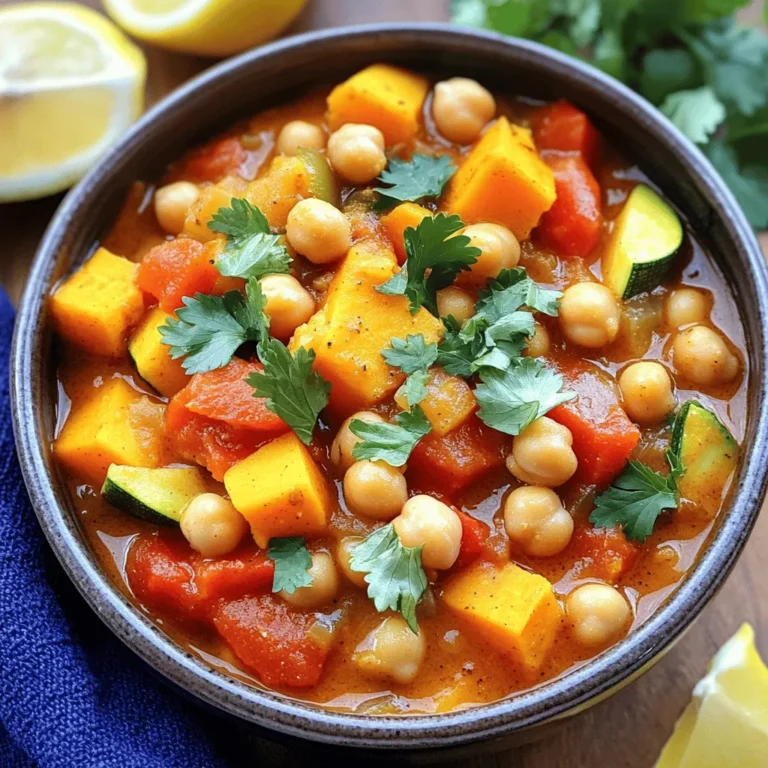 To create a hearty and warm Slow Cooker Moroccan Chickpea Stew, you need these simple ingredients: - 1 can (15 oz) chickpeas, drained and rinsed - 1 large onion, finely chopped - 2 cloves garlic, minced - 1 medium sweet potato, peeled and diced into ½-inch cubes - 1 red bell pepper, chopped into bite-sized pieces - 1 zucchini, chopped into rounds - 1 can (14 oz) diced tomatoes with juices - 2 cups vegetable broth - 2 tablespoons olive oil - 1 tablespoon ground cumin - 1 tablespoon ground coriander - 1 teaspoon ground cinnamon - 1 teaspoon turmeric - ½ teaspoon cayenne pepper (adjust to your spice preference) - Salt and pepper to taste - Fresh cilantro or parsley, chopped, for garnish - Lemon wedges, for serving Each ingredient adds its own flavor and texture. The chickpeas provide protein and heartiness. The sweet potato brings natural sweetness. The spices create warmth and depth. Fresh herbs and lemon give a bright finish. - Start by placing the chopped onion and minced garlic at the bottom of the slow cooker. This creates a nice base for the stew. - Next, layer the diced sweet potato on top. Then, add the chopped red bell pepper and zucchini. This order helps the flavors mix well. - Rinse the chickpeas under cold water, then place them on the layered vegetables. Pour the diced tomatoes over the chickpeas, including all the juice from the can. - In a medium bowl, combine the vegetable broth with ground cumin, ground coriander, ground cinnamon, turmeric, and cayenne pepper. Add a pinch of salt and pepper. Whisk well to mix the spices. - Carefully pour this spiced broth over the ingredients in the slow cooker. Make sure all the vegetables are covered in the liquid. - Drizzle the olive oil on top of the mixture. This adds richness to the stew. - Secure the lid on the slow cooker. Cook on low for 6-8 hours or on high for 4-5 hours. The stew is ready when the vegetables are tender. - Once cooked, taste the stew. Adjust the seasoning with more salt and pepper if needed. Suggestions for Spice Adjustments You can easily change the spice levels in this stew. If you like it mild, use less cayenne pepper. For more heat, add more cayenne or a dash of hot sauce. Ground ginger or paprika also works well for a different flavor. Experiment until you find your favorite blend! Importance of Fresh Ingredients Using fresh ingredients makes a big difference. Fresh vegetables give the stew a bright taste. Try to use fresh herbs, too, like cilantro or parsley. They add color and flavor at the end. Always go for fresh over dried when possible. How Cooking Time Affects Flavor Slow cooking lets all the flavors mix well. If you cook on low for 6-8 hours, the stew becomes rich and thick. On high, cook for 4-5 hours. Adjusting the time helps you control how soft the veggies become. Tips for Adjusting Cooking Time If you’re short on time, cook on high heat. If you can wait, choose low heat. Check the stew about an hour before it finishes. This way, you can taste it and see if it needs more seasoning or time. Best Pairings with the Stew This stew goes well with rice or warm bread. You can use couscous for a nice touch. A simple salad on the side adds freshness. Presentation Tips for Sharing Serve the stew in bright bowls. A sprinkle of fresh herbs on top adds color. Place lemon wedges around the bowl for a pop of yellow. It makes the dish look even more inviting! {{image_4}} You can change up the veggies in this stew. Try adding carrots or spinach for new flavors. Both add color and nutrients. Sweet potatoes add sweetness, but you can swap them for regular potatoes. Each veggie brings its own taste, making the dish unique. You can also use different legumes. Lentils work well in this stew. They cook fast and add protein. Black beans or kidney beans can also fit in nicely. Just remember to adjust the cooking time if you use lentils or other beans. If you want to use an Instant Pot, it’s simple. Set it to high pressure for 15 minutes. Quick release the pressure once done. This method saves time and keeps flavors strong. For stovetop directions, use a large pot. Start by sautéing the onion and garlic. Add the veggies next, then the chickpeas and broth. Bring it to a boil, then simmer for 30-40 minutes until everything is tender. This method gives you a chance to stir and taste as you go. To make the stew milder, cut back on the cayenne pepper. You can also add sweet toppings like yogurt or avocado. These balance the heat while still keeping the flavor. If you like it spicy, add more cayenne or even some chili flakes. You can also serve it with hot sauce on the side. This lets everyone adjust the heat to their own liking. To store leftover stew, let it cool to room temperature. Transfer the stew to an airtight container. Place it in the fridge for up to three days. For reheating, scoop the desired amount into a pot. Heat over medium heat until hot, stirring often. You can also microwave it for 1-2 minutes. Add a splash of broth or water if it’s too thick. You can freeze the stew for up to three months. Use freezer-safe containers or heavy-duty bags. Leave some space at the top for expansion. To thaw, move it to the fridge overnight. You can also use the microwave on defrost. Reheat the thawed stew in a pot over medium heat. Make sure to stir it often until it is hot. If you cannot find chickpeas, try using lentils or white beans. Both options work well in stews. Lentils cook faster, while white beans add a creamy texture. You can also use cooked quinoa for a different twist. You can keep the stew in the fridge for about 4 to 5 days. Just store it in an airtight container. This keeps it fresh and tasty. If you plan to eat it later, make sure to cool it down first. Yes, this stew is already vegan! All the ingredients are plant-based. Just make sure to use vegetable broth. This way, you can enjoy the stew without any animal products. To make more servings, simply double the ingredients. Use two cans of chickpeas and increase the veggies too. You may need a larger slow cooker for all the ingredients. Just keep the same cooking time. This stew pairs nicely with couscous or rice. You can also serve it with warm pita bread. A simple green salad adds a fresh touch, too. For added flavor, try a tangy yogurt sauce on the side. This blog post laid out a simple guide for making a tasty Moroccan chickpea stew. We covered the key ingredients, step-by-step instructions, and tips for better flavor. You learned about variations and storage tips to help you enjoy your stew longer. Cooking can be fun and rewarding. I hope you feel ready to try this recipe. Enjoy your cooking journey!