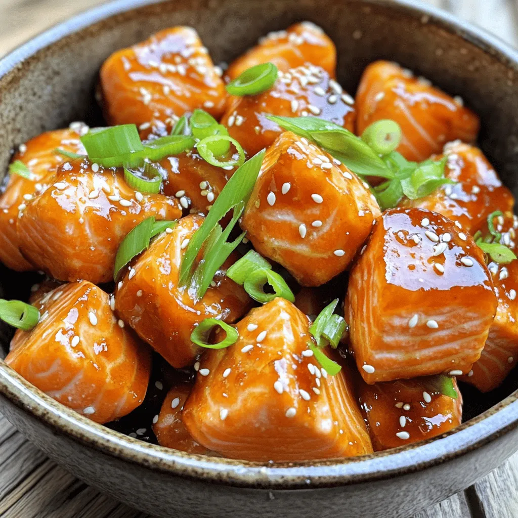 To make tasty teriyaki salmon bites, you need: - 1 lb skinless, boneless salmon fillet, cut into bite-sized cubes - ¼ cup teriyaki sauce (you can use homemade or store-bought) - 1 tablespoon honey (raw honey adds extra flavor) - 1 tablespoon sesame oil - Salt and pepper to taste These tools will help you cook the salmon perfectly: - Air fryer - Medium mixing bowl - Spatula or your hands for tossing - Whisk for mixing the marinade These garnishes add a nice touch: - 2 green onions, finely sliced - 1 tablespoon sesame seeds (toasted for extra crunch) Using these ingredients and tools makes the cooking fun and easy. The flavors blend well, creating a dish that is both simple and delicious. You can customize it with garnishes to impress your guests. With just a few steps, you will have a plate of delightful teriyaki salmon bites ready to enjoy. To start, grab a medium mixing bowl. Pour in ¼ cup of teriyaki sauce. This can be homemade or store-bought, whichever you prefer. Next, add 1 tablespoon of honey. I like using raw honey because it adds a rich flavor. Then, include 1 tablespoon of sesame oil. Whisk the mixture well until everything blends smoothly. This marinade will add great flavor to the salmon. Now, take 1 lb of skinless, boneless salmon fillet. Cut it into bite-sized cubes. Place the salmon cubes into the bowl with the marinade. Use a spatula or your hands to gently toss the salmon. Make sure each piece is well-coated in the marinade. For the best flavor, cover the bowl. Let it sit at room temperature for 15-20 minutes. This gives the salmon time to absorb all that tasty marinade. While the salmon marinates, preheat your air fryer to 400°F (200°C). Let it heat for about 5 minutes. This step is key for getting a crispy outside. After preheating, arrange the marinated salmon cubes in the air fryer basket. Make sure to place them in a single layer, leaving space between each piece. Air fry the salmon bites for 8-10 minutes. Flip them halfway through cooking. They are ready when they are flaky and cooked through. Once done, carefully take them out and season with salt and pepper to your taste. Serve hot, garnished with sliced green onions and toasted sesame seeds for crunch. To get juicy salmon bites, follow a few easy steps. First, marinate the salmon for at least 15 minutes. This helps the flavors soak in. Preheat your air fryer to 400°F (200°C) for about 5 minutes. It ensures that the outside gets crispy. Cook the salmon for 8-10 minutes, flipping halfway. Check for doneness by gently pressing the fish. It should flake easily when done. If you like it sweeter, add more honey to the marinade. For a spicier kick, mix in some chili flakes. You can also swap teriyaki sauce for soy sauce if you prefer a saltier taste. Tailor the recipe to fit your taste. Experiment with different herbs too, like fresh cilantro or basil. Serve the salmon bites on a large platter. Garnish with green onions and sesame seeds for a nice touch. Pour extra teriyaki sauce over the top for added flavor. You can pair these bites with rice or steamed veggies. For a fun twist, serve with toothpicks for easy snacking! {{image_4}} You can switch up the flavor with other sauces. Try soy sauce for a classic taste. Honey mustard adds a sweet and tangy kick. For a spicy twist, use sriracha mixed with soy sauce. Each sauce brings a unique taste to your salmon bites. Experiment with seasonings to elevate your dish. Garlic powder gives depth. A pinch of ginger adds warmth. If you like heat, sprinkle some red pepper flakes. Fresh herbs like cilantro or basil can brighten the flavors. You can also add lemon zest for a fresh finish. Air fryers are great for more than just salmon. Try cod or tilapia; they cook quickly and stay moist. For a richer flavor, use trout or mackerel. Adjust cook times based on the thickness of the fish. Always check for doneness by flaking with a fork. This way, you'll ensure a perfect meal every time. To keep your teriyaki salmon bites fresh, place them in an airtight container. You can store them in the fridge for up to three days. Make sure the container is sealed well to prevent any odors from the fridge getting in. If you have a lot of leftovers, use smaller containers for easy grabs later. When it's time to enjoy your leftovers, reheating is simple. The best way is to use the air fryer. Set it to 350°F (175°C) and heat the salmon bites for about 3-5 minutes. This method keeps them crispy. You can also use a microwave, but it may make them a bit soggy. If you do use the microwave, heat them in short bursts to avoid overcooking. You can freeze teriyaki salmon bites if you want to save them for later. First, let them cool completely. Then, place them in freezer-safe bags or containers. Remove as much air as possible to prevent freezer burn. They can last up to three months in the freezer. When you're ready to eat them, thaw them in the fridge overnight before reheating. Yes, you can use skin-on salmon. Skin adds flavor and texture. Just make sure to remove any scales before cutting it. The skin will crisp up nicely in the air fryer. It may take a bit longer to cook, so adjust your time by a few minutes. Making teriyaki sauce at home is easy and fun. You need just a few ingredients: - ¼ cup soy sauce - 2 tablespoons brown sugar - 1 tablespoon honey - 1 tablespoon rice vinegar - 1 teaspoon cornstarch mixed with 1 tablespoon water (for thickening) Combine the soy sauce, brown sugar, honey, and rice vinegar in a pot over medium heat. Stir until the sugar dissolves. Add the cornstarch mixture to thicken. Stir until it reaches your desired consistency. Let it cool before using. Serve air-fried teriyaki salmon bites with: - Steamed rice or quinoa for a hearty meal - A fresh salad for crunch and color - Roasted vegetables for added flavor You can also try serving it in lettuce wraps for a fun twist. Enjoy experimenting with sides! Teriyaki salmon bites are fun and easy to make. We covered key ingredients, simple steps, and helpful tips. I shared tasty variations and smart storage ideas, too. Remember, you can adjust the flavors to fit your taste. Whether you opt for a different sauce or try various fish, there’s no wrong way to enjoy this dish. Get ready to impress your friends and family with these delicious bites!