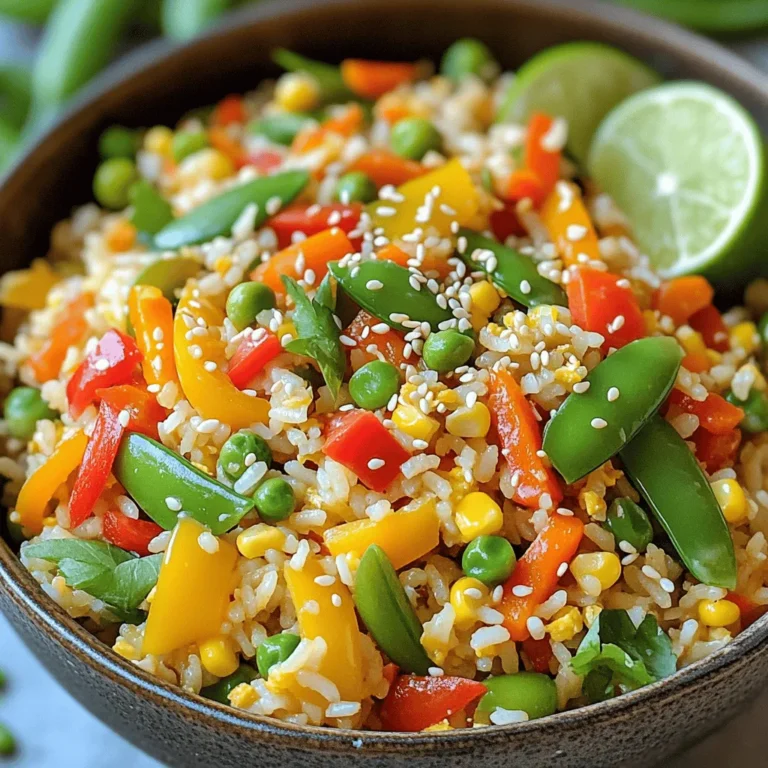 To make veggie loaded fried rice, gather these simple ingredients: - 2 cups cooked jasmine rice - 1 cup assorted bell peppers, diced - 1 cup snap peas, trimmed and halved - 1 cup carrots, julienned - 1/2 cup green onions, sliced - 1/2 cup corn kernels - 3 cloves garlic, minced - 2 tablespoons soy sauce - 1 tablespoon sesame oil - 1 tablespoon olive oil - Salt and pepper to taste - 1 tablespoon sesame seeds Using fresh ingredients gives your fried rice a bright flavor. I love using day-old jasmine rice for the best texture. It’s fluffy and easy to stir-fry. Choose bell peppers in red, yellow, and green for a colorful dish. Snap peas add a nice crunch. Julienne your carrots for even cooking. And don’t forget the garlic! It adds a rich, savory taste. Use soy sauce for seasoning and sesame oil for a nutty flavor. Olive oil works best for cooking the veggies. Adjust salt and pepper to your liking. Finally, sprinkle sesame seeds on top for extra crunch. Feel free to mix and match your veggies based on what you have. This dish is all about creativity and fun! To make great fried rice, start with day-old rice. This rice has a firmer texture. Fresh rice can be too sticky. If you use fresh rice, spread it on a tray to cool. This helps it dry out. When ready, break apart any clumps with your hands. Loosening the rice makes it fluffy. Use a large skillet or wok for this step. Heat olive oil over medium-high heat. The oil should shimmer but not smoke. Once hot, add minced garlic. Stir it for about 30 seconds. You want it fragrant, not browned. Browned garlic can taste bitter, so keep an eye on it! Now it’s time for the veggies! Add diced bell peppers, julienned carrots, and snap peas. Stir-fry these for about 3 to 4 minutes. You want them tender-crisp and bright. Overcooking will make them mushy, so keep stirring! Next, toss in corn kernels and sliced green onions. Mix everything well to ensure even heating. Cook for another minute. The veggies should be warm and vibrant. This step adds sweetness and crunch. Push the veggie mix to one side of the skillet. Pour sesame oil and soy sauce into the empty space. This lets the sauces heat up. Stir everything to combine well. Make sure the veggies are coated evenly. Now, add the prepared rice. Break up any remaining clumps. Stir everything together for about 2 to 3 minutes. You want the rice heated through. Taste it and adjust salt and pepper to your liking. This is where the flavor comes alive! When you’re done cooking, remove the skillet from heat. Garnish your fried rice with sesame seeds and extra green onions. For a nice touch, serve it in deep bowls. Add a slice of fresh lime for a zesty kick. Enjoy your beautiful, veggie-loaded dish! - Choosing the right rice: Use jasmine rice for a fluffy texture. Day-old rice works best. It is less sticky and fries better. Fresh rice can clump and become mushy. - Importance of high heat when cooking: Always cook on high heat. This helps the rice fry instead of steam. High heat keeps the veggies crisp and colorful. - Additional sauces to try: Experiment with oyster sauce or chili sauce for more depth. A splash of these sauces can transform your dish. - Suggested spices for more flavor: Add garlic powder or fresh ginger. These spices can elevate the taste of your fried rice. - Substitutions for oil: Swap olive oil for avocado oil for a healthier option. Avocado oil has a high smoke point and adds healthy fats. - Using less sodium in soy sauce: Choose low-sodium soy sauce. This keeps your dish flavorful while reducing salt. You can also add more veggies for natural flavor. {{image_4}} You can add protein to your veggie fried rice for extra nutrition. Some great options include: - Tofu, diced into small cubes - Chicken, cooked and shredded - Shrimp, peeled and deveined To add protein, cook it in the skillet first. Remove it and set aside. Then, stir-fry the veggies. After adding the rice, mix back in your protein. This keeps everything warm and tasty. For a plant-based meal, ensure all your ingredients are vegan. Choose vegetables like: - Zucchini, diced - Broccoli florets - Baby spinach Mix and match as you like. The more colors you add, the better it looks. A rainbow of veggies makes your dish pop and taste fresh. If you like heat, add chili flakes or fresh chilies. A little goes a long way. You can also switch up the sauces for more flavor. Try: - Sriracha for a spicy kick - Hoisin sauce for sweetness These changes can make your fried rice exciting and new each time you cook it. Store your leftover veggie loaded fried rice in an airtight container. Glass or plastic containers work well. Try to eat it within 3-4 days for the best taste. Keep it in the fridge to maintain freshness. The best ways to reheat fried rice are in a skillet or a microwave. If you use a skillet, heat it on medium. Adding a splash of water can help steam it. If using a microwave, cover it loosely. This keeps moisture in and prevents it from getting dry. Avoid cooking it too long, or it will become soggy. To freeze fried rice, let it cool first. Portion it into freezer bags or containers. Squeeze out the air before sealing. It can last up to 3 months in the freezer. When you want to eat it, defrost it overnight in the fridge. Reheat it on the stove or microwave, adding a bit of water if needed. This keeps it from being dry. Yes, you can use many types of rice. Jasmine rice is best, but brown rice works too. You may also use basmati or short-grain rice. Each type gives a different flavor and texture. If you use a different rice, adjust the cooking time as needed. You can use many veggies in your fried rice. Bell peppers, carrots, and snap peas are great choices. Seasonal veggies like zucchini or broccoli also work well. Feel free to mix and match based on what you have. Fresh vegetables add color and nutrition. You can store fried rice in the fridge for about 3-4 days. Use an airtight container to keep it fresh. If you want to store it longer, freeze it for up to 3 months. Just make sure to cool it completely before freezing. Yes, you can make this fried rice gluten-free! Use tamari instead of soy sauce. Check labels on other ingredients to ensure they are gluten-free. Many brands offer gluten-free options that taste great. Absolutely! Fresh vegetables can enhance the flavor of your fried rice. They may take a bit longer to cook but often have better taste and crunch. If using frozen, thaw them first to avoid extra water in the dish. This blog post covered how to make delicious veggie-loaded fried rice with ease. We discussed the essential ingredients, step-by-step cooking instructions, and helpful tips for perfecting your dish. Remember, you can customize this recipe with different proteins or spice levels. Plus, you learned how to store and reheat your rice for future meals. Enjoy experimenting in the kitchen and make this dish your own. With practice, you'll create a dish that's not just satisfying but also a crowd-pleaser. Happy cooking!