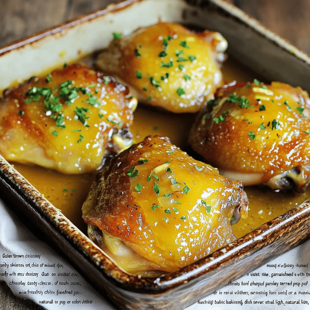 - 4 bone-in, skin-on chicken thighs - 1/4 cup Dijon mustard - 1/4 cup honey - 2 tablespoons olive oil - 2 cloves garlic, minced - 1 teaspoon dried thyme - 1 teaspoon smoked paprika - Salt and freshly ground black pepper, to taste - Fresh parsley, chopped (for garnish) To create my honey mustard chicken thighs, I start with the main ingredients. The chicken thighs bring rich flavor and juicy texture. I prefer bone-in and skin-on for the best results. The Dijon mustard adds a tangy kick, while honey brings a sweet balance. Olive oil helps to keep everything moist. Next, I enhance the flavor with garlic, thyme, and smoked paprika. Garlic gives a nice aroma. Dried thyme adds earthiness. Smoked paprika contributes a subtle smokiness. Seasoning with salt and black pepper ties it all together for a well-rounded taste. Garnishing with fresh parsley adds color and freshness. It makes the dish pop visually. This mix of ingredients is simple yet powerful, making each bite delightful. - Preheat the oven to 400°F (200°C). - Arrange chicken thighs in a baking dish, skin side up. - Combine Dijon mustard, honey, olive oil, garlic, thyme, smoked paprika, salt, and pepper. - Whisk until smooth. - Pour the sauce over the chicken and ensure even coating. - Optional: Marinate for 15-30 minutes. - Bake for 35-40 minutes, or until cooked through. - Broil for added crispiness for 3-5 minutes. - Let the chicken rest for 5 minutes before serving. - Garnish with fresh parsley. When prepping the chicken, I like to start with a clean workspace. It makes cooking more enjoyable. After preheating the oven, I lay the chicken thighs in the dish. Skin side up gets them crispy, which is key. Next, I mix the sauce. The combination of Dijon mustard and honey creates a sweet and tangy flavor. Olive oil adds richness. The garlic and thyme give it a fresh taste. Whisking until smooth ensures no lumps remain. Coating the chicken is my favorite part. I pour the honey mustard sauce over the thighs, using a spatula to coat every inch. This step is vital for flavor. If you have time, let the chicken marinate. It makes a difference! Baking is simple. I place the dish in the oven and set a timer. The smell that fills the kitchen is amazing! I check the chicken after 35 minutes to see if it's done. The skin should be golden and crispy. For an extra touch, I broil the chicken for a few minutes. This step gives the skin a perfect crunch. After broiling, I let the chicken rest. This keeps the juices locked in. Finally, I sprinkle fresh parsley on top for color and flavor. Marinating chicken before baking is key to a tasty meal. It allows the flavors to soak in and makes the chicken juicy. You can marinate for 15-30 minutes. This step is optional, but I strongly recommend it. To ensure perfect doneness, use a meat thermometer. Chicken is safe to eat at 165°F (75°C). This guarantees a tender and flavorful bite every time. For crispy skin, broil the chicken for a few minutes at the end. Watch it closely to avoid burning. Broiling adds a great crunch. When baking, place the chicken skin-side up. This helps the fat render, leading to a crispier finish. You can also pat the skin dry with paper towels before cooking. This helps achieve that golden brown color. Pair honey mustard chicken thighs with tasty side dishes. Roasted veggies or a fluffy rice bed work well. Fresh greens or a light salad can balance the meal. For a beautiful plate, arrange the chicken on a wooden board. Add seasonal veggies and some lemon wedges for a pop of color. This makes your meal look as good as it tastes! {{image_4}} To bake honey mustard chicken thighs, preheat your oven to 400°F (200°C). Arrange the chicken in a baking dish, skin side up. You can adjust cooking time slightly based on thickness. Bake for 35-40 minutes. Use a meat thermometer to check the chicken reaches 165°F (75°C). For extra crisp, broil for 3-5 minutes. For grilling, start by marinating the chicken thighs in the honey mustard mix. Let them sit for 30 minutes to soak in the flavors. Preheat your grill to medium-high heat, around 400°F (200°C). Grill the chicken thighs for 6-7 minutes on each side. Aim for that same internal temperature of 165°F (75°C). The grill adds a smoky flavor that complements the mustard. To make kabobs, cut chicken into bite-sized pieces. Marinate as usual, then thread the chicken onto skewers. You can add veggies like bell peppers or onions for color and taste. Grill or bake the skewers for 10-15 minutes. Serve with a side of rice or a fresh salad for a fun meal. To store leftover honey mustard chicken thighs, let them cool first. Place the chicken in an airtight container. This helps keep the chicken fresh. You can also wrap it tightly in plastic wrap. I recommend using glass or plastic containers with tight lids. This will prevent spills and keep the flavors intact. If you want to freeze cooked chicken, wrap it well. Use aluminum foil or freezer bags. Make sure to squeeze out all the air. This avoids freezer burn and keeps the chicken tasty. When you're ready to eat, thaw the chicken in the fridge overnight. To reheat, simply warm it in the oven at 350°F (175°C) until heated through. Leftovers can last up to four days in the fridge. Always check for spoilage signs. If you see any off smells or discoloration, it’s best to throw it away. Proper storage helps ensure your honey mustard chicken thighs stay delicious for your next meal! For the best flavor, coat the chicken thighs well. Use a mix of Dijon mustard, honey, olive oil, garlic, thyme, paprika, salt, and pepper. Place the thighs in a bowl or bag and pour the marinade over them. Make sure every piece gets covered. Let them sit for 15 to 30 minutes at room temperature. This step helps the flavors soak in. For a stronger flavor, you can marinate them longer in the fridge. Yes, you can use boneless chicken thighs. They will cook faster than bone-in ones. Reduce the baking time by about 10 minutes. Check for doneness at 25 to 30 minutes. Always coat the boneless thighs with the honey mustard sauce just as you would with bone-in thighs. This keeps the flavor rich and tasty. The best way to check is by using a meat thermometer. Insert it into the thickest part of the thigh. The chicken should reach an internal temperature of 165°F (75°C). This ensures it is safe to eat. You can also look for visual signs. The skin should be golden brown and crispy. The juices should run clear when you cut into the meat. If you see any pink, it needs more cooking. Always let your chicken rest for a few minutes before serving to keep it juicy. You now have a quick, tasty recipe for honey mustard chicken thighs. The key lies in the sauce made of Dijon, honey, and spices. Remember to marinate for the best flavor and to check your chicken's internal temperature for safety. Try grilling or making skewers for fun twists. Don't forget to store leftovers properly for later meals. This dish is easy to prepare and delicious, perfect for any weeknight dinner. Enjoy the meal and be creative with your ingredients!