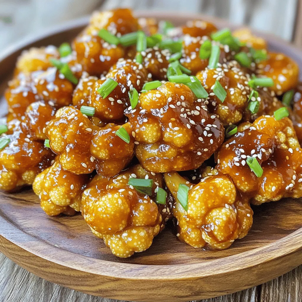 - 1 medium head of cauliflower, cut into bite-sized florets - 1 cup cornstarch - 1/2 cup vegetable oil (for frying) - 1/4 cup soy sauce - 1/4 cup pure maple syrup - 1 tablespoon rice vinegar - 1 tablespoon toasted sesame oil - 2 cloves garlic, finely minced - 1 teaspoon fresh ginger, grated - 2 tablespoons sesame seeds (white or black for contrast) - 2 green onions, finely chopped (for garnish) - Salt and pepper to taste These ingredients create that rich, sticky flavor. The cauliflower gives a nice texture. Cornstarch helps it become crispy when fried. Oil is key for frying, while soy sauce and maple syrup add the sweet and salty taste. Garlic and ginger boost the flavor, making it more aromatic. - Chili flakes for heat - Fresh herbs like cilantro for garnish - Lime juice for brightness - Peanuts for crunch These optional ingredients can enhance your dish. Adding chili flakes gives it a kick. Fresh herbs add a burst of color and flavor. Lime juice brightens up the taste. Peanuts add a nice crunch and extra richness. - Cauliflower: Try broccoli or Brussels sprouts for a twist. - Soy sauce: Use tamari for a gluten-free option. - Maple syrup: Honey or agave syrup works well too. - Vegetable oil: Canola or peanut oil are good substitutes. Substitutions make the dish your own. Broccoli or Brussels sprouts work great if you want something different. Tamari is perfect for gluten-free needs. Honey or agave syrup can replace maple syrup easily. Canola or peanut oil can be used for frying, ensuring flavor stays intact. Start by cutting the cauliflower into bite-sized florets. This helps with even cooking. In a large bowl, add the florets with salt, pepper, and cornstarch. Toss them well until they are fully coated. The cornstarch will give them a crunchy texture when fried. Next, heat the vegetable oil in a large pan over medium-high heat. The oil should shimmer but not smoke. Add the cauliflower florets in small batches. Fry them for about 5 to 7 minutes. You want them golden brown and crispy on all sides. Use a slotted spoon to remove them and place them on paper towels. This helps to soak up extra oil. In a small saucepan, mix together soy sauce, maple syrup, rice vinegar, and toasted sesame oil over low heat. Add minced garlic and grated ginger to the mix. Stir gently and let it warm for 2 to 3 minutes. The smell will be amazing! Once the sauce is ready, return the crispy cauliflower to the pan. Pour the warm sauce over the cauliflower. Use a spatula to toss everything until the florets are coated in that sticky goodness. While the cauliflower is warm, sprinkle sesame seeds over the top. Toss gently to help them stick. Then, transfer the cauliflower to a nice serving dish. For a fresh touch, add chopped green onions on top. This not only looks great but adds a burst of flavor too. Serve it hot and enjoy this tasty dish! To get that perfect crispy texture, start with dry cauliflower florets. Pat them down with a paper towel before coating. Use cornstarch for the coating. It helps the cauliflower crisp up nicely when fried. Fry in small batches to avoid steaming. Hot oil makes a big difference too. Keep the oil around 350°F, and don't rush it. Fry until golden brown and crispy. For a great wine to pair, I suggest a dry Riesling. Its sweet notes balance the saltiness of the dish. A Sauvignon Blanc also works well, with its crisp acidity. If you prefer red, try a light Pinot Noir. These wines enhance the flavors without overpowering them. One common mistake is overcrowding the pan. This leads to soggy cauliflower instead of crispy bites. Another mistake is not heating the oil enough. If the oil isn’t hot, the cauliflower will absorb too much oil. Lastly, don’t skip the cornstarch coating. It’s key for that tasty crunch you want. {{image_4}} To make a spicy version, I add chili flakes or sriracha to the sauce. Start with a teaspoon and adjust to your taste. This adds a nice kick, making the dish more exciting. You can also toss in some sliced jalapeños while frying the cauliflower for added heat. For a gluten-free option, simply swap soy sauce with tamari. Tamari gives you that rich umami flavor without gluten. Ensure your cornstarch is certified gluten-free as well. This way, everyone can enjoy this tasty dish without worry. You can make this dish more filling by adding vegetables or proteins. Bell peppers, broccoli, or snap peas work great. Just stir-fry them with the cauliflower for extra color and crunch. For protein, try adding tofu or tempeh. Coat them in cornstarch and fry until golden. Then mix them into the sticky sauce for a complete meal. To store leftovers, let the sticky sesame cauliflower cool down first. Place it in an airtight container. Keep it in the fridge for up to three days. Make sure the lid is sealed well to maintain freshness. This dish tastes best when fresh, but you can still enjoy it later! For reheating, I recommend using an oven or an air fryer. Preheat your oven to 350°F (175°C). Spread the cauliflower on a baking sheet and heat for about 10 minutes. This helps it stay crispy. If using an air fryer, set it to 350°F for 5-7 minutes. Avoid the microwave, as it may make the cauliflower soggy. You can freeze sticky sesame cauliflower for longer storage. First, let it cool completely. Then, place it in a freezer-safe bag. Remove as much air as possible before sealing. It can last up to three months in the freezer. When ready to eat, thaw it overnight in the fridge. Reheat as mentioned above for the best texture. Yes, you can bake Sticky Sesame Cauliflower. Preheat your oven to 425°F (220°C). Toss the cornstarch-coated cauliflower with a little vegetable oil. Spread them out on a baking sheet. Bake for 25-30 minutes. Flip halfway through for even cooking. This method gives you a lighter, crispy texture. Serve Sticky Sesame Cauliflower with steamed rice or quinoa. A side of sautéed greens, like bok choy or spinach, adds color and nutrients. You can also pair it with a fresh salad for a nice crunch. This dish works great as a main or side. Sticky Sesame Cauliflower lasts about 3-4 days in the fridge. Store it in an airtight container to keep it fresh. Reheat in a skillet or microwave before serving for best taste. The sauce may soften the cauliflower, but it remains tasty. Yes, feel free to use other vegetables. Broccoli, Brussels sprouts, or even bell peppers work great. Cut them into similar sizes as the cauliflower. Adjust cooking times as needed for different veggies to ensure they cook evenly. Yes, Sticky Sesame Cauliflower is vegan-friendly. All the ingredients, like soy sauce and maple syrup, are plant-based. This dish is a great option for vegans or anyone looking to enjoy a meat-free meal. This blog post guides you through making Sticky Sesame Cauliflower. You learned about key and optional ingredients, with ideas for substitutions. The step-by-step instructions cover preparing, cooking, and coating the cauliflower, plus tips for a crispy finish. You explored tasty variations and found storage tips for leftovers. Mind the FAQs for quick answers about cooking methods, side dishes, and storage. Try this recipe at home. Enjoy delicious, easy meals that impress your friends.