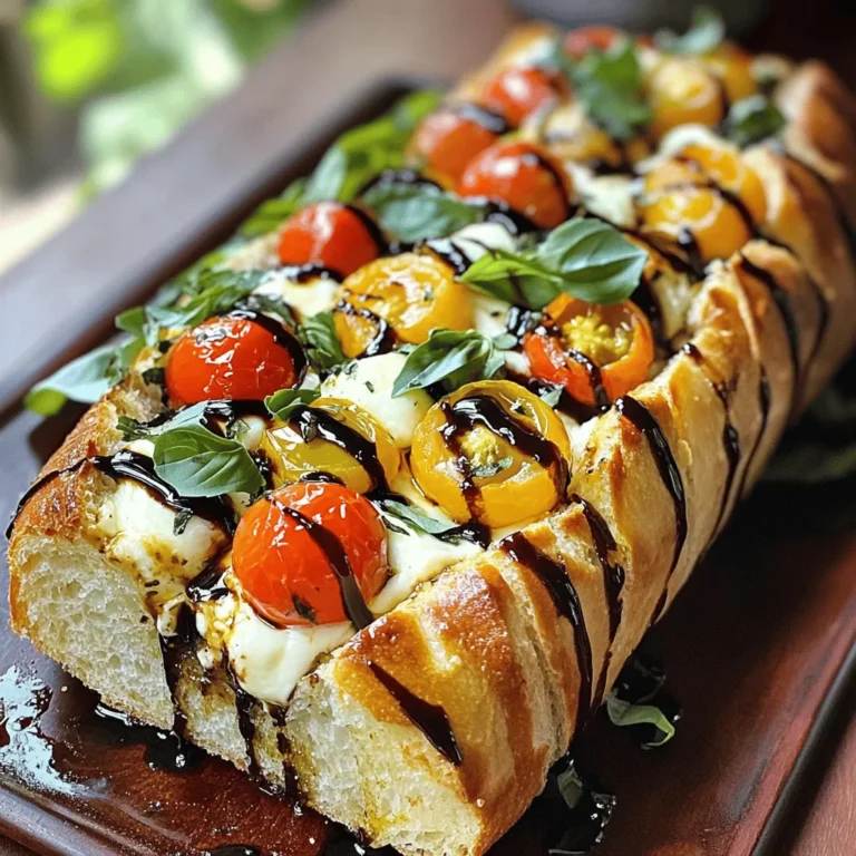 - 1 large loaf of rustic Italian bread - 4 tablespoons unsalted butter, softened - 3 cloves garlic, finely minced - 1 cup fresh basil leaves, coarsely chopped - 1 cup cherry tomatoes, halved - 1 cup fresh mozzarella cheese, diced - 1 tablespoon balsamic glaze - Salt and freshly ground pepper When you gather these ingredients, you set the stage for a delicious treat. Rustic Italian bread brings a crusty exterior with a soft, chewy inside. The unsalted butter adds richness, while the garlic gives bold flavor. Fresh basil leaves add a nice herbal touch. Cherry tomatoes bring sweetness and juiciness. The mozzarella melts beautifully, creating a gooey texture. The balsamic glaze offers a sweet tang that ties it all together. Lastly, salt and pepper enhance each bite. - Caloric content per serving: Approximately 280 calories - Macronutrient breakdown: - Carbohydrates: 30g - Protein: 10g - Fat: 13g Knowing the caloric and macronutrient information helps you enjoy this dish mindfully. Each serving provides a good mix of carbs, protein, and fats. - Alternative bread options: Use ciabatta or focaccia for different textures. - Dairy-free cheese alternatives: Try cashew cheese or almond-based options for a vegan twist. - Using dried herbs vs. fresh: If fresh basil is not available, use 1 tablespoon of dried basil instead. These substitutions allow you to tweak the recipe to fit your tastes or dietary needs. Feel free to experiment! - Preheat your oven to 375°F (190°C). - Take a sharp knife and slice the Italian bread in half lengthwise. - In a small bowl, mix together the softened butter and minced garlic. - In another bowl, combine the halved cherry tomatoes, diced mozzarella, chopped basil, salt, and pepper. - Take the garlic butter and spread it on both cut sides of the bread. - Spoon the Caprese mixture onto the bottom half of the bread, spreading it evenly. - Drizzle balsamic glaze over the filling. - Place the top half back on and wrap the loaf in aluminum foil. - Bake in the preheated oven for 15-20 minutes, until the cheese melts and the bread crisps. - After that, unwrap the foil and return the bread to the oven for an extra 5 minutes to crisp the crust. - Let the garlic bread cool for a few minutes. - Slice it into generous pieces before serving. Enjoy it warm for the best flavors! To make your Caprese stuffed garlic bread shine, adjust the garlic amount to match your taste. If you love garlic, add more. If you prefer a milder flavor, use less. Fresh ingredients are crucial. They bring the best flavor and texture to your dish. Always choose fresh basil, ripe tomatoes, and quality mozzarella. This will make a big difference in taste. Every oven is unique. You may need to adjust the cooking time based on your oven's heat. If your oven runs hot, check the bread a few minutes early. For larger loaves, add a few extra minutes to the bake time. Keep an eye on it so the outside gets crispy while the cheese melts perfectly. To serve your stuffed garlic bread, use a rustic wooden board. It adds charm and makes it look inviting. After slicing, drizzle extra balsamic glaze over the top. This adds sweetness and visual appeal. Garnish with fresh basil leaves for a pop of color. These small touches create a beautiful dish that everyone will enjoy. {{image_4}} You can boost flavor by adding extra fillings. - Prosciutto or salami: These meats add a savory touch. The saltiness pairs well with the cheese and tomatoes. - Spinach or arugula: Adding greens brings freshness. They balance the richness of the cheese. Cheese options can change the dish's taste. - Feta or goat cheese: These cheeses offer a tangy flavor. They work well in place of mozzarella. - Mozzarella alternatives: If you need a dairy-free option, try cashew cheese. It's creamy and delicious. A few tweaks can amp up the taste. - Crushed red pepper: A sprinkle adds heat and depth. Use it if you enjoy a spicy kick. - Experimenting with herbs: Try adding oregano or thyme. Fresh or dried herbs can make the flavors pop. To keep your Caprese stuffed garlic bread fresh, wrap it tightly in plastic wrap or aluminum foil. Store it in the fridge. This will keep the bread moist and tasty. Leftovers can last up to three days in the refrigerator. After that, the bread may dry out or lose flavor. To reheat and keep your bread crispy, preheat your oven to 375°F (190°C). Place the bread on a baking sheet. Bake for about 10 minutes. This method helps the bread retain its crunch. Avoid using the microwave, as it can make the bread soggy. You can freeze this garlic bread before or after baking. If freezing before baking, wrap it well in foil. Place it in a freezer bag. If freezing after baking, let it cool first. Wrap it tightly in foil to keep air out. It can last up to three months in the freezer. Yes, you can prepare this dish in advance. Make the garlic butter and Caprese filling earlier. Store them in the fridge in separate containers. When ready to bake, spread the butter and layer the filling on the bread. Then, wrap and bake as directed. This method keeps your garlic bread fresh and tasty! This garlic bread pairs well with many sides. Here are some great options: - A fresh green salad with lemon vinaigrette. - Tomato soup for a classic combo. - Grilled vegetables for a colorful plate. - A light pasta dish, like spaghetti aglio e olio. These sides balance the rich flavors of the bread. Absolutely! This recipe is fully vegetarian. It features fresh tomatoes, mozzarella, and basil. These ingredients are tasty and full of nutrients. Plus, they create a colorful dish. Vegetarians can enjoy this savory treat without any issues. To make this dish gluten-free, choose gluten-free bread. Many brands offer great options that taste good. Check the label to ensure it is certified gluten-free. You can use gluten-free rolls or baguettes as a delicious alternative. For the complete recipe of Caprese-Stuffed Garlic Bread Delight, visit this link: [Caprese-Stuffed Garlic Bread Delight 🥖](#) This blog post covered everything you need to make Caprese-Stuffed Garlic Bread. We talked about the key ingredients, how to prepare them, and even storage tips. You can make this dish your own with easy substitutions and by adding new flavors. In the end, cooking is about enjoying the process. Have fun, share with friends, and savor every bite. Happy cooking!
