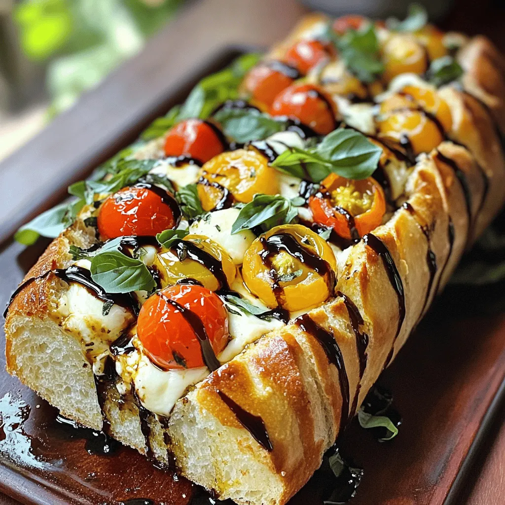 - 1 large loaf of rustic Italian bread - 4 tablespoons unsalted butter, softened - 3 cloves garlic, finely minced - 1 cup fresh basil leaves, coarsely chopped - 1 cup cherry tomatoes, halved - 1 cup fresh mozzarella cheese, diced - 1 tablespoon balsamic glaze - Salt and freshly ground pepper When you gather these ingredients, you set the stage for a delicious treat. Rustic Italian bread brings a crusty exterior with a soft, chewy inside. The unsalted butter adds richness, while the garlic gives bold flavor. Fresh basil leaves add a nice herbal touch. Cherry tomatoes bring sweetness and juiciness. The mozzarella melts beautifully, creating a gooey texture. The balsamic glaze offers a sweet tang that ties it all together. Lastly, salt and pepper enhance each bite. - Caloric content per serving: Approximately 280 calories - Macronutrient breakdown: - Carbohydrates: 30g - Protein: 10g - Fat: 13g Knowing the caloric and macronutrient information helps you enjoy this dish mindfully. Each serving provides a good mix of carbs, protein, and fats. - Alternative bread options: Use ciabatta or focaccia for different textures. - Dairy-free cheese alternatives: Try cashew cheese or almond-based options for a vegan twist. - Using dried herbs vs. fresh: If fresh basil is not available, use 1 tablespoon of dried basil instead. These substitutions allow you to tweak the recipe to fit your tastes or dietary needs. Feel free to experiment! - Preheat your oven to 375°F (190°C). - Take a sharp knife and slice the Italian bread in half lengthwise. - In a small bowl, mix together the softened butter and minced garlic. - In another bowl, combine the halved cherry tomatoes, diced mozzarella, chopped basil, salt, and pepper. - Take the garlic butter and spread it on both cut sides of the bread. - Spoon the Caprese mixture onto the bottom half of the bread, spreading it evenly. - Drizzle balsamic glaze over the filling. - Place the top half back on and wrap the loaf in aluminum foil. - Bake in the preheated oven for 15-20 minutes, until the cheese melts and the bread crisps. - After that, unwrap the foil and return the bread to the oven for an extra 5 minutes to crisp the crust. - Let the garlic bread cool for a few minutes. - Slice it into generous pieces before serving. Enjoy it warm for the best flavors! To make your Caprese stuffed garlic bread shine, adjust the garlic amount to match your taste. If you love garlic, add more. If you prefer a milder flavor, use less. Fresh ingredients are crucial. They bring the best flavor and texture to your dish. Always choose fresh basil, ripe tomatoes, and quality mozzarella. This will make a big difference in taste. Every oven is unique. You may need to adjust the cooking time based on your oven's heat. If your oven runs hot, check the bread a few minutes early. For larger loaves, add a few extra minutes to the bake time. Keep an eye on it so the outside gets crispy while the cheese melts perfectly. To serve your stuffed garlic bread, use a rustic wooden board. It adds charm and makes it look inviting. After slicing, drizzle extra balsamic glaze over the top. This adds sweetness and visual appeal. Garnish with fresh basil leaves for a pop of color. These small touches create a beautiful dish that everyone will enjoy. {{image_4}} You can boost flavor by adding extra fillings. - Prosciutto or salami: These meats add a savory touch. The saltiness pairs well with the cheese and tomatoes. - Spinach or arugula: Adding greens brings freshness. They balance the richness of the cheese. Cheese options can change the dish's taste. - Feta or goat cheese: These cheeses offer a tangy flavor. They work well in place of mozzarella. - Mozzarella alternatives: If you need a dairy-free option, try cashew cheese. It's creamy and delicious. A few tweaks can amp up the taste. - Crushed red pepper: A sprinkle adds heat and depth. Use it if you enjoy a spicy kick. - Experimenting with herbs: Try adding oregano or thyme. Fresh or dried herbs can make the flavors pop. To keep your Caprese stuffed garlic bread fresh, wrap it tightly in plastic wrap or aluminum foil. Store it in the fridge. This will keep the bread moist and tasty. Leftovers can last up to three days in the refrigerator. After that, the bread may dry out or lose flavor. To reheat and keep your bread crispy, preheat your oven to 375°F (190°C). Place the bread on a baking sheet. Bake for about 10 minutes. This method helps the bread retain its crunch. Avoid using the microwave, as it can make the bread soggy. You can freeze this garlic bread before or after baking. If freezing before baking, wrap it well in foil. Place it in a freezer bag. If freezing after baking, let it cool first. Wrap it tightly in foil to keep air out. It can last up to three months in the freezer. Yes, you can prepare this dish in advance. Make the garlic butter and Caprese filling earlier. Store them in the fridge in separate containers. When ready to bake, spread the butter and layer the filling on the bread. Then, wrap and bake as directed. This method keeps your garlic bread fresh and tasty! This garlic bread pairs well with many sides. Here are some great options: - A fresh green salad with lemon vinaigrette. - Tomato soup for a classic combo. - Grilled vegetables for a colorful plate. - A light pasta dish, like spaghetti aglio e olio. These sides balance the rich flavors of the bread. Absolutely! This recipe is fully vegetarian. It features fresh tomatoes, mozzarella, and basil. These ingredients are tasty and full of nutrients. Plus, they create a colorful dish. Vegetarians can enjoy this savory treat without any issues. To make this dish gluten-free, choose gluten-free bread. Many brands offer great options that taste good. Check the label to ensure it is certified gluten-free. You can use gluten-free rolls or baguettes as a delicious alternative. For the complete recipe of Caprese-Stuffed Garlic Bread Delight, visit this link: [Caprese-Stuffed Garlic Bread Delight 🥖](#) This blog post covered everything you need to make Caprese-Stuffed Garlic Bread. We talked about the key ingredients, how to prepare them, and even storage tips. You can make this dish your own with easy substitutions and by adding new flavors. In the end, cooking is about enjoying the process. Have fun, share with friends, and savor every bite. Happy cooking!