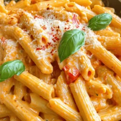 - 12 oz penne pasta - 2 large red bell peppers, roasted and peeled - 1 cup heavy cream - 3 cloves garlic, minced - 1 tablespoon olive oil - 1 teaspoon smoked paprika - Salt and freshly cracked black pepper to taste - 1/2 cup freshly grated Parmesan cheese - Optional: Red pepper flakes for added heat - Fresh basil leaves, for garnish The main ingredients for this creamy roasted red pepper pasta make it rich and flavorful. You start with penne pasta, which holds the sauce well. Roasted red bell peppers give it a sweet and smoky taste. Heavy cream makes the sauce smooth and creamy. Minced garlic adds a punch of flavor. A drizzle of olive oil helps bring everything together. Next, for seasoning, I use smoked paprika, which gives a warm depth to the dish. Salt and freshly cracked black pepper add essential taste. Grated Parmesan cheese adds a salty, nutty layer that makes every bite delightful. If you want some heat, red pepper flakes are a great option. Lastly, fresh basil leaves are a must for garnish. They add color and a fresh burst of flavor. Every bite of this pasta is like a warm hug. It’s simple, yet so satisfying! To start, preheat your oven to 400°F (200°C). Take two large red bell peppers and place them on a baking sheet lined with parchment paper. Roast the peppers for about 20-25 minutes. Turn them halfway through. You want the skin to char and blister. Once they are done, remove the baking sheet from the oven. Cover the peppers with aluminum foil. Let them steam for about 10 minutes. This will help you peel them easily. After steaming, carefully peel off the charred skin and remove the seeds. Set the roasted peppers aside for later. While your peppers cool, bring a large pot of salted water to a boil. Add 12 oz of penne pasta to the boiling water. Cook the pasta according to the package instructions, usually around 10-12 minutes for that perfect al dente texture. Once cooked, drain the pasta in a colander. Save about 1/2 cup of the pasta water for later use. Now, it’s time to make the sauce. In a blender, combine the peeled roasted red peppers, 1 cup of heavy cream, 3 minced garlic cloves, and 1 teaspoon of smoked paprika. Don't forget a pinch of salt and pepper. Blend everything on high speed until the mixture is completely smooth. This vibrant sauce is the heart of your dish. In a large skillet, heat 1 tablespoon of olive oil over medium heat. Once hot, pour in the blended creamy red pepper sauce. Let it simmer gently for about 5-7 minutes. Stir occasionally to prevent sticking. If you find the sauce too thick, add the reserved pasta water, one tablespoon at a time, until you reach the desired consistency. Next, add the drained penne pasta directly into the skillet. Stir well to coat the pasta evenly with the sauce. Add in 1/2 cup of freshly grated Parmesan cheese. Mix until it melts, creating a creamy texture. Taste your creamy pasta. Adjust the seasoning with extra salt and pepper, if needed. Serve the pasta in individual bowls. Garnish each bowl with fresh basil leaves for color and flavor. If you like some heat, sprinkle red pepper flakes on top before serving. Enjoy this creamy roasted red pepper pasta! To get the best creaminess in your sauce, use heavy cream. It adds a rich texture. Blend your roasted red peppers well. Make sure there are no lumps. If the sauce feels too thick, add your reserved pasta water a little at a time. This helps you control the thickness. Aim for a smooth and luscious sauce that clings to your pasta. Cooking your pasta just right is key. Aim for al dente, which means it should be firm yet tender. Follow the package instructions, usually around 10-12 minutes. Always taste a piece to check for doneness. Don’t forget to save half a cup of pasta water! This starchy water helps thicken the sauce and adds flavor. To boost flavor, consider adding herbs like basil or parsley. A sprinkle of smoked paprika enhances the taste too. If you want protein, grilled chicken or shrimp works great. For a vegetarian option, mix in some beans. These additions create a more complete meal and keep it interesting. {{image_4}} You can easily make this dish vegetarian. Add fresh spinach or zucchini for extra flavor. These veggies add great color and nutrition to your meal. To make it creamy without dairy, use a plant-based cream. Almond or coconut cream works well. If you want to add protein, grilled chicken or shrimp are great choices. They pair nicely with the creamy sauce. For a vegetarian option, you can add beans like chickpeas or black beans. They boost protein and make the dish hearty. If you need a gluten-free option, choose gluten-free pasta. It comes in many shapes, like penne or fusilli. To adjust the sauce, ensure your cream or milk is also gluten-free. This way, everyone can enjoy this dish! To store leftovers, let the pasta cool down first. Then, place it in an airtight container. This way, it stays fresh for up to three days. I recommend using glass containers. They keep the food from absorbing odors and make reheating easy. To reheat, use a skillet on low heat. This keeps the pasta creamy. Stir it often to prevent sticking. If the sauce seems thick, add a splash of milk or cream. This refreshes the sauce and brings back its smooth texture. You can freeze this pasta for up to three months. Just pack it in a freezer-safe container. Make sure to leave some space for expansion. When ready to eat, thaw it overnight in the fridge. Reheat in a skillet over low heat, adding a bit of cream if needed. This dish takes about 45 minutes to make. You will spend about 15 minutes on prep. The cooking time is around 30 minutes. This gives you enough time to roast the peppers, cook the pasta, and prepare the creamy sauce. Yes, you can use jarred roasted peppers. They save time and still taste good. However, the flavor of fresh peppers is often better. Fresh peppers have a deeper, smokier taste. If you use jarred ones, choose high-quality for the best result. Absolutely! This dish is great for meal prep. You can portion it into containers and store it in the fridge. It stays good for up to four days. Just reheat it in the microwave or on the stove. Add a splash of water if the sauce thickens. If you want a lighter option, use half-and-half or whole milk. For a dairy-free choice, try coconut milk or cashew cream. These will change the taste, but they still work well. Adjust the seasoning to balance flavors. To add heat, sprinkle red pepper flakes into the sauce. Start with a small amount and taste it. You can also add diced jalapeños or a dash of hot sauce. Mix well to combine the flavors. Adjust to your heat preference! This blog post covered how to make Creamy Roasted Red Pepper Pasta. We explored main ingredients, seasoning, and the perfect cooking methods. I shared tips for creamy sauce, timing the pasta, and flavor enhancements. We also discussed variations for dietary needs, proper storage, and reheating. In conclusion, this dish is easy and adaptable. Whether you enjoy it vegetarian or with protein, it satisfies. Try it at your next meal for a tasty experience!