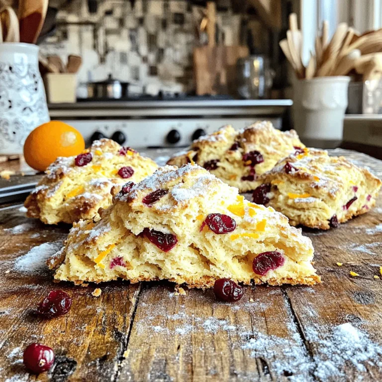 - 2 cups all-purpose flour - 1/3 cup granulated sugar - 1 tablespoon baking powder - 1/2 teaspoon salt - 1/2 cup unsalted butter, chilled and cut into small cubes - 1/2 cup dried cranberries - Zest of 1 large orange (about 1 tablespoon) - 1/2 cup heavy cream - 1 large egg - 1 teaspoon pure vanilla extract - Extra granulated sugar for sprinkling When making cranberry orange scones, fresh ingredients matter. Use high-quality butter for a rich taste. Look for unsalted butter to control the salt level. Choose dried cranberries that are plump and moist. They add great flavor and texture. Fresh oranges give the best zest. The zest adds bright, citrus notes. For the flour, use a good all-purpose brand. It helps create a light and tender scone. You can adjust the recipe for dietary needs. For a dairy-free version, use coconut cream instead of heavy cream. Replace butter with vegan butter or coconut oil. If you need gluten-free scones, try a gluten-free flour blend. This will still keep the scones light and fluffy. For a lower sugar option, you can cut the sugar in half. The cranberries will still add sweetness. - Preheat the Oven Start by preheating your oven to 400°F (200°C). This step is key for a nice rise. - Prepare Baking Sheet Line a baking sheet with parchment paper. This helps prevent the scones from sticking. In a large bowl, whisk together the dry ingredients. Combine 2 cups of all-purpose flour, 1/3 cup of granulated sugar, 1 tablespoon of baking powder, and 1/2 teaspoon of salt. Make sure they mix well to aerate. Next, add 1/2 cup of chilled, cubed unsalted butter. Use a pastry cutter, fork, or your fingers to work the butter into the flour until it looks like coarse crumbs. You should see small chunks of butter. This will make your scones flaky. Now, gently fold in 1/2 cup of dried cranberries and the zest of 1 large orange. The zest gives a fresh flavor that brightens the scones. In a separate bowl, whisk together 1/2 cup of heavy cream, 1 large egg, and 1 teaspoon of pure vanilla extract. Blend them until smooth. Slowly pour this wet mixture into the dry ingredients. Mix gently with a spatula until just combined. Do not overmix; the dough should be slightly sticky. Turn the dough onto a floured surface. Knead it gently about 5-6 times until it comes together. This keeps your scones tender. Shape the dough into a circle about 1-inch thick. Cut this circle into 8 equal wedges. Arrange the wedges on the prepared baking sheet, leaving space between them. For a nice finish, brush the tops with a bit of extra heavy cream. Sprinkle some sugar on top for added sweetness. Now, bake them in the preheated oven for 15 to 20 minutes. They should turn golden brown. A toothpick inserted in the center should come out clean. Once baked, let the scones cool on the sheet for a few minutes. Then, transfer them to a wire rack to cool completely. Enjoy your delicious cranberry orange scones! To get the right texture, start with cold butter. Cut the butter into small cubes. This keeps the butter cold and helps create flaky layers. When mixing, use a pastry cutter or your fingertips. You want the mixture to look like coarse crumbs, with some small bits of butter still visible. This step is key for light and fluffy scones. Mixing is where many go wrong. Once you add the wet ingredients, stir gently. Mix just until combined. The dough should be slightly sticky but not wet. Overmixing can lead to tough scones. Aim for a smooth dough with visible chunks of cranberries and zest. - Oven Placement: Place your baking sheet in the center of the oven. This helps ensure even cooking. Avoid placing it too close to the heating elements. - Baking Time and Temperature: Bake at 400°F (200°C) for 15-20 minutes. Keep an eye on them. They should turn golden brown. A toothpick inserted in the center should come out clean. If they brown too fast, cover them loosely with foil. This will help avoid burning while the insides cook fully. {{image_4}} You can change the flavor by adding nuts. Chopped walnuts or pecans work great. They add crunch and depth. If you want a fruity twist, try diced apples or fresh blueberries. Both will mix well with cranberries and orange. Think about adding spices for warmth. Cinnamon or nutmeg can boost flavor without overpowering. A pinch of cardamom also brings a unique taste. Experiment to find your favorite spice blend. If you want a healthier option, consider using honey or maple syrup. These natural sweeteners can replace granulated sugar. Adjust the amount slightly since they are sweeter than sugar. This change adds a richer flavor to the scones. A simple glaze can make your scones shine. Mix 1 cup of powdered sugar with 2 tablespoons of orange juice. Drizzle this over cooled scones for a sweet finish. You can add zest for extra flavor. Serve scones warm with clotted cream or butter. For a fresh twist, add a side of fruit preserves. You might also pair them with a cup of tea or coffee. These options make any gathering special. To keep your scones fresh, place them in an airtight container. This helps prevent them from drying out. If you have leftover scones, try to store them at room temperature. They will stay soft for a couple of days. If you want to keep them longer, refrigeration is an option, but it may change the texture. Freezing scones is an excellent way to enjoy them later. First, let the scones cool completely. Then, wrap each scone tightly in plastic wrap. Next, place them in a freezer-safe bag or container. They can last for up to three months in the freezer. When you're ready to enjoy, simply thaw them at room temperature. To bring back the fresh-baked taste, you can reheat your scones. Preheat your oven to 350°F (175°C). Place the scones on a baking sheet for about 5-10 minutes. This will warm them up nicely and restore some of their crispness. You could also microwave them for about 15-20 seconds, but avoid overheating to keep them soft. You can tell if scones are done by checking their color. They should be golden brown on top. Insert a toothpick into the center; if it comes out clean, they're ready. The edges should feel firm but not hard. Trust your nose too; the aroma will fill your kitchen when they're ready. Yes, you can make the dough ahead of time. After mixing, wrap it tightly in plastic wrap. Store it in the fridge for up to 24 hours. This can save you time on busy mornings. When you’re ready to bake, just cut the dough into wedges and follow the baking steps. Cranberry orange scones pair well with various toppings and drinks. Here are some ideas: - Pairing Suggestions - Clotted cream adds richness. - Honey brings natural sweetness. - A bit of butter enhances flavor. - Best Beverages to Accompany - Tea complements the scones nicely. - Coffee adds a nice kick. - Fresh orange juice is refreshing. In this blog post, we covered the essential ingredients needed to make delicious cranberry-orange scones. You learned how to choose the best ingredients, as well as useful substitutions for dietary needs. The step-by-step guide showed you how to mix, shape, and bake for perfect results. We also shared variations, storage tips, and answers to common questions. To sum up, making scones is simple and fun. With these tips, you'll create tasty treats that everyone will enjoy. Now, it's time to gather your ingredients and start baking!