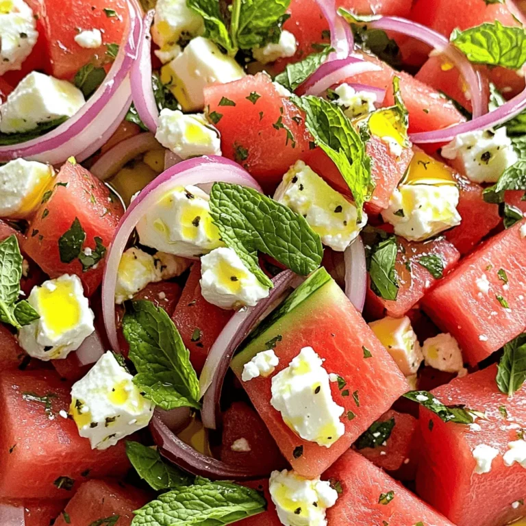 - 4 cups ripe seedless watermelon, cut into cubes - 1 cup creamy feta cheese, crumbled - 1/2 cup fresh mint leaves, gently torn into pieces - 1/4 cup red onion, paper-thin slices - 2 tablespoons extra virgin olive oil - 1 tablespoon aged balsamic vinegar - Salt and freshly ground black pepper, to taste - Optional: juice of 1 fresh lime This salad shines with fresh and bright ingredients. Each one plays a key role. Watermelon cubes bring a sweet and juicy base. Choose ripe, seedless watermelon for the best flavor. The color adds a vibrant touch to your dish. Creamy feta cheese adds a rich, salty bite. Crumble it for easy mixing. The creaminess balances the fresh watermelon perfectly. Fresh mint leaves provide a cooling flavor. Tear them gently to release their oils. This herb adds a refreshing twist to every bite. Red onion gives a sharp crunch. Slice them thin so they mix well. They add a nice bite without being overpowering. Extra virgin olive oil is key for the dressing. Its fruity notes enhance the salad's taste. Aged balsamic vinegar adds depth and a touch of sweetness. Use it to create a lovely balance with the other flavors. Seasoning options like salt and pepper bring everything together. Taste as you go to find your perfect blend. Optional lime juice can brighten the salad. It adds a zesty kick if you want it. Just a teaspoon can elevate the flavors. Start by placing the cubed watermelon in a large bowl. Add the crumbled feta cheese, torn mint leaves, and thin slices of red onion. Use a gentle touch to mix the ingredients. Be careful not to crush the watermelon cubes while stirring. This keeps each bite juicy and fresh. In a small bowl, whisk together the olive oil and balsamic vinegar. If you like a zesty kick, add the fresh lime juice. Season with salt and black pepper. Whisk until the dressing is smooth and well combined. This step adds a bright flavor to the salad. Now, it’s time to bring everything together. Drizzle the dressing over the salad mix. Use a large spoon to toss the salad carefully. Make sure all the ingredients are coated with the dressing, but keep the watermelon cubes intact. You can serve the salad in a large glass bowl for a stunning look. If you want, use individual cups for a fancy touch. For added flair, garnish with extra mint leaves. The salad tastes great chilled or at room temperature. Let it sit for about 10 minutes to let the flavors blend beautifully. Adjust the seasoning before serving, if needed. When making Watermelon Feta Mint Salad, start with the watermelon. You want to pick a ripe one. Look for a uniform shape and a yellow spot on the bottom. This spot means it sat on the ground and ripened well. Tap it gently; a deep sound means it’s juicy and ready. Next, choose quality feta cheese. Crumbled feta adds a creamy touch. Look for cheese packed in brine for better flavor. If you can, try to find feta made from sheep's milk. It has a richer taste that pairs beautifully with watermelon. Timing matters in this salad. After mixing the ingredients, let it sit for about 10 minutes. This short wait allows the flavors to blend well. The mint, feta, and watermelon will create a fresh taste. Adjust seasoning to your liking. After you toss the salad, taste it. You may want to add more salt or pepper. If you like a bit of tang, squeeze some lime juice over the top. Make your salad look great by garnishing it. Add extra mint leaves on top for a pop of color. You can also sprinkle some extra feta for a nice touch. This makes your salad more inviting. For serving, think outside the box. Use a large glass bowl for a family meal. For a party, serve in individual cups. This way, each guest gets their own beautiful salad. {{image_4}} You can enhance the Watermelon Feta Mint Salad by adding new flavors. Try adding citrus fruits like oranges or limes. Their zest will bring a refreshing kick. You can also mix in berries such as strawberries or blueberries. These add sweetness and color. If you want some crunch, consider nuts or seeds. Chopped almonds or walnuts give a nice bite. Sunflower seeds or pumpkin seeds add a healthy crunch and texture. These additions will make your salad stand out. For vegan options, swap feta cheese with a plant-based alternative. Vegan feta made from nuts or tofu works well. It still provides a creamy texture and salty flavor. You can enjoy the salad without dairy. If you need gluten-free options, this salad is already gluten-free. Just be sure to check the dressing ingredients. Most olive oils and vinegars are safe. This salad can fit well into many diets. You can change the salad based on the season. In summer, use fresh, ripe watermelon for the best taste. In winter, try adding pomegranate seeds for a pop of color and flavor. They add a festive touch. Utilizing seasonal fruits can also enhance your salad. In the fall, consider adding diced apples or pears. These fruits provide a sweet crunch that complements the other flavors. Adapting your salad keeps it exciting year-round. To keep your Watermelon Feta Mint Salad fresh, put any leftovers in the fridge. Use a clean, airtight container. This way, the flavors stay bright and the salad remains crunchy. Make sure to eat it within two days for the best taste. Freezing this salad is not a good idea. The watermelon will lose its texture and become mushy. Instead, focus on keeping it fresh in the fridge. If you know you won’t eat it soon, try to keep the dressing separate until you serve it. This will help maintain the salad's taste and texture longer. You don't need to reheat this salad. It is best served cold or at room temperature. If the salad seems a bit soggy after storage, add a sprinkle of fresh mint or a dash of salt to revive the flavors. If it has been in the fridge for more than two days, it’s best to toss it. Enjoy your delightful salad fresh! If you need a feta substitute, try these options: - Goat cheese adds a creamy texture. - Cotage cheese offers a mild flavor. - Ricotta cheese gives a softer taste. - Queso fresco can provide a similar crumbly feel. Each cheese brings a unique flavor, so choose one that fits your taste. Select a ripe watermelon by checking these tips: - Look for a uniform shape. Odd shapes may mean bad spots. - Check the field spot; it should be yellow and creamy. - Tap the melon; a deep sound means it's ripe. - Look for a dull skin, which indicates ripeness. These tips help you pick the sweetest watermelon for your salad. Yes, you can prep this salad in advance! Here’s how: - Cut the watermelon and store it in the fridge. - Mix the dressing and keep it separate until serving. - Combine everything just before you serve to keep it fresh. This way, you save time and still enjoy a tasty salad. Yes, this salad is healthy! Here are some benefits: - Watermelon is hydrating and low in calories. - Feta cheese provides protein and calcium. - Mint aids in digestion and freshness. - Olive oil contains healthy fats for your heart. Enjoy this salad as a nutritious and delicious option! This blog post covered the delightful Watermelon Feta Mint Salad in detail. We discussed the fresh ingredients and how to prepare the salad for the best taste. Key tips for selecting quality products and serving methods enhance your dish. Remember, you can customize this recipe easily. Add berries or nuts for a twist, or even switch to vegan cheese. Enjoy this refreshing salad for any occasion—it’s simple, tasty, and healthy. Now, gather your ingredients and make your own delicious version!