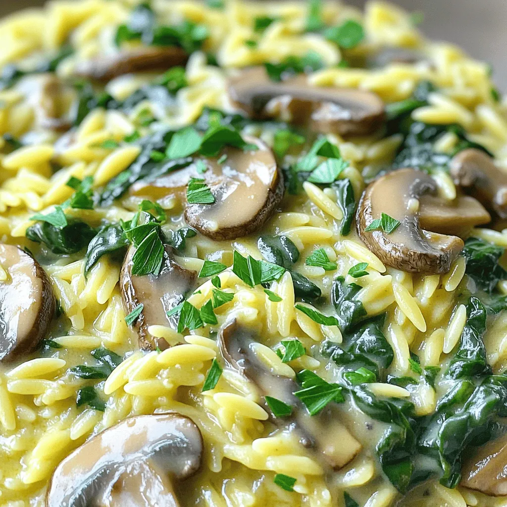 - 1 cup orzo pasta - 2 cups vegetable broth - 1 tablespoon extra virgin olive oil - 1 small onion, finely diced - 3 cloves garlic, minced - 8 ounces fresh mushrooms, sliced (cremini or button) - 4 cups fresh spinach, packed - 1 cup heavy cream - ½ cup freshly grated Parmesan cheese - Salt and freshly ground black pepper, to taste - ¼ teaspoon freshly grated nutmeg - Fresh parsley, finely chopped (for garnish) Creamy Mushroom Spinach Orzo needs simple yet flavorful ingredients. The orzo pasta acts as a cozy base. Vegetable broth adds depth. Olive oil gives a rich taste. Onion and garlic bring aroma to the dish. Mushrooms add a savory bite, while fresh spinach gives a pop of color and nutrition. Heavy cream makes everything creamy and dreamy. Parmesan cheese ties all the flavors together. Don't forget salt, pepper, and nutmeg for seasoning and warmth. - Fresh parsley, finely chopped - Extra Parmesan cheese, for serving - Crushed red pepper flakes, for heat Garnishes elevate this dish. Fresh parsley adds color and freshness. Extra Parmesan gives a cheesy touch. For spice lovers, crushed red pepper flakes can add a kick. - If you can't find orzo, try using rice or small pasta shapes. - Replace heavy cream with coconut cream for a dairy-free option. - For a plant-based dish, use nutritional yeast instead of Parmesan cheese. Substitutes can help you make this dish your own. You can easily swap ingredients based on what you have. This way, you can enjoy creamy mushroom spinach orzo anytime! Start by bringing 2 cups of vegetable broth to a gentle simmer in a medium-sized saucepan. This takes about 3-4 minutes over medium heat. Once it simmers, add 1 cup of orzo pasta. Cook the orzo according to the package directions. It usually takes about 8-10 minutes until it is al dente. After cooking, drain the orzo and set it aside. Remember to save some broth; it helps if the dish needs more creaminess later. Next, grab a large skillet and heat 1 tablespoon of extra virgin olive oil over medium heat. When the oil shimmers, add 1 small finely diced onion. Sauté for about 3-4 minutes until the onion turns translucent. Then, mix in 3 cloves of minced garlic. Cook for a minute before adding 8 ounces of sliced mushrooms. Stir and cook for 5-7 minutes. The mushrooms should be tender and golden brown. This step brings out their rich flavor. Lastly, add 4 cups of fresh spinach to the skillet. Stir until the spinach wilts down, which takes around 2 minutes. Lower the heat, then slowly pour in 1 cup of heavy cream. Stir constantly for a smooth blend with the vegetables. Add the cooked orzo next, tossing everything together until the orzo is well-coated in the creamy mix. Now sprinkle in ½ cup of freshly grated Parmesan cheese, along with some salt, black pepper, and ¼ teaspoon of nutmeg. Stir until the cheese melts and the dish is creamy and warm, about 1-2 minutes. If the mix feels too thick, add a splash of the reserved vegetable broth to achieve the right consistency. Finally, taste and adjust the seasoning. Warm it for another minute on low heat to help the flavors meld. Garnish with chopped fresh parsley before serving. Enjoy your creamy mushroom spinach orzo! To get that smooth and creamy texture, use heavy cream. It blends well with the orzo. Stir it in slowly over low heat to keep it from curdling. If the dish feels too thick, add a splash of reserved vegetable broth. This keeps your orzo creamy without losing flavor. To boost flavor, add freshly grated nutmeg. It adds warmth and depth. Fresh parsley makes a bright garnish. You can also use different mushrooms, like shiitake or portobello, for unique tastes. A squeeze of lemon juice right before serving can brighten the dish too. Always taste and adjust salt and pepper as needed. Serve this dish warm and creamy. Pair it with a light salad for a complete meal. A slice of crusty bread complements the flavors nicely. You can also top it with extra Parmesan for richness. For a fun twist, try serving in individual bowls or jars for a casual dinner party. {{image_4}} You can add protein to your creamy mushroom spinach orzo in many ways. Chicken works well. Simply cook diced chicken breast in the skillet before adding the onion. Shrimp is another great choice. Sauté shrimp until pink before mixing in the garlic and mushrooms. Both options bring flavor and make the dish more filling. You can also try adding cooked sausage for a heartier meal. For a vegetarian twist, replace heavy cream with coconut milk. It keeps the dish rich and creamy. You can also use cashew cream for a nutty flavor. For a vegan option, skip the Parmesan cheese or use a dairy-free cheese. Nutritional yeast is a great substitute for a cheesy taste without dairy. Make sure to check labels on any broth to ensure it's vegan. Enhancing flavors is easy with herbs and spices. Fresh thyme or rosemary can add an earthy touch. Try adding a pinch of red pepper flakes for some heat. You can also stir in a squeeze of lemon juice before serving for brightness. Experimenting with different seasonings lets you create a dish that fits your taste perfectly. To store leftovers of your creamy mushroom spinach orzo, let it cool first. Transfer it to an airtight container. Keep it in the fridge for up to three days. Label the container with the date for easy tracking. When you are ready to enjoy the leftovers, reheat them gently. You can use a microwave or a skillet. If using a microwave, heat on medium power in short bursts. Stir between intervals to heat evenly. For a skillet, add a splash of vegetable broth or water to prevent sticking. Heat over low until warm throughout. You can freeze this dish for longer storage. Place cooled orzo in an airtight container or freezer bag. Remove as much air as possible before sealing. It can stay in the freezer for up to three months. To thaw, transfer it to the fridge overnight before reheating. Yes, you can use other pasta types. Try penne, farfalle, or fusilli. These shapes hold sauce well and give good texture. Keep in mind that cooking times may vary. Always check package instructions for the best results. Absolutely! You can use gluten-free orzo or any gluten-free pasta. Look for brands made from rice or quinoa. Ensure that all other ingredients, like broth and cheese, are gluten-free. This way, you can enjoy this dish without worry. Add protein like grilled chicken, shrimp, or chickpeas for more nutrients. You can also toss in more veggies like bell peppers or zucchini. Fresh herbs, such as basil or thyme, can boost flavor. A squeeze of lemon adds brightness too. Get creative and make it your own! In this post, we explored how to make creamy mushroom spinach orzo. We covered key ingredients, cooking steps, and tips for perfecting the dish. You can enhance flavors, add protein, or tweak ingredients to suit your tastes. I shared storage methods to keep leftovers fresh and answered common questions. Now, you have a delicious recipe that is easy to make and customize. Enjoy your cooking journey!