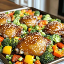 - 4 bone-in, skin-on chicken thighs - ¼ cup honey - 3 cloves garlic, minced - 2 tablespoons soy sauce (or tamari for gluten-free options) - 1 tablespoon olive oil - 1 teaspoon freshly grated ginger - Bell peppers - Broccoli - Carrots The heart of this dish is the chicken thighs, which are juicy and full of flavor. The honey adds a touch of sweetness. The minced garlic brings a nice kick that pairs well with the chicken. Next, we have soy sauce for saltiness, which enhances the taste. Olive oil helps keep the chicken moist while adding richness. Fresh ginger gives a zesty note that brightens the dish. For vegetables, I love using bell peppers, broccoli, and carrots. They add color and crunch. You can mix and match based on what you have at home. Use your favorite veggies to make it your own! 1. Preheat the oven to 400°F (200°C). This makes sure your dish cooks evenly and quickly. 2. In a small bowl, mix together the honey, minced garlic, soy sauce, olive oil, grated ginger, paprika, salt, and pepper. Whisk until smooth and well combined. This sauce is the star of the dish! 1. Take a large sheet pan and arrange the chicken thighs in the center. Pour half of the honey garlic sauce over the chicken. Make sure each piece is well coated. 2. Now, add the mixed vegetables around the chicken. Choose colorful veggies like bell peppers, broccoli, and carrots. They add flavor and look great! 3. Drizzle the rest of the honey garlic sauce over the vegetables. Use your hands or a spatula to toss them lightly in the sauce. This ensures every bite is full of flavor. 1. Place the sheet pan in the preheated oven. Bake for 30-35 minutes. The chicken should reach an internal temperature of 165°F (74°C). You want the skin to be crispy and golden brown. 2. Halfway through baking, stir the vegetables. This helps them cook evenly and soak up the sauce. 3. Once the chicken is done, take the pan out of the oven. Let it rest for about 5 minutes. This helps keep the chicken juicy and tender. 4. Just before serving, sprinkle sesame seeds and chopped green onions over everything. This adds a nice crunch and fresh flavor. Enjoy your delightful meal! To get crispy skin on your chicken thighs, start by patting them dry with paper towels. Moisture on the skin can lead to soggy results. Season the chicken with salt and pepper before adding the sauce. This step enhances the flavor. For the best seasoning, mix the honey garlic sauce well. Make sure all the chicken pieces get a good coat of it. I like to pour half the sauce over the chicken and save the rest for the veggies. The sauce will caramelize nicely, adding depth to the dish. You can serve right from the sheet pan for a fun, casual feel. This method keeps everything warm and lets guests help themselves. If you want a fancier look, plate the chicken and veggies on individual plates. When plating, add a sprinkle of sesame seeds and chopped green onions for a pop of color. It makes the dish look fresh and inviting. For extra flair, you can drizzle a bit of the leftover honey garlic sauce around the plate. This adds a beautiful touch and more flavor! {{image_4}} You can easily switch up the flavor of your honey garlic chicken thighs. For a spicy kick, add cayenne pepper or cumin to the honey garlic sauce. A pinch of cayenne gives a nice heat that balances the sweetness. Cumin adds a warm, earthy taste. Both spices work well with the honey and garlic. If you want to try new flavors, consider using different marinades. Teriyaki sauce can replace honey for a sweeter taste. You could also try a lemon herb marinade for a zesty twist. These changes can make the dish even more exciting. Changing the vegetables can also give you a fresh take on this dish. Use seasonal veggies like zucchini or asparagus in the spring. In the fall, think about adding butternut squash or Brussels sprouts. These options fit well with the chicken and add different flavors. If fresh veggies are not available, frozen vegetables work great too. They are convenient and still healthy. Just make sure to adjust the cooking time slightly. Frozen veggies might need a few extra minutes to cook through but will still taste delicious. To keep your honey garlic chicken thighs fresh, store leftovers in the fridge. Place them in an airtight container. They will stay good for up to four days. Make sure to include any veggies. This keeps all the flavors together. If you want to save the meal for longer, freezing is a great option. Wrap the chicken and vegetables tightly in plastic wrap, then place them in a freezer bag. They can stay frozen for up to three months. Label the bag with the date so you remember when you made it. When it's time to enjoy leftovers, reheating properly is key. The best way to reheat chicken is in the oven. Preheat your oven to 350°F (175°C). Place the chicken and veggies on a baking sheet. Cover them with foil to keep moisture in. Heat for about 15-20 minutes or until they reach 165°F (74°C). You can also use the microwave, but it's easy to dry out the chicken. To avoid this, cover it with a damp paper towel. Heat in short bursts of 30 seconds until warm. Remember, keeping moisture in is the secret to juicy chicken! Can I use boneless chicken thighs? Yes, you can use boneless chicken thighs. They cook faster than bone-in thighs. Adjust your baking time to about 20-25 minutes. Always check the chicken's internal temperature to ensure it reaches 165°F. What can I substitute for honey? You can use maple syrup or agave nectar as alternatives to honey. Both provide sweetness and work well in the sauce. Use the same amount as the recipe calls for honey. How do I know when the chicken is done? Check the chicken's internal temperature with a meat thermometer. It should reach 165°F. The skin should look golden and crispy. Juices should run clear. Can I make this recipe in advance? Yes, you can prep the dish ahead of time. Marinate the chicken in the sauce and cover it. Store it in the fridge for up to 24 hours. Bake it when ready to eat. Gluten-free alternatives Use tamari instead of soy sauce. This makes the dish gluten-free. Always check labels to ensure other ingredients are gluten-free as well. Dairy-free options This recipe is naturally dairy-free. All ingredients are free from dairy. Enjoy it worry-free if you have dairy restrictions. This blog covered a tasty sheet pan chicken dish. We looked at main ingredients like chicken thighs, honey, and garlic. We shared steps to prepare and bake your meal. Tips helped you get crispy skin and suggested great vegetable options. I also included ways to store leftovers and answered common questions. Try this meal to impress your friends and family. You’ll enjoy easy cooking and great flavor!
