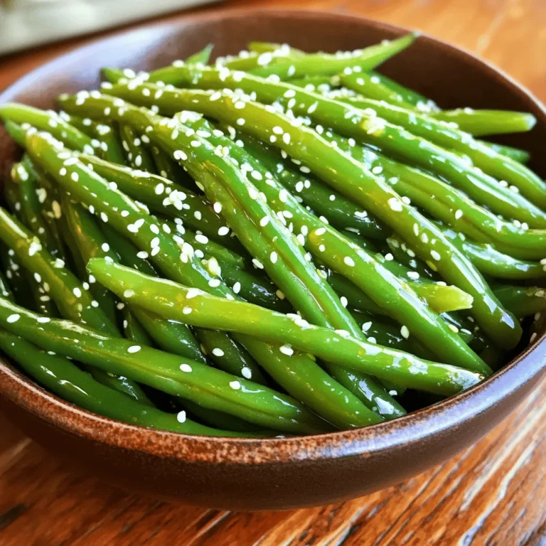 - 1 pound fresh green beans, trimmed - 2 tablespoons soy sauce - 1 tablespoon fresh ginger, finely grated - 2 cloves garlic, minced - 1 tablespoon sesame oil, plus a splash for cooking - 1 tablespoon honey or maple syrup - 1 tablespoon rice vinegar - 1 tablespoon sesame seeds (for garnish) - Salt and freshly ground pepper, to taste - Optional: 1 teaspoon red pepper flakes (for added heat) Gathering these ingredients makes the dish fresh and flavorful. Fresh green beans are key. They add a crisp texture. The soy sauce gives a savory depth. Ginger brings a warm spice, while garlic adds a nice kick. Sesame oil gives a rich, nutty flavor. Honey or maple syrup balance the saltiness with sweetness. Rice vinegar offers a hint of tang. Sesame seeds add a crunchy finish. Salt and pepper enhance all the flavors. If you like heat, try the red pepper flakes. Each ingredient plays a role in making the dish vibrant and tasty. - First, fill a large pot with water and add salt. Bring it to a boil. - Once the water boils, add the green beans. Blanch them for 3 to 4 minutes. - Look for bright green color and slight tenderness. Remove them from the pot. - Drain the beans and quickly put them in an ice water bath. This stops the cooking. - Leave them in the ice water for 2 to 3 minutes, then drain and set aside. - In a small bowl, mix soy sauce, grated ginger, minced garlic, sesame oil, and honey. - If you want heat, add red pepper flakes. The glaze needs balance. - Whisk all the ingredients together. This makes the glaze smooth and well combined. - Heat a splash of sesame oil in a large skillet over medium heat. - Add the blanched green beans and sauté them for 2 to 3 minutes. Stir often to heat through. - Next, pour the ginger soy glaze over the green beans. Toss gently to coat each bean. - Cook for another 2 to 3 minutes. This allows the glaze to thicken and stick to the beans. To get the best texture, focus on blanching. Blanch the green beans for 3-4 minutes. This keeps them bright green and slightly tender. If you prefer more crunch, try 2-3 minutes. After blanching, use an ice water bath. This halts cooking and locks in that crispness. Leave the beans in the ice water for a few minutes. Then, drain them well to keep the glaze stickier. You can switch honey with maple syrup for a different taste. If you want more depth, add coconut sugar or agave syrup instead. For added flavor, consider spices and herbs. Try crushed red pepper for heat. You can also add a sprinkle of sesame seeds or toasted garlic for more texture and flavor. Fresh herbs like cilantro or scallions can brighten the dish, too. When serving, choose a vibrant dish. A white plate makes the green beans pop. You can place the beans alongside rice or quinoa for a colorful meal. To enhance visual appeal, garnish with sesame seeds and chopped green onions. A light drizzle of extra sesame oil adds shine and flavor. These small touches make your dish look professional and inviting. {{image_4}} You can change this dish by adding protein. Tofu or chicken works great. If you want it vegetarian or vegan, use tofu or skip the meat altogether. Both options still taste amazing. Switch up the sauce to change the flavor. Try teriyaki or hoisin for a fun twist. You can also add citrus for brightness. Lime or lemon juice gives a fresh zing that complements the ginger. If you like spice, add red pepper flakes. Just a teaspoon can make a big difference. For more heat, try different peppers like jalapeños or serranos. Adjust to your taste for a perfect kick! To store leftovers, let the green beans cool first. Place them in a container with a lid. Use airtight containers to keep them fresh. You can also wrap them tightly in plastic wrap. This way, they stay crisp and tasty for later. For freezing, ensure the green beans are completely cool. Place them in freezer bags. Remove as much air as possible to prevent freezer burn. Label the bags with the date. When ready to eat, thaw them overnight in the fridge. Reheat in a pan on low heat until warm. This keeps the texture nice. In the fridge, the dish lasts about 3-4 days. If you notice any off smells or a slimy texture, it’s time to toss them. Freshness is key to enjoying this dish at its best. Always trust your senses when checking for spoilage. Yes, you can use frozen green beans. They are convenient and save time. Just remember to thaw them first. You can blanch them for a shorter time, about 2-3 minutes. This helps keep them crisp. Yes, you can use tamari as a gluten-free option. It has a similar taste to soy sauce. Look for brands that are labeled gluten-free to ensure safety. To add heat, you can include red pepper flakes. Start with one teaspoon and adjust to your taste. You can also try fresh chili or sriracha for a different spice kick. These green beans go well with many dishes. Serve them alongside rice or quinoa for a complete meal. They also complement grilled chicken, tofu, or fish nicely. Yes, you can make the glaze ahead of time. Store it in an airtight container in the fridge. Just give it a good stir before using it to coat the green beans. This recipe for ginger soy glazed green beans blends fresh flavors and simple steps. You learned about choosing quality ingredients, blanching for the right texture, and making a tasty glaze. The tips on enhancing flavor and presentation make your dish pop. Remember, you can adjust ingredients for your tastes and dietary needs. Enjoy experimenting with variations that suit your kitchen. Following these steps ensures your green beans shine on any table. Happy cooking!