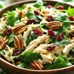 - 2 cups cooked chicken, either shredded or diced - 1 cup fresh spinach, finely chopped - 1/2 cup dried cranberries - 1/2 cup pecans, lightly toasted and roughly chopped - 1/4 cup red onion, finely minced - 1/2 cup Greek yogurt, plain or flavored - 2 tablespoons honey - 1 tablespoon apple cider vinegar - Salt and freshly cracked black pepper to taste - Optional: Fresh parsley, finely chopped, for garnish This salad is packed with healthy ingredients. Chicken provides protein, which helps build muscles. Spinach adds vitamins and minerals. It is rich in iron and good for blood health. Dried cranberries offer antioxidants, which may help fight illness. Pecans are a great source of healthy fats. They support heart health and keep you full. Greek yogurt adds creaminess and probiotics for gut health. Honey gives a touch of sweetness and natural energy. Apple cider vinegar may aid digestion and balance blood sugar levels. Each bite is not only tasty but also good for you! Measuring ingredients correctly ensures good taste. Use a dry measuring cup for the chicken and spinach. For liquids like yogurt and vinegar, use a liquid measuring cup. When measuring cranberries and pecans, fill the cup without packing them down. For honey, lightly spray the measuring cup with oil. This helps it pour out easily. Lastly, chop your vegetables finely for even mixing in the salad. First, gather all your ingredients. You need 2 cups of cooked chicken. You can use shredded or diced chicken. Next, chop 1 cup of fresh spinach finely. Then, measure out 1/2 cup of dried cranberries and 1/2 cup of pecans. Lightly toast the pecans for extra flavor. Finally, mince 1/4 cup of red onion very finely. Place everything in a large mixing bowl. Toss these ingredients together until they mix well. Now, it’s time to mix the salad. Take the bowl with the chicken, spinach, cranberries, pecans, and onion. Make sure they are evenly mixed. This step is key for a balanced flavor. You want every bite to have a bit of everything. For the dressing, grab a small bowl. In it, whisk together 1/2 cup of Greek yogurt, 2 tablespoons of honey, and 1 tablespoon of apple cider vinegar. Add salt and freshly cracked black pepper to taste. Keep whisking until the mixture is smooth. This dressing brings all the flavors together. Pour the dressing over the salad mixture. Gently fold it in with a spatula or large spoon. Make sure all the ingredients are well coated. Taste the salad and adjust the salt and pepper if needed. For the best taste, cover the salad and refrigerate for at least 30 minutes. This waiting time helps the flavors blend beautifully. Serve the salad chilled, and enjoy every bite! Serve your salad on a bed of fresh spinach or mixed greens. This adds color and crunch. You can also place it in a wrap for a tasty lunch. A drizzle of extra dressing enhances the look. Garnish with fresh parsley for a nice touch. To boost flavor, try adding a squeeze of lemon juice. It brightens the taste. Chopped apples can add sweetness and crunch. For some heat, a pinch of cayenne pepper works wonders. You could even mix in a bit of feta cheese for a salty bite. Do not skip refrigerating the salad. Chilling helps the flavors blend well. Avoid using too much dressing, as it can drown the salad. Always taste before serving; adjusting salt and pepper makes a big difference. Lastly, be sure not to overmix when adding the dressing; you want to keep the ingredients intact. {{image_4}} You can change ingredients to fit your taste. Try using turkey instead of chicken. If you want a different nut, walnuts work great too. Use dried cherries or raisins if you can't find cranberries. For a creamier texture, swap the Greek yogurt for avocado or cottage cheese. You can also add a splash of lemon juice for a zingy twist. To make this salad vegan, replace chicken with chickpeas or tofu. Use a dairy-free yogurt for the dressing. For gluten-free options, ensure your yogurt and any added seasonings are gluten-free. This way, everyone can enjoy a tasty meal. Get creative! Add sliced apples or pears for a sweet crunch. You can toss in some shredded carrots or celery for extra crunch and color. If you want a spicy kick, add jalapeños or a dash of hot sauce. Fresh herbs like basil or mint can also bring a new flavor profile. Enjoy mixing and matching to find your perfect blend! To keep your Cranberry Pecan Chicken Salad fresh, place it in an airtight container. This will help seal in the flavors and prevent spoilage. Make sure to cool it to room temperature before closing the lid. If you have extra dressing, store it separately for best results. When stored properly, this salad lasts about three to four days in the fridge. It’s best to eat it within this time for optimal taste and texture. Always check for any off smells or changes in color before serving leftovers. If you notice anything unusual, it’s safer to throw it away. While this chicken salad is best served cold, you can warm the chicken slightly if you prefer. Just microwave it for about 20-30 seconds. Avoid heating the whole salad, as it can change the texture of the greens and dressing. For a fresh touch, sprinkle more chopped parsley on top before serving. Yes, you can make this salad in advance. It tastes even better after chilling. Prepare it, then cover and refrigerate for up to two days. This allows the flavors to blend well. Just remember to add the nuts right before serving to keep them crunchy. If you don’t have Greek yogurt, you can use plain yogurt or sour cream. Both will add creaminess to the salad. For a dairy-free option, try using cashew cream or silken tofu blended until smooth. Each option will change the taste slightly, but it will still be delicious. Yes, this salad is healthy! It has lean protein from chicken and healthy fats from pecans. The spinach adds vitamins and minerals, while cranberries offer antioxidants. Greek yogurt provides protein and probiotics. Overall, it’s a balanced meal that is both tasty and nutritious. To adjust this recipe for meal prep, portion it into containers. Keep the dressing separate until you’re ready to eat. This keeps the salad fresh and crunchy. You can also increase the chicken amount to make larger portions. It’s a great way to enjoy quick and healthy meals throughout the week. This blog post covered how to make a tasty Cranberry Pecan Chicken Salad. We explored the key ingredients, their benefits, and how to measure them right. Step-by-step, I guided you through preparation, mixing, and dressing. You learned tips for serving and ways to enhance flavor, plus common mistakes to avoid. We also looked at variations, storage, and answered your FAQs. Now, you're ready to enjoy this salad with confidence. Happy cooking!