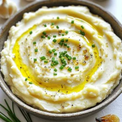 - 1 large head of cauliflower, cut into bite-sized florets - 6 cloves of garlic, skin left on - 3 tablespoons extra virgin olive oil - 1/2 cup cream cheese, softened to room temperature - 1/2 cup unsweetened almond milk - Sea salt - Black pepper - 1/4 teaspoon ground nutmeg (optional for extra warmth) - Fresh chives, finely chopped When making creamy roasted garlic mashed cauliflower, I focus on fresh and tasty ingredients. The large head of cauliflower gives us a nice base. I love the flavor of garlic, so I use six cloves. I leave the skins on while roasting. It makes the garlic soft and sweet. Extra virgin olive oil adds richness and helps with roasting. The cream cheese makes the dish creamy and smooth. Almond milk is my choice for a lighter touch, but regular milk works too. For seasoning, I use sea salt and black pepper. A pinch of nutmeg can add warmth if you like. Finally, I finish the dish with fresh chives. They add a nice pop of color and flavor. This combination makes for a delightful side dish or a healthy main course. First, preheat your oven to 400°F (200°C). This step is key for roasting. While the oven heats, cut a large head of cauliflower into bite-sized florets. Also, grab six cloves of garlic and leave the skins on. This keeps the garlic sweet and mellow as it roasts. Now, let's get those veggies ready to roast. On a large baking sheet, spread out your cauliflower florets and the unpeeled garlic cloves. Drizzle three tablespoons of extra virgin olive oil over them. Season with a pinch of sea salt and freshly cracked black pepper. Toss everything together to coat the cauliflower and garlic in the oil and spices. Place the baking sheet in the oven and roast for 25-30 minutes. Check for fork-tender cauliflower and soft, caramelized garlic. This roasting brings out deep flavors that make your dish shine. After roasting, carefully remove the baking sheet from the oven. Let it cool for a few minutes. Next, squeeze the roasted garlic from its skins into a mixing bowl. Discard the skins. Add the tender cauliflower florets to the bowl with the garlic. Now, mix in a half cup of softened cream cheese and a half cup of unsweetened almond milk. If you want a little warmth, add 1/4 teaspoon of ground nutmeg. Then, use an immersion blender or a potato masher to blend until smooth and creamy. If it feels too thick, drizzle in more almond milk to reach your desired texture. Taste and adjust with more salt and pepper if needed. Transfer your creamy roasted garlic mashed cauliflower to a serving bowl. Garnish with finely chopped chives for a fresh touch. Enjoy every creamy bite! To get the best creamy texture, you can choose between two methods for blending. - Immersion Blender: This tool gives you a smooth and silky finish. It’s easy and convenient. - Potato Masher: This method gives a chunkier texture. It adds a rustic feel to the dish. If your mixture seems too thick, just add more milk. Start with a tablespoon at a time. Mix well after each addition until you reach your desired consistency. Roasting garlic is simple but key to flavor. - Best Practices: Roast the garlic with the skin on. This helps keep it moist and sweet. Place it with the cauliflower on the baking sheet. - Flavor Enhancement: Drizzle olive oil over both the garlic and cauliflower. This helps caramelization and adds depth. You can also sprinkle a little more sea salt or pepper before roasting. A beautiful presentation can elevate your dish. - Serving Suggestions: Use a decorative bowl for the mashed cauliflower. It makes the dish look special. - Decorative Garnishes: Top with finely chopped chives. This adds freshness and color. A light drizzle of olive oil can make it shine. {{image_4}} You can make this dish lighter by swapping the cream cheese. Try using Greek yogurt instead. It adds creaminess without the extra fat. Another option is silken tofu. It blends well and keeps the texture smooth. For milk, there are many alternatives. Almond milk works great, but you can also use oat or soy milk. These choices keep it dairy-free and lower in calories. Adding herbs can boost flavor. Fresh thyme or rosemary makes a lovely touch. Just chop them finely and mix them in before blending. You’ll enjoy a fresh taste with each bite. Cheese lovers can also get creative. Try adding Parmesan for a nutty flavor. Or go for sharp cheddar for a bolder taste. Just remember to blend it in well so it melts into the cauliflower. If you follow a vegan diet, you can easily adjust this recipe. Replace the cream cheese with cashew cream or a vegan cream cheese. These options keep it creamy and rich. For gluten-free needs, this recipe is already safe! All the ingredients are gluten-free. Just make sure any added seasonings or cheese are also gluten-free. To store your leftover creamy roasted garlic mashed cauliflower, place it in an airtight container. Make sure to cool it down first. This helps keep the flavors fresh. In the fridge, it stays good for about 3 to 5 days. Always check for any off smells or changes in texture before eating. You can freeze mashed cauliflower for longer storage. First, let it cool completely. Then, spoon it into freezer-safe containers. Leave some space at the top for expansion. Label the containers with the date. It lasts up to 3 months in the freezer. When you're ready to enjoy it again, thaw it overnight in the fridge. Reheat it on the stove over low heat, stirring often. You can add a splash of almond milk to help it become creamy again. Enjoy your creamy mashed treat! Roasted garlic has a sweet, mild flavor. It loses its sharpness and becomes creamy. The roasting brings out its natural sugars, making it rich and buttery. This makes it perfect for adding depth to mashed cauliflower. The taste is nutty and aromatic, enhancing any dish. Yes, you can use frozen cauliflower. Just thaw it first for even cooking. Drain any excess water after thawing. This helps avoid a watery mash. Use the same roasting method, but check for tenderness earlier. Frozen cauliflower can still result in creamy goodness. To cut calories, swap cream cheese for Greek yogurt. This adds creaminess with fewer calories. You can also use less oil or skip it altogether. Consider using skim almond milk instead of regular. These small changes keep the dish flavorful and light. You can prepare this dish ahead of time. Make the mashed cauliflower and store it in the fridge. Just reheat it on the stove or in the microwave. Add a splash of almond milk if it thickens. This makes it easy for busy days or gatherings. Creamy roasted garlic mashed cauliflower pairs well with many dishes. Try it with grilled chicken or steak for a hearty meal. It also complements roasted vegetables or a fresh salad. For a vegetarian option, serve it with stuffed peppers or sautéed greens. In this blog post, we explored a delicious recipe for Creamy Roasted Garlic Mashed Cauliflower. We covered key ingredients like cauliflower, garlic, and cream cheese. You learned step-by-step how to prepare, roast, and blend your ingredients. We shared tips for texture and presentation, offering healthful variations and storage methods. This dish is tasty, versatile, and easy to make. Try it out and enjoy its creamy goodness. Your meals will feel special, and your guests will love it.
