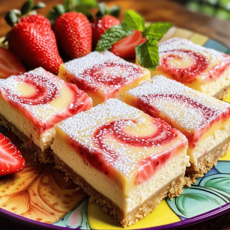 To make delicious strawberry lemon cheesecake bars, you need these key items: - 1 ½ cups graham cracker crumbs - ½ cup unsalted butter, melted - 2 tablespoons granulated sugar - 2 (8-ounce) packages cream cheese, softened - 1 cup granulated sugar - 3 large eggs, at room temperature - 1 teaspoon pure vanilla extract - 1 tablespoon lemon zest, finely grated - ½ cup freshly squeezed lemon juice - 1 cup fresh strawberries, pureed until smooth - 2 tablespoons powdered sugar (for topping) These ingredients blend to create a creamy, fruity treat that’s hard to resist. While the bars are tasty on their own, you can add fun toppings. Here are some ideas: - Fresh strawberry slices - Mint leaves for color - A drizzle of chocolate sauce - A dollop of whipped cream These toppings enhance the look and flavor of your dessert. When serving your strawberry lemon cheesecake bars, consider these pairings: - A cup of tea for a light touch - Sparkling water for a refreshing twist - Vanilla ice cream for a rich contrast - Fresh fruit salad for added freshness These pairings make your dessert experience even more delightful. First, preheat your oven to 350°F (175°C). This step is key for even baking. Next, take a 9x9 inch baking pan. You can grease it or line it with parchment paper. If you use parchment, let some hang over the edges. This makes it easy to lift out the bars later. In a medium bowl, gather 1 ½ cups of graham cracker crumbs, ½ cup of melted unsalted butter, and 2 tablespoons of granulated sugar. Mix these ingredients well. You want the mixture to look like wet sand. It should hold together when you squeeze it in your hand. Once mixed, pack the crust tightly into the bottom of your prepared pan. Bake this crust for 10 minutes. After baking, let it cool slightly while you prepare the filling. In a large mixing bowl, take 2 packages of softened cream cheese and 1 cup of granulated sugar. Use an electric mixer to beat them together until smooth. Make sure there are no lumps. Now, add 3 large eggs, one at a time. Mix well after each egg. Then, add 1 teaspoon of vanilla extract, 1 tablespoon of lemon zest, and ½ cup of freshly squeezed lemon juice. Mix until everything is combined and smooth. Carefully pour half of the cheesecake mixture over the cooled crust. Spread it evenly. Next, spoon 1 cup of pureed fresh strawberries on top. Use a knife or toothpick to swirl the strawberry puree into the cheesecake. Be gentle; you want a marbled look, not to mix it too much. Pour the rest of the cheesecake mixture over the strawberry layer and smooth it with a spatula. Now, bake the bars for 30-35 minutes. The edges should be set, but the center should still jiggle a bit. This means the bars will be creamy. After baking, let them cool to room temperature. Cover and refrigerate them for at least 4 hours, or overnight is even better. This chill time helps the flavors blend and the texture set. To get a smooth and creamy texture, start with softened cream cheese. It mixes better when it is at room temperature. Use an electric mixer for the best results. Beat the cream cheese and sugar until there are no lumps. Add eggs one at a time, mixing well after each. This helps keep the filling light and fluffy. If you follow these steps, your cheesecake will turn out creamy and delicious. Swirling the strawberry puree is fun and easy. First, spoon the puree onto the cheesecake layer in dollops. Then, grab a knife or toothpick. Gently drag it through the puree to create a marbled effect. Be careful not to overmix. You want to see those pretty swirls. This technique adds beauty and flavor to your cheesecake bars. Chilling is key for the perfect cheesecake bars. After baking, let them cool at room temperature first. This step helps prevent cracks. Then, cover the pan and place it in the fridge. Aim to chill for at least 4 hours. If you can wait overnight, do it! The longer they chill, the better the flavor will be. Enjoy your strawberry lemon cheesecake bars at their best! {{image_4}} You can switch things up by using different fruit purees. Instead of strawberries, try ripe raspberries, blueberries, or even peaches. Each fruit will give a unique taste and color. For a tropical twist, use mango puree. Just make sure the fruit is ripe for the best flavor. Blend it until smooth, just like with the strawberries. While graham crackers make a great crust, you can explore other options. Try using crushed cookies like Oreos or gingersnaps for a different flavor. A nut-based crust, made from almond or pecan flour, adds a rich, buttery taste. Mix the nuts with melted butter and a bit of sugar, then press it into the pan as you would with graham crackers. If you need a gluten-free option, you can easily adapt the recipe. Use gluten-free graham crackers or a mix of almond flour and coconut flour for the crust. Be sure to check that all your ingredients are certified gluten-free. This way, you can enjoy the cheesecake bars without worry! To keep your cheesecake bars fresh, first let them cool completely. Once cooled, cover the pan with plastic wrap or foil. You can also transfer the bars to an airtight container. This helps prevent drying and keeps them tasty. Store them in the fridge for up to five days. If you want to store the bars for longer, freezing is a great option. Cut the cheesecake into squares before freezing. Wrap each piece tightly in plastic wrap. Then place them in a freezer-safe bag or container. They can last up to three months in the freezer. When ready to eat, thaw them in the fridge overnight. After storing, the bars can lose some creaminess. To bring them back to life, let them sit at room temperature for about 30 minutes before serving. This will make them smoother and tastier. For a fun twist, add a sprinkle of fresh strawberries or mint on top for color and freshness. Yes, you can use frozen strawberries. Just thaw them first. Pat them dry, then puree them. This helps avoid extra moisture in your cheesecake bars. These cheesecake bars will stay fresh for up to five days in the fridge. Store them in an airtight container. This keeps them moist and tasty for a longer time. Absolutely! You can make these bars a day or two in advance. Just remember to chill them well in the fridge. This helps the flavors blend perfectly. Plus, it saves you time on the day you plan to serve them. In summary, we explored the key ingredients for making delicious strawberry lemon cheesecake bars. We covered the crust, filling, and optional toppings. You now have step-by-step instructions to create this treat, along with tips for a creamy texture and fun variations. Store them properly for the best taste later. Don’t forget to try freezing them for a refreshing dessert anytime. Enjoy your baking journey and impress your friends with your new skills!