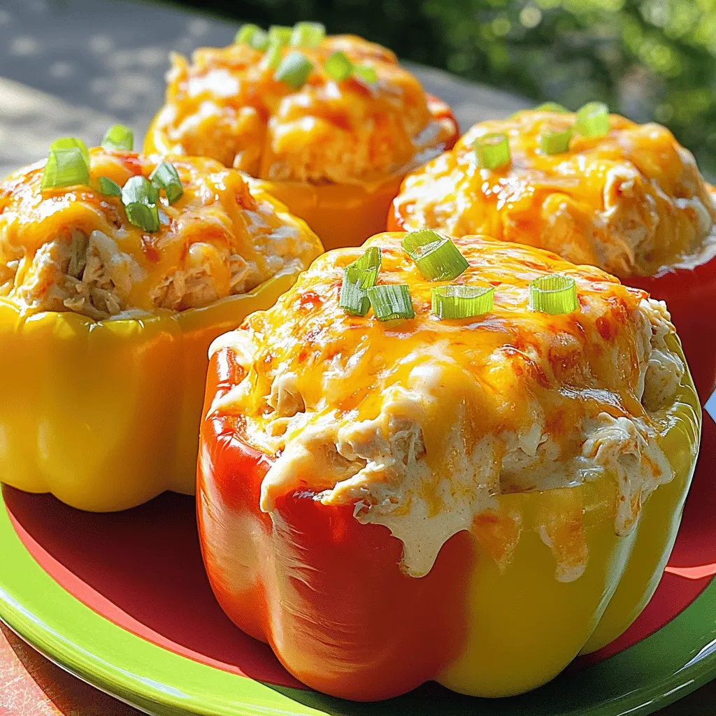 - 4 large bell peppers (any color) - 2 cups cooked chicken, shredded - 1/2 cup hot buffalo sauce - 1/2 cup cream cheese, softened to room temperature - 1/2 cup shredded cheddar cheese - 1/4 cup blue cheese crumbles (optional for added zing) - 1/4 cup green onions, finely chopped - Olive oil (for gentle drizzling) - Salt and freshly cracked pepper to taste When I make Buffalo Chicken Stuffed Peppers, I love using large bell peppers. They make the perfect boat for our spicy filling. You can choose any color you like—red, yellow, or green. Each brings its own taste! For the filling, I always use cooked chicken. Shredded chicken makes it easy to mix with the hot buffalo sauce. This sauce is where the magic happens. It adds a spicy kick that makes each bite exciting! Cream cheese is a key player in this dish. It helps to bind everything together and gives a creamy texture. I also add shredded cheddar cheese for extra flavor and richness. If you want a stronger taste, throw in some blue cheese crumbles. They add a nice zing! Don’t forget the seasonings! Green onions bring a fresh crunch. A drizzle of olive oil keeps everything moist. Lastly, a pinch of salt and pepper makes sure we hit the right flavor notes. Gather these ingredients, and you are ready to start cooking! 1. Preheat your oven to 375°F (190°C). This helps the peppers cook evenly. 2. Rinse the bell peppers under cool water. Cut off the tops and remove the seeds. This creates space for the filling. Drizzle olive oil inside and outside the peppers. Sprinkle a pinch of salt on them. Place the peppers upright in a baking dish. 1. In a large bowl, mix the shredded chicken with the hot buffalo sauce. 2. Add the softened cream cheese, half of the shredded cheddar cheese, and blue cheese if you like it. 3. Toss in half of the chopped green onions. Stir the mixture until everything is well blended and smooth. 1. Use a spoon or spatula to fill each pepper with the buffalo chicken mix. Press down gently to pack it in. 2. Top each pepper with the remaining cheddar cheese. This makes them extra cheesy and delicious. 3. Cover the baking dish with aluminum foil. Bake in the oven for 20 minutes. 4. After 20 minutes, take off the foil. Continue baking for 10-15 minutes more, until the peppers feel soft. The cheese should be bubbly and golden. 5. Once done, let them cool for a few minutes. Add the rest of the green onions on top for extra flavor before serving. - Avoid overcooking the peppers: Cook them until they are tender, not mushy. This gives a great texture. - Ensure even filling distribution: When you mix the chicken with the sauce and cheeses, make sure everything blends well. This way, each bite is packed with flavor. - Garnish ideas: Top your stuffed peppers with chopped green onions or extra buffalo sauce for a pop of color. You can also sprinkle fresh parsley for added freshness. - Pairing with side dishes: These peppers go well with a light salad or some crunchy veggies. A side of creamy ranch dip can also enhance the meal. - Reheating methods: For the best taste, reheat in the oven at 350°F. Cover with foil to keep them moist. You can also use the microwave for quick reheating, but the oven gives better texture. - Original vs. new flavor combos: Try mixing in different ingredients like black beans or corn for a fun twist. You can also use the filling in wraps or tacos for a new meal idea. {{image_4}} You can easily swap ingredients to fit your taste. Try using turkey or tofu instead of chicken. Both options work well. They bring different flavors but still taste great in stuffed peppers. For cheese, you have choices too. Swap cheddar for Monterey Jack or pepper jack for a kick. Cream cheese can also be replaced with ricotta. Explore these swaps to find your favorite mix. Adjust the spice level to match your taste. If you want it milder, use less buffalo sauce. You can add a touch of honey to sweeten the heat. For those who love spice, add more hot sauce or jalapeños to the filling. Adding vegetables is another way to change the flavor. Try mixing in chopped spinach, mushrooms, or even corn. Each vegetable adds its own twist to the dish. Consider different ways to serve these stuffed peppers. You can turn the filling into buffalo-style tacos. Just use soft tortillas instead of peppers. This is a fun way to eat them. Another option is a stuffed pepper casserole. Layer the filling and peppers in a baking dish, top with cheese, and bake. This style is great for sharing at gatherings. Each variation makes the meal fresh and exciting! How long can they be stored? Buffalo chicken stuffed peppers last about 3 to 5 days in the fridge. Store them in an airtight container to keep them fresh. Best practices for wrapping? Wrap each pepper in plastic wrap or foil before placing them in the container. This helps prevent drying out. Steps for freezing? To freeze, first let the stuffed peppers cool completely. Then, wrap each pepper tightly in plastic wrap. Place them in a freezer bag or container. This keeps them safe from freezer burn. Thawing instructions? To thaw, place the peppers in the fridge overnight. If you’re in a hurry, use the microwave on the defrost setting, but be careful not to cook them. Oven vs. microwave? The oven gives the best results. Preheat to 350°F (175°C) and heat the peppers for about 15-20 minutes. This keeps the peppers tender and the cheese melty. Tips for maintaining texture? If using the microwave, heat in short bursts, checking every minute. This avoids sogginess and helps keep the peppers firm. To make Buffalo Chicken Stuffed Peppers, follow these basic steps: 1. Preheat the oven to 375°F (190°C). 2. Rinse and cut the tops off four large bell peppers. Remove seeds and membranes. 3. Drizzle the inside and outside of the peppers with olive oil and sprinkle with salt. 4. In a bowl, mix 2 cups of shredded chicken, 1/2 cup of hot buffalo sauce, 1/2 cup cream cheese, and 1/2 cup shredded cheddar cheese. Add 1/4 cup blue cheese crumbles and 1/4 cup chopped green onions. 5. Fill the peppers with this mixture. 6. Top with remaining cheddar cheese. 7. Cover with foil and bake for 20 minutes. Remove foil and bake for another 10-15 minutes until soft and golden. This recipe is quick and fun, perfect for any meal! Yes, you can meal prep these stuffed peppers! Here are some tips: - Prepare the filling ahead of time and store it in the fridge for up to three days. - You can also stuff the peppers in advance. Just cover them and keep them in the fridge until you’re ready to bake. - When ready to cook, just pop them in the oven. This saves you time during busy days while still giving you a tasty meal. Buffalo Chicken Stuffed Peppers pair well with many sides. Here are some ideas: - Fresh garden salad for a crunchy contrast. - Coleslaw for a creamy and tangy side. - Sweet potato fries for a sweet touch. - Rice or quinoa to soak up the flavors. These sides enhance the dish and balance the heat from the buffalo sauce. Yes, you can make this recipe low-carb. Here’s how: - Use cauliflower rice instead of chicken for a veggie option. - Skip the blue cheese or use a low-carb cheese. - Opt for bell peppers, which are naturally low in carbs. These changes keep the flavors rich while fitting into a low-carb plan. Enjoy your meal while staying on track! Buffalo Chicken Stuffed Peppers are tasty and fun to make. We covered the main ingredients, like bell peppers, chicken, and spicy buffalo sauce. Then, I shared how to prepare and bake them perfectly. Remember to avoid overcooking for the best texture. You can get creative with swaps or new flavors. Store leftovers in the fridge or freezer to enjoy later. With these tips, your meals can stay exciting. Dive into this easy recipe, and enjoy your delicious creation!