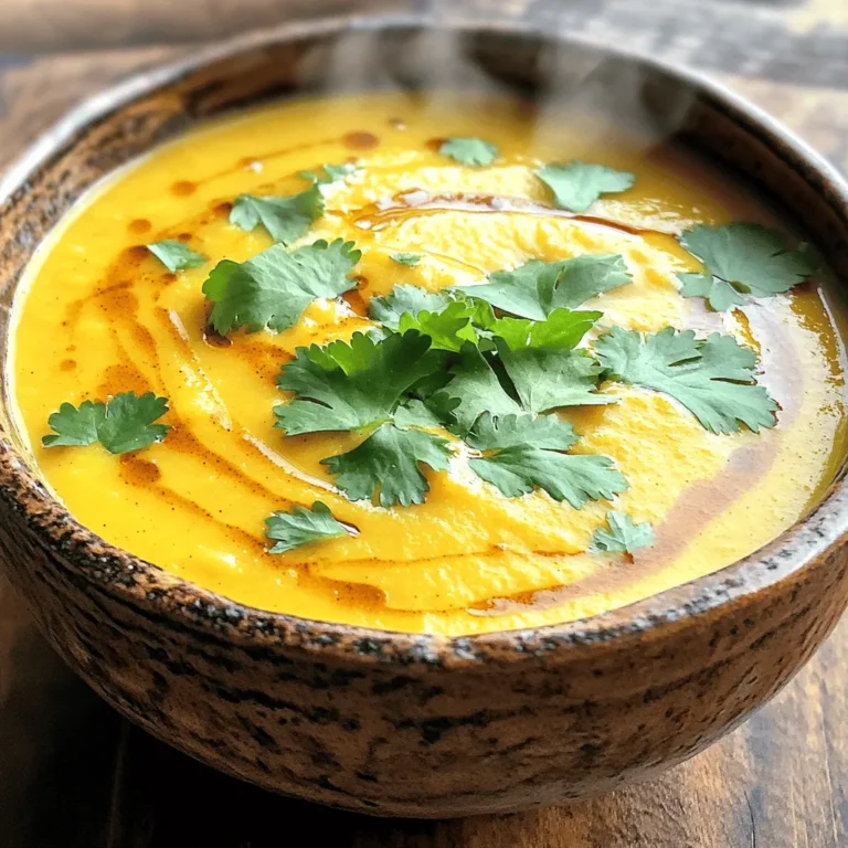 To make Coconut Curry Butternut Soup, you will need: - 1 medium butternut squash, peeled and diced into 1-inch cubes - 1 tablespoon olive oil - 1 medium onion, finely chopped - 3 cloves garlic, minced - 1 tablespoon fresh ginger, grated or minced - 2 tablespoons red curry paste (adjust based on spice preference) - 4 cups vegetable broth (low-sodium recommended) - 1 can (14 oz) coconut milk (full-fat for creaminess) - 1 tablespoon maple syrup (optional, for a touch of sweetness) - Salt and freshly ground black pepper, to taste - Juice of 1 lime (about 2 tablespoons) - Fresh cilantro leaves, for garnish You can swap ingredients based on what you have. - Butternut squash can be replaced with sweet potatoes or pumpkin. - Olive oil works well, but you can also use coconut oil for extra flavor. - Red curry paste can be replaced with yellow curry paste for less heat. - Vegetable broth can be switched with chicken broth for a different taste. - Use light coconut milk if you want a lighter soup. - Maple syrup is optional. You can use honey or agave instead. Coconut Curry Butternut Soup offers many healthy benefits. - Butternut squash is high in vitamins A and C. - Coconut milk provides healthy fats, which are good for your heart. - Ginger helps with digestion and adds a nice kick. - Fresh cilantro is rich in antioxidants and adds freshness. - This soup is a great source of fiber, keeping you full longer. Enjoy this tasty, nutritious soup that warms the soul and delights the taste buds! Start by heating 1 tablespoon of olive oil in a large pot over medium heat. The oil needs to be hot but not smoking. Once hot, add 1 medium onion that you finely chopped. Sauté the onion for about 5 minutes. You want it to turn translucent and soften. Next, stir in 3 minced garlic cloves and 1 tablespoon of grated ginger. Cook this mixture for another 1-2 minutes. Keep stirring to avoid burning the garlic. When it smells fragrant, you know it’s ready for the next step. Now, add the diced butternut squash to the pot. Use a medium squash, peeled and cut into 1-inch cubes. Stir in 2 tablespoons of red curry paste. This gives the soup its spice and flavor. Make sure the squash is well coated with the curry paste. Once mixed, pour in 4 cups of vegetable broth. I prefer low-sodium broth for better control of the soup's saltiness. Bring this mixture to a boil. When boiling, reduce the heat to low. Cover the pot and let it simmer for 20-25 minutes. You want the squash to be tender when pierced with a fork. After the squash is tender, take the pot off the heat. Use an immersion blender to blend the soup until it’s smooth and creamy. If you don’t have an immersion blender, carefully ladle the soup into a standard blender. Blend in batches and return it to the pot once smooth. Now, put the pot back on low heat. Stir in a can of coconut milk for creaminess. If you like a touch of sweetness, add 1 tablespoon of maple syrup. Season with salt, black pepper, and the juice of 1 lime. This adds brightness to the soup. Taste and adjust as needed. Let the soup warm on low heat for another 5 minutes. Stir occasionally to help the flavors meld together. Now, it’s ready to serve! Ladle it into bowls and top with fresh cilantro leaves for a burst of flavor and color. Enjoy your comforting bowl of Coconut Curry Butternut Soup! When making Coconut Curry Butternut Soup, avoid these common errors: - Not peeling the squash: The skin is tough and bitter. Always peel it first. - Skipping the aromatics: Garlic and ginger add great flavor. Don't skip them. - Overcooking the squash: Cook until tender, but not mushy. It should hold its shape. - Blending too quickly: If using a standard blender, let the soup cool slightly before blending. This prevents splatters. Having the right tools makes cooking easier. Here’s what I recommend: - Large pot: A sturdy pot helps cook the soup evenly. - Immersion blender: This makes blending easy. It saves time and cleanup. - Cutting board and knife: A sharp knife helps with chopping the squash and veggies. - Measuring cups and spoons: Accurate measurements ensure the best flavor. Want to take your soup to the next level? Try these tips: - Use fresh herbs: Cilantro adds freshness. Add it just before serving. - Add lime zest: It brightens the soup. Zest before juicing the lime. - Experiment with spices: A pinch of cumin or turmeric adds depth. Adjust to your taste. - For creaminess: Use full-fat coconut milk. It makes the soup rich and smooth. - Add crunch: Top with roasted nuts or seeds for texture. They add a nice contrast to the creamy soup. Enjoy these tips as you create your Coconut Curry Butternut Soup! {{image_4}} This soup is already vegan and gluten-free! The key ingredients are all plant-based. You use butternut squash, coconut milk, and vegetable broth. These make a creamy base without any animal products. Just check your red curry paste. Some may have fish sauce. Look for a vegan version to keep it plant-friendly! You can change the spice level to fit your taste. If you like more heat, add extra red curry paste. A pinch of cayenne can also spice things up! For a milder flavor, use less curry paste. You can also try adding turmeric for a warm color and flavor. Cumin or coriander will add depth to the taste. Experiment to find your perfect blend! Want to make the soup heartier? Add proteins like chickpeas or lentils. They boost nutrition and keep you full. For veggies, think of spinach or kale. Stir them in during the last few minutes of cooking. You can also add bell peppers or carrots for color and crunch. Customize your bowl to make it your own! To keep your Coconut Curry Butternut Soup fresh, store it in an airtight container. Let the soup cool down first. Once cool, pour it into the container. Make sure it’s sealed tight. This way, the soup stays flavorful and safe to eat. You can freeze the soup for later use. Pour the cooled soup into freezer-safe bags or containers. Leave some space at the top to allow for expansion. Label each bag with the date. This helps you know when to use it. The soup can last up to three months in the freezer. When you’re ready to enjoy your soup, thaw it in the fridge overnight. For quick reheating, you can use a microwave or stove. If using the microwave, heat in short bursts. Stir in between to ensure even heating. On the stove, heat over low heat. Stir often until hot. This keeps the soup creamy and tasty. Yes, you can make this soup ahead of time. It stores well in the fridge. Just let it cool completely before putting it in a container. It will last for about three to four days. You can also freeze it for up to three months. To reheat, just warm it on the stove or in the microwave until hot. Coconut Curry Butternut Soup pairs well with several sides. Here are some ideas: - Crusty bread or rolls - Rice or quinoa - A fresh salad with greens and citrus - Grilled cheese sandwiches for a cozy touch These sides can make your meal feel complete and comforting. To change the spice level, you can adjust the red curry paste. Start with one tablespoon for mild soup. For more heat, add more curry paste gradually. You can also add fresh chili peppers or red pepper flakes when serving. Always taste as you go, so you achieve your desired heat. You learned about making a tasty coconut curry butternut soup. We covered ingredients, cooking steps, tips, and variations. You now have ideas for storage and serving options too. Enjoy exploring flavors and making this soup your own. Keep in mind the tricks to avoid common mistakes. Cooking can be fun and satisfying. Your kitchen adventure awaits!