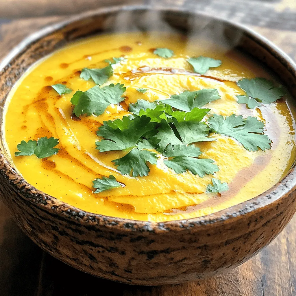 To make Coconut Curry Butternut Soup, you will need: - 1 medium butternut squash, peeled and diced into 1-inch cubes - 1 tablespoon olive oil - 1 medium onion, finely chopped - 3 cloves garlic, minced - 1 tablespoon fresh ginger, grated or minced - 2 tablespoons red curry paste (adjust based on spice preference) - 4 cups vegetable broth (low-sodium recommended) - 1 can (14 oz) coconut milk (full-fat for creaminess) - 1 tablespoon maple syrup (optional, for a touch of sweetness) - Salt and freshly ground black pepper, to taste - Juice of 1 lime (about 2 tablespoons) - Fresh cilantro leaves, for garnish You can swap ingredients based on what you have. - Butternut squash can be replaced with sweet potatoes or pumpkin. - Olive oil works well, but you can also use coconut oil for extra flavor. - Red curry paste can be replaced with yellow curry paste for less heat. - Vegetable broth can be switched with chicken broth for a different taste. - Use light coconut milk if you want a lighter soup. - Maple syrup is optional. You can use honey or agave instead. Coconut Curry Butternut Soup offers many healthy benefits. - Butternut squash is high in vitamins A and C. - Coconut milk provides healthy fats, which are good for your heart. - Ginger helps with digestion and adds a nice kick. - Fresh cilantro is rich in antioxidants and adds freshness. - This soup is a great source of fiber, keeping you full longer. Enjoy this tasty, nutritious soup that warms the soul and delights the taste buds! Start by heating 1 tablespoon of olive oil in a large pot over medium heat. The oil needs to be hot but not smoking. Once hot, add 1 medium onion that you finely chopped. Sauté the onion for about 5 minutes. You want it to turn translucent and soften. Next, stir in 3 minced garlic cloves and 1 tablespoon of grated ginger. Cook this mixture for another 1-2 minutes. Keep stirring to avoid burning the garlic. When it smells fragrant, you know it’s ready for the next step. Now, add the diced butternut squash to the pot. Use a medium squash, peeled and cut into 1-inch cubes. Stir in 2 tablespoons of red curry paste. This gives the soup its spice and flavor. Make sure the squash is well coated with the curry paste. Once mixed, pour in 4 cups of vegetable broth. I prefer low-sodium broth for better control of the soup's saltiness. Bring this mixture to a boil. When boiling, reduce the heat to low. Cover the pot and let it simmer for 20-25 minutes. You want the squash to be tender when pierced with a fork. After the squash is tender, take the pot off the heat. Use an immersion blender to blend the soup until it’s smooth and creamy. If you don’t have an immersion blender, carefully ladle the soup into a standard blender. Blend in batches and return it to the pot once smooth. Now, put the pot back on low heat. Stir in a can of coconut milk for creaminess. If you like a touch of sweetness, add 1 tablespoon of maple syrup. Season with salt, black pepper, and the juice of 1 lime. This adds brightness to the soup. Taste and adjust as needed. Let the soup warm on low heat for another 5 minutes. Stir occasionally to help the flavors meld together. Now, it’s ready to serve! Ladle it into bowls and top with fresh cilantro leaves for a burst of flavor and color. Enjoy your comforting bowl of Coconut Curry Butternut Soup! When making Coconut Curry Butternut Soup, avoid these common errors: - Not peeling the squash: The skin is tough and bitter. Always peel it first. - Skipping the aromatics: Garlic and ginger add great flavor. Don't skip them. - Overcooking the squash: Cook until tender, but not mushy. It should hold its shape. - Blending too quickly: If using a standard blender, let the soup cool slightly before blending. This prevents splatters. Having the right tools makes cooking easier. Here’s what I recommend: - Large pot: A sturdy pot helps cook the soup evenly. - Immersion blender: This makes blending easy. It saves time and cleanup. - Cutting board and knife: A sharp knife helps with chopping the squash and veggies. - Measuring cups and spoons: Accurate measurements ensure the best flavor. Want to take your soup to the next level? Try these tips: - Use fresh herbs: Cilantro adds freshness. Add it just before serving. - Add lime zest: It brightens the soup. Zest before juicing the lime. - Experiment with spices: A pinch of cumin or turmeric adds depth. Adjust to your taste. - For creaminess: Use full-fat coconut milk. It makes the soup rich and smooth. - Add crunch: Top with roasted nuts or seeds for texture. They add a nice contrast to the creamy soup. Enjoy these tips as you create your Coconut Curry Butternut Soup! {{image_4}} This soup is already vegan and gluten-free! The key ingredients are all plant-based. You use butternut squash, coconut milk, and vegetable broth. These make a creamy base without any animal products. Just check your red curry paste. Some may have fish sauce. Look for a vegan version to keep it plant-friendly! You can change the spice level to fit your taste. If you like more heat, add extra red curry paste. A pinch of cayenne can also spice things up! For a milder flavor, use less curry paste. You can also try adding turmeric for a warm color and flavor. Cumin or coriander will add depth to the taste. Experiment to find your perfect blend! Want to make the soup heartier? Add proteins like chickpeas or lentils. They boost nutrition and keep you full. For veggies, think of spinach or kale. Stir them in during the last few minutes of cooking. You can also add bell peppers or carrots for color and crunch. Customize your bowl to make it your own! To keep your Coconut Curry Butternut Soup fresh, store it in an airtight container. Let the soup cool down first. Once cool, pour it into the container. Make sure it’s sealed tight. This way, the soup stays flavorful and safe to eat. You can freeze the soup for later use. Pour the cooled soup into freezer-safe bags or containers. Leave some space at the top to allow for expansion. Label each bag with the date. This helps you know when to use it. The soup can last up to three months in the freezer. When you’re ready to enjoy your soup, thaw it in the fridge overnight. For quick reheating, you can use a microwave or stove. If using the microwave, heat in short bursts. Stir in between to ensure even heating. On the stove, heat over low heat. Stir often until hot. This keeps the soup creamy and tasty. Yes, you can make this soup ahead of time. It stores well in the fridge. Just let it cool completely before putting it in a container. It will last for about three to four days. You can also freeze it for up to three months. To reheat, just warm it on the stove or in the microwave until hot. Coconut Curry Butternut Soup pairs well with several sides. Here are some ideas: - Crusty bread or rolls - Rice or quinoa - A fresh salad with greens and citrus - Grilled cheese sandwiches for a cozy touch These sides can make your meal feel complete and comforting. To change the spice level, you can adjust the red curry paste. Start with one tablespoon for mild soup. For more heat, add more curry paste gradually. You can also add fresh chili peppers or red pepper flakes when serving. Always taste as you go, so you achieve your desired heat. You learned about making a tasty coconut curry butternut soup. We covered ingredients, cooking steps, tips, and variations. You now have ideas for storage and serving options too. Enjoy exploring flavors and making this soup your own. Keep in mind the tricks to avoid common mistakes. Cooking can be fun and satisfying. Your kitchen adventure awaits!