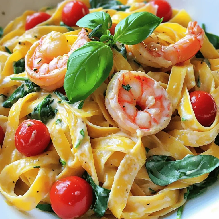 - Fettuccine pasta: Use 12 oz of fettuccine. This type of pasta holds the sauce well. - Shrimp: Choose 1 lb of shrimp. Make sure they are peeled and deveined for easy cooking. - Olive oil and garlic: Use 2 tablespoons of extra virgin olive oil. Add 3 cloves of finely minced garlic for flavor. - Additional ingredients: - 1 cup cherry tomatoes, halved for sweetness. - 2 cups fresh baby spinach, which adds color and nutrients. - 1 cup heavy cream for a rich, creamy texture. - 1/2 cup freshly grated Parmesan cheese for a savory touch. - 1 teaspoon Italian seasoning for a blend of herbs. - Salt and freshly cracked black pepper to taste. - Fresh basil leaves for garnish, adding freshness and aroma. - Skillet: A large skillet is best for cooking shrimp and sauce. It allows for even heat distribution and space for mixing. - Measuring tools: Use measuring cups and spoons for precise cooking. This helps maintain the right flavors. - Serving suggestions: Serve in shallow bowls or plates. Drizzle extra olive oil over the top. A sprinkle of extra Parmesan cheese can enhance the dish further. To make great pasta, always start with salted water. Salting gives the pasta flavor. Use about 1 tablespoon of salt for every 4 quarts of water. Bring the water to a rolling boil before adding the fettuccine. Cook the pasta for 8 to 10 minutes until it is al dente. This means it is firm but cooked. Once done, drain the pasta but save a cup of the water for later. Next, heat 2 tablespoons of olive oil in a large skillet over medium heat. When the oil is hot, add the shrimp. They should sizzle as they hit the pan. Season with salt and black pepper. Sauté the shrimp for about 2 to 3 minutes on each side. They should turn pink and opaque when done. Remove the shrimp from the skillet and place them on a plate. In the same skillet, add 3 cloves of minced garlic. Sauté for about 30 seconds until it is fragrant but not brown. Add 1 cup of halved cherry tomatoes to the skillet. Cook them for 3 to 4 minutes until they soften. Then, add 2 cups of fresh baby spinach. Cook until it wilts down. Slowly pour in 1 cup of heavy cream and stir in 1/2 cup of grated Parmesan cheese. Mix until the cheese melts and the sauce is creamy. Add 1 teaspoon of Italian seasoning, and taste for salt and pepper. Now, return the cooked fettuccine and shrimp to the skillet. Toss everything together to coat the pasta and shrimp in the sauce. If the sauce seems too thick, add a splash of the saved pasta water. This will help reach your desired consistency. Serve hot, garnished with fresh basil leaves for that extra touch. Using fresh herbs makes a big difference. Fresh basil and parsley add bright notes that dried herbs can't match. Dried herbs work, but fresh ones are best. If you have them, use fresh! Adjust the cream to control richness. Heavy cream gives a smooth texture and deep flavor. For a lighter option, try half-and-half or whole milk. Just remember, the cream is key for that luxurious taste. Serve the pasta in shallow bowls for a nice look. This makes it easier to enjoy and adds elegance. A drizzle of olive oil on top gives it a beautiful shine. Garnish with fresh basil leaves. They add color and a lovely aroma. You can also sprinkle extra Parmesan cheese for more flavor. A little detail can make your dish stand out. {{image_4}} You can easily change the shrimp in this dish. Try chicken or scallops for a new twist. For chicken, use bite-sized pieces. Cook them until they are golden brown. Scallops give a sweet taste. Sear them for that nice crust. If you prefer a vegetarian version, swap the shrimp for mushrooms or zucchini. Mushrooms add a rich flavor. Zucchini gives a nice crunch. You can keep the creamy sauce just the same. It will still taste great! To kick up the flavor, think about adding spices. Red pepper flakes bring heat to the dish. Start with a pinch and add more if you like it spicy. You can also customize this recipe with other vegetables. Bell peppers, asparagus, or even broccoli work well. Just sauté them with the garlic. This adds color and crunch to your meal. Feel free to get creative and make it your own! After enjoying your creamy Tuscan shrimp pasta, store any leftovers in an airtight container. This keeps the pasta fresh and safe. Place the container in the refrigerator. You can keep the pasta for up to three days. When reheating, avoid the microwave if you can. Instead, use a skillet over low heat. This helps maintain the creamy texture. Add a splash of water or broth to the skillet. This adds moisture and keeps the dish from drying out. Stir gently until heated through. Enjoy your pasta again without losing its delicious flavor! I recommend fettuccine for this dish. Its wide shape holds the sauce well. Other options include linguine or penne. These will also work nicely with the creamy sauce. Just remember to cook your pasta al dente for the best texture. Yes, you can! Simply use gluten-free fettuccine or any gluten-free pasta. Many brands offer great alternatives that taste similar. Be sure to check the cooking times, as they might differ from regular pasta. Perfectly cooked shrimp turn pink and opaque. They should curl into a "C" shape. Overcooked shrimp become tough and rubbery, so watch them closely. Cooking them for 2-3 minutes per side usually does the trick. You can make the sauce ahead of time. Just keep it in the fridge. When you are ready to serve, gently reheat it on the stove. Add a splash of cream or pasta water to loosen it up if needed. This dish pairs well with a fresh salad or garlic bread. A light Caesar salad adds a nice crunch. You can also serve it with steamed vegetables for a healthy side. Enjoy your meal! In this article, I covered all you need to make Creamy Tuscan Shrimp Pasta. We explored the key ingredients like fettuccine, shrimp, and garlic. I shared steps for cooking pasta, sautéing shrimp, and making a creamy sauce. You also learned tips for flavor and presentation, plus variations to suit your taste. Remember, cooking is about experimenting and having fun. Don’t hesitate to make this dish your own. Enjoy every bite!
