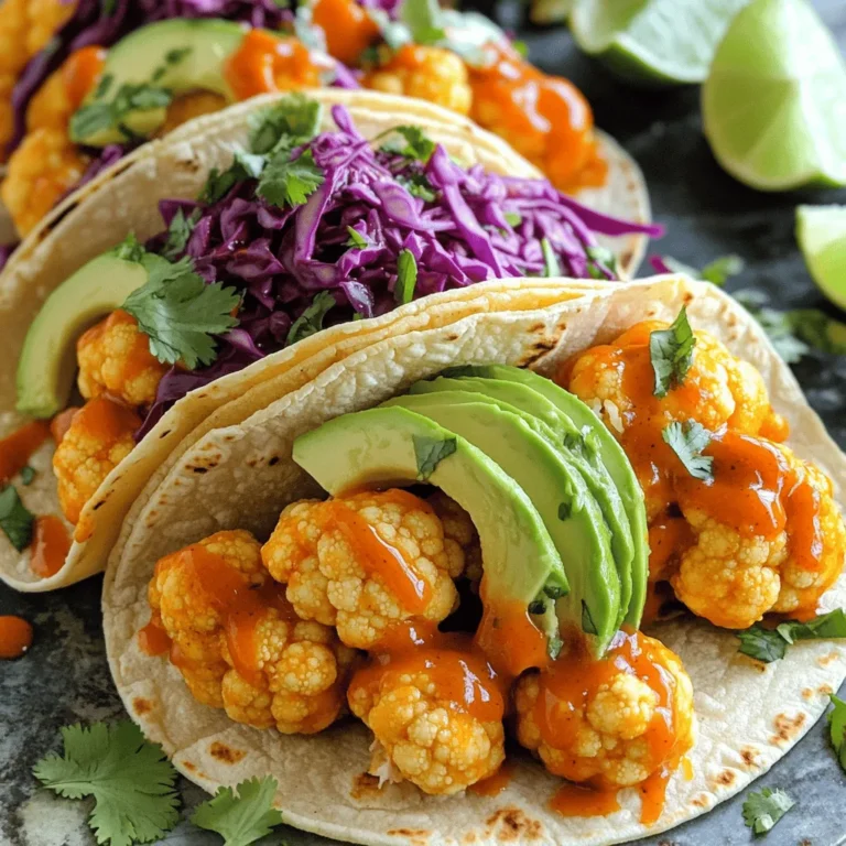 - 1 medium head of cauliflower - 1 cup all-purpose flour - 1 cup almond milk - 1 tablespoon garlic powder - 1 tablespoon smoked paprika - 1 teaspoon salt - 1 cup buffalo sauce - 8 small corn tortillas - 1 ripe avocado - 1 cup shredded red cabbage - Fresh cilantro and lime wedges for garnish You need fresh ingredients to make Buffalo Cauliflower Tacos tasty. Start with a medium head of cauliflower. Cut it into bite-sized florets for easy eating. Next, grab one cup of all-purpose flour. This will give the cauliflower a nice coating. You’ll also need one cup of almond milk. You can swap this for any plant-based milk you prefer. For flavor, add one tablespoon of garlic powder and one tablespoon of smoked paprika. These spices bring warmth and depth to the dish. Don’t forget one teaspoon of salt to enhance all the flavors! You will also need one cup of buffalo sauce. This sauce is what makes the tacos spicy and fun. For the tacos, use eight small corn tortillas. They hold the filling well and add a nice crunch. Top your tacos with one ripe avocado, sliced thin. Add one cup of shredded red cabbage for a fresh crunch. To finish, sprinkle fresh cilantro on top. Serve with lime wedges for a zesty kick! These ingredients come together to create a tasty vegetarian delight. Start by preheating your oven to 450°F (230°C). This high temperature helps the cauliflower get crispy and golden. Preheating is key. If your oven is not hot enough, the cauliflower will not bake well. In a large bowl, mix the flour and almond milk. Add garlic powder, smoked paprika, and salt. Whisk until the batter is smooth. No lumps should remain. A smooth batter sticks better to the cauliflower. This helps to create a nice crispy coating. Take each cauliflower floret and dip it into the batter. Make sure each piece is fully coated. Let any excess batter drip off. Place the florets on a lined baking sheet in a single layer. This helps them cook evenly. Bake the cauliflower for 20-25 minutes. Flip them halfway through. This ensures all sides get crispy. After baking, remove the cauliflower from the oven. In a large bowl, mix hot cauliflower with buffalo sauce. Toss gently to coat each piece. This step is crucial for flavor. Next, warm the corn tortillas in a skillet for about 30 seconds on each side. This makes them soft and easy to fold. To assemble, add a generous scoop of buffalo cauliflower to each tortilla. Top with avocado slices and shredded red cabbage for crunch. Finally, sprinkle fresh cilantro on top. Serve with lime wedges for an extra zesty flavor. Enjoy your tasty tacos! To get that perfect crispy texture, start with dry cauliflower. Pat the florets with a paper towel. This helps the batter stick better. When you coat the cauliflower, make sure to shake off excess batter. You want a thin layer, not a thick one. Baking gives a healthier option, but frying can add more crunch. If you bake, use a high oven temperature like 450°F. This will help it crisp up. If you fry, heat oil in a deep pan. Fry the florets in batches until golden brown. Toppings can take these tacos to the next level. Creamy avocado adds richness. Fresh cilantro brings a burst of flavor. Shredded cabbage gives a nice crunch. You can also drizzle extra buffalo sauce on top for more kick. For a homemade sauce, mix hot sauce with melted butter. This makes a great base for your tacos. These tacos go well with many sides. Try serving with a fresh salad or sweet potato fries. A light beer pairs nicely, too. You can also enjoy them with a refreshing lemon or lime drink. This will balance the heat from the buffalo sauce. {{image_4}} You can easily make Buffalo cauliflower tacos vegan and gluten-free. For a vegan option, use almond milk or any plant-based milk. The flour can be swapped with a gluten-free blend. This way, everyone can enjoy these tasty tacos! You can change up the flavor with different sauces and seasonings. Try using ranch dressing or barbecue sauce instead of buffalo sauce. You can also add chili powder or cumin for a kick! If you want extra veggies, toss in bell peppers or roasted onions. These changes keep the dish fresh and exciting. Adding toppings makes these tacos even better. You can sprinkle on some crumbled feta or blue cheese for creaminess. Fresh salsa or diced tomatoes add a juicy burst. For crunch, top with pickled jalapeños or sliced radishes. Don’t forget the lime wedges for a zesty finish! To keep your buffalo cauliflower tacos fresh, store leftovers in an airtight container. Place the tacos in the fridge as soon as you can. They taste best within three days. If you want to keep them longer, consider freezing. Just remember, the quicker you store them, the better they’ll taste later! To reheat your tacos, use an oven or an air fryer. Preheat the oven to 350°F (175°C). Place the tacos on a baking sheet. Heat them for about 10 minutes. Keep an eye on them to avoid burning. This method helps keep the cauliflower crispy. Avoid using the microwave, as it can make the tacos soggy. You can freeze buffalo cauliflower for later use. First, let it cool completely. Spread the cauliflower on a baking sheet in a single layer. Freeze for an hour until solid. Then, transfer it to a freezer-safe bag. Remove as much air as you can. It stays good for up to three months. To use, thaw it overnight in the fridge before reheating. Buffalo cauliflower tacos are a tasty twist on traditional tacos. They use cauliflower instead of meat. The cauliflower gets coated in a spicy batter and baked until crispy. Then, it is tossed in buffalo sauce for a kick of flavor. You serve it on warm corn tortillas with fresh toppings. The tacos are crunchy, spicy, and satisfying. You can add avocado and cabbage for a creamy and crunchy touch. Yes, you can prepare parts of the tacos ahead of time. Bake the cauliflower and store it in the fridge for up to three days. When ready to eat, warm the cauliflower in the oven. You can also warm the tortillas in advance. Keep the toppings fresh until serving. This way, you can enjoy a quick and easy meal. Meal prep makes busy days easier. To add more heat, try using a spicier buffalo sauce. You can also add red pepper flakes to the batter. If you want to kick it up a notch, mix in a dash of hot sauce. Another option is to add sliced jalapeños as a topping. Adjust the spice level to your liking. This way, you can enjoy the perfect amount of heat in each bite. These Buffalo Cauliflower Tacos are easy to make and packed with delicious flavors. You learned about all the ingredients, tips for crispiness, and tasty variations. Don’t forget to store your leftovers well to keep them fresh. Remember, you can adjust the spice level to fit your taste. I hope you feel inspired to try this fun dish. Enjoy every bite of your crispy, spicy, and satisfying tacos!