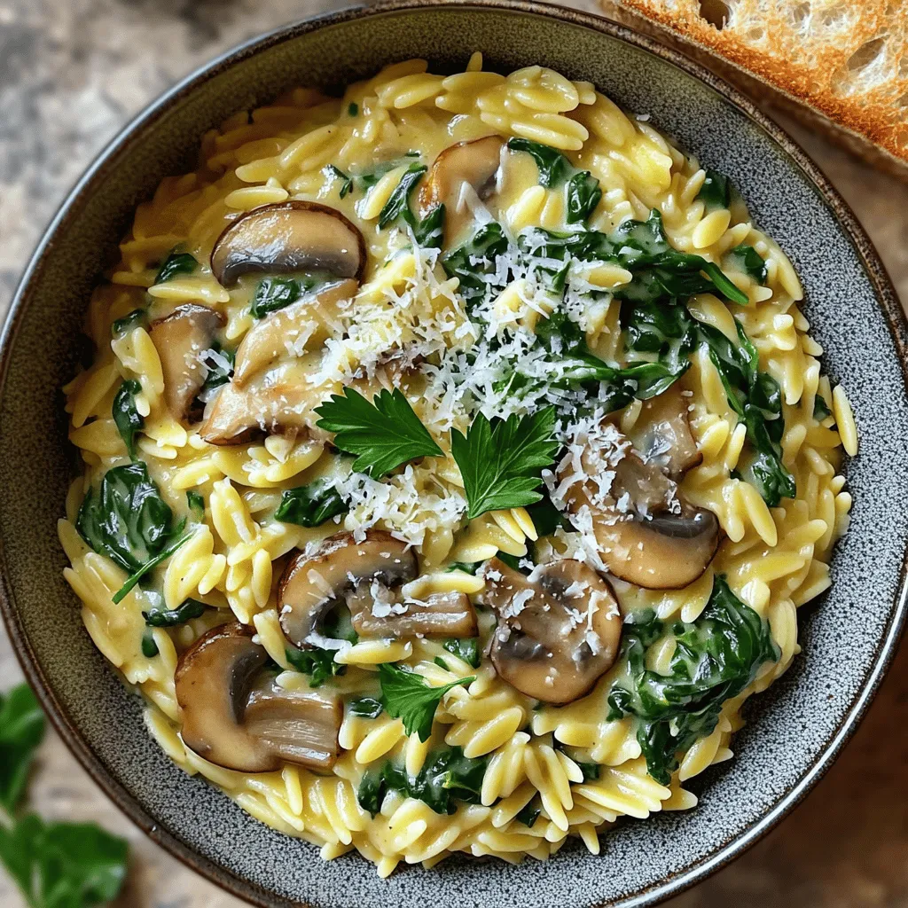 To make this dish, you need simple, fresh ingredients. Here’s what you will need: - 1 cup orzo pasta - 2 tablespoons olive oil - 1 small onion, finely diced - 3 cloves garlic, minced - 8 ounces fresh mushrooms, sliced (cremini or button varieties) - 4 cups fresh spinach leaves - 1 cup vegetable broth (preferably low sodium) - 1 cup heavy cream (or coconut cream for a dairy-free alternative) - 1 teaspoon dried thyme - 1 teaspoon garlic powder - Salt and freshly ground black pepper to taste - 1/4 cup grated Parmesan cheese (optional) - Fresh parsley, chopped, for garnish These ingredients blend well to create a creamy, rich flavor. The orzo serves as a wonderful base, soaking up all the tasty juices. Want to switch things up? Here are some optional ingredients you might consider: - Sun-dried tomatoes for a sweet tang - Peas for a pop of color and sweetness - Fresh herbs like basil or thyme for added flavor - Cooked chicken or shrimp for extra protein These additions can change the dish's taste and make it your own. Feel free to experiment! If you need to make swaps, here are some easy substitutions: - Use whole wheat orzo for a healthier option - Replace heavy cream with cashew cream for a vegan choice - Swap mushrooms for zucchini or bell peppers if you prefer - Use chicken broth instead of vegetable broth for a richer flavor These substitutions keep the dish tasty while catering to different diets. Enjoy making it your way! Start by boiling a large pot of salted water. Once it bubbles, add 1 cup of orzo pasta. Cook it until it is al dente, which usually takes about 8 to 10 minutes. After cooking, drain the orzo in a colander and set it aside. This step is key to a perfect texture. In the same pot, heat 2 tablespoons of olive oil over medium heat. When the oil shimmers, add 1 small diced onion. Sauté it for about 3 minutes until it becomes soft and clear. Next, add 3 minced garlic cloves and 8 ounces of sliced mushrooms. Cook this mix for 5 to 7 minutes. Stir it often until the mushrooms are tender and golden. Finally, toss in 4 cups of fresh spinach leaves. Stir for about 2 minutes until the spinach wilts and turns bright green. Now it is time to create the creamy sauce. Pour in 1 cup of vegetable broth, and let it simmer gently. Lower the heat and add 1 cup of heavy cream. Stir in 1 teaspoon of dried thyme, 1 teaspoon of garlic powder, and a pinch of salt and pepper. Let this mixture cook for another 2 to 3 minutes. This step allows all the flavors to blend beautifully. Gently fold the cooked orzo into the creamy mixture. Stir until everything combines well. If you want, add 1/4 cup of grated Parmesan cheese. Mix until the cheese melts and combines with the sauce. Taste the dish and adjust the seasoning as needed. Serve your creamy mushroom spinach orzo in shallow bowls. Top it with freshly chopped parsley and more Parmesan if you like. Enjoy this meal with some crusty bread for a perfect finish! Cooking orzo is simple. Here are key tips to ensure perfect results: - Use plenty of salted water: This adds flavor to the pasta. - Stir often: This prevents the orzo from sticking together. - Check for doneness: Aim for an al dente texture; it should be firm. - Reserve pasta water: This can help adjust sauce thickness later. To make your creamy mushroom spinach orzo shine, consider these tips: - Fresh herbs: Add basil or dill for a fresh touch. - Spices: Experiment with paprika or red pepper flakes for heat. - Umami boost: Use a splash of soy sauce or tamari for depth. - Cheese variety: Try feta or goat cheese for a tangy flavor. Serve your dish with style to impress: - Use shallow bowls: This makes the dish look inviting. - Garnish: Add fresh parsley on top for color. - Extra cheese: A light dusting of Parmesan adds elegance. - Pair with bread: A slice of crusty bread makes a great side. These tips will help you create a delicious and beautiful meal every time. {{image_4}} You can easily keep this dish vegetarian. The base of orzo, mushrooms, and spinach is already meat-free. Add more veggies like bell peppers or zucchini for extra color and taste. You might also try a different cheese, like feta, for a tangy twist. If you want a dairy-free option, swap the heavy cream for coconut cream. It adds a hint of sweetness and pairs well with the mushrooms. You can also use a dairy-free cheese to keep the creamy texture. Always check labels to ensure your choices are truly dairy-free. To boost the protein, consider adding cooked chicken, shrimp, or chickpeas. Cooked chicken adds heartiness, while shrimp cooks fast and gives a seafood flavor. Chickpeas are a great plant-based option. They soak up the sauce well and make the dish more filling. To keep your creamy mushroom spinach orzo fresh, place it in an airtight container. Make sure to let it cool down first. Store it in the fridge for up to three days. For best taste and texture, eat it within this time. When you’re ready to enjoy the leftovers, you can reheat the orzo in the microwave or on the stove. If using the microwave, heat for about one to two minutes. Stir halfway through to ensure even heating. On the stove, add a splash of vegetable broth or water to a pan. Heat over medium until warm, stirring often. This helps keep the dish creamy. You can freeze creamy mushroom spinach orzo if you want to save it for later. Place the cooled dish in a freezer-safe container. Label the container with the date. It can last up to three months in the freezer. When you're ready to eat it, thaw it overnight in the fridge. Reheat as mentioned above for the best results. I recommend using traditional orzo pasta. It has a nice texture and absorbs flavor well. You can also try whole wheat orzo for added nutrition. Just make sure to cook it until al dente for the best results. Yes, you can make it ahead of time. Cook the orzo and store it separately. Keep the creamy sauce in the fridge too. When you are ready to eat, simply combine them and heat until warm. To make it gluten-free, use gluten-free orzo. Many brands offer great options. Just follow the same cooking process. The flavor will still shine through with mushrooms and spinach. This dish pairs well with a simple salad or garlic bread. A crisp green salad adds freshness. You can also serve it with grilled chicken or roasted veggies for more protein. Absolutely! Creamy mushroom spinach orzo is great for meal prep. Divide it into containers for easy lunches or dinners. It stores well in the fridge and tastes even better the next day. This blog post covered all you need to know about creamy mushroom spinach orzo. We explored main and optional ingredients, including substitutes. I shared clear steps for cooking and serving. Tips for flavor and presentation will enhance your dish. You can also adapt this recipe for various diets. Finally, I gave storage and reheating advice. Enjoy making this easy and tasty meal!