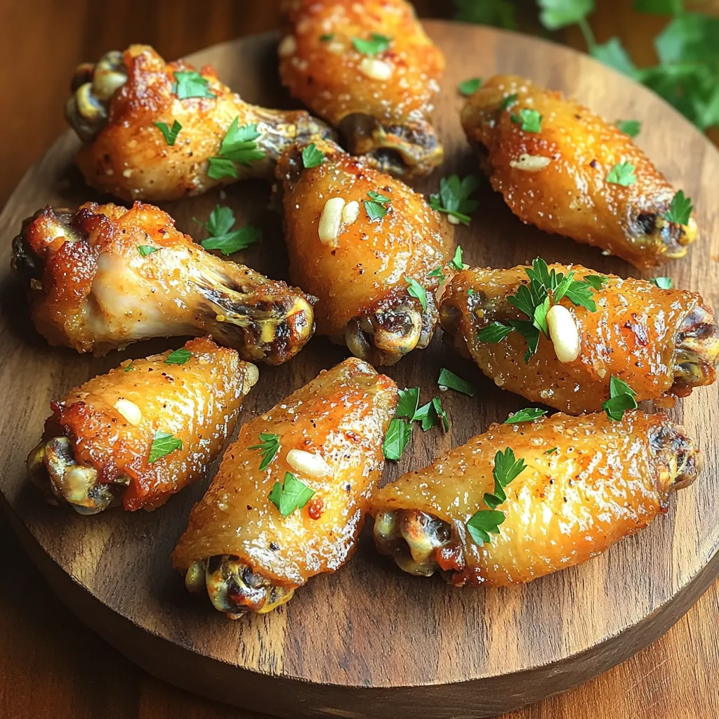 - 2 lbs chicken wings - 4 cloves garlic, finely minced - 2 tablespoons extra-virgin olive oil - 1 tablespoon low-sodium soy sauce - 1 teaspoon onion powder - 1 teaspoon smoked paprika - 1 teaspoon freshly ground black pepper - 1 teaspoon sea salt - 1 tablespoon fresh parsley, finely chopped (for garnish) To make these wings, start with fresh ingredients. Use 2 pounds of chicken wings. They should be plump and juicy. You also need 4 cloves of garlic. Finely mince the garlic to make it flavorful. Next, grab 2 tablespoons of extra-virgin olive oil. This oil adds richness to the wings. For the marinade, use 1 tablespoon of low-sodium soy sauce. It gives a nice umami flavor. Add 1 teaspoon each of onion powder, smoked paprika, freshly ground black pepper, and sea salt. These spices will make the wings pop with taste. Finally, for garnishing, use 1 tablespoon of fresh parsley. Finely chop it to add color and freshness to your dish. It makes the wings look even more appetizing. Enjoy creating this savory and crispy treat! In a large bowl, I combine the minced garlic, olive oil, soy sauce, onion powder, smoked paprika, black pepper, and sea salt. Mixing these ingredients creates a rich and tasty marinade. Be sure to whisk them well. This step is key for even flavor on the wings. Next, I add the chicken wings to the bowl. Using my hands or a spoon, I toss the wings until they are fully coated in the marinade. I cover the bowl with plastic wrap and place it in the fridge. Letting the wings sit for at least 30 minutes helps the flavors soak into the meat. For a stronger taste, I often marinate them for 1-2 hours or even overnight. First, I preheat the air fryer to 380°F (193°C) for about 5 minutes. This ensures the wings cook evenly and become extra crispy. Once preheated, I take the marinated wings from the fridge. I carefully arrange them in the air fryer basket in a single layer. It’s important that they do not overlap for the best crispiness. If my air fryer is small, I cook them in batches. I air fry the wings for 25-30 minutes. About halfway through, I gently shake the basket to turn the wings. This helps them cook evenly on all sides. I keep a close eye on them. When they turn golden brown and crispy, I know they’re ready. After cooking, I carefully take the wings out and let them rest on a plate for a few minutes. This resting time helps the juices stay inside the wings. To get wings that are crispy, start by preheating your air fryer to 380°F (193°C). This helps the wings cook evenly right from the start. When you place the wings in the basket, lay them out in a single layer. Do not stack them. If your air fryer is small, cook the wings in batches. This spacing allows hot air to circulate, making them crispy all around. For wings packed with flavor, let them marinate longer. While 30 minutes is good, try to marinate for 1-2 hours or even overnight. This extra time allows the garlic and spices to soak deeply into the meat. You can also play with the marinade. Add cayenne pepper for heat or swap smoked paprika for regular paprika for a different taste. When it’s time to serve, think about sides that complement the wings. Fresh veggies, like carrot and celery sticks, add crunch. You can also serve wings with ranch dressing or blue cheese dip. For a zesty twist, add lemon wedges on the side. This adds brightness and freshness to your meal. {{image_4}} You can add new flavors to your wings. Try cayenne pepper for some heat. Just a pinch can make a big difference. You can also use garlic powder for more garlic taste. Mix and match spices to find your favorite blend. Adjust the seasoning to suit your taste. If you don’t have an air fryer, you can still enjoy these wings. Baking is a great option. Preheat your oven to 400°F (200°C). Spread the wings on a baking sheet lined with parchment paper. Bake for 40-45 minutes, flipping halfway through. This method gives you crispy wings too. You can also fry them in oil. Heat oil in a deep pan and fry for 8-10 minutes. Make sure the wings are golden brown and cooked through. How you serve your wings can change the vibe. For a fun party, use a large platter. Arrange the wings with lemon wedges for color. You can add dips like ranch or blue cheese on the side. This way, everyone can pick their favorite sauce. For a casual meal, serve them in a bowl with toothpicks. This makes it easy for guests to grab and enjoy. After you enjoy your air fryer garlic chicken wings, store any leftovers properly. First, let the wings cool down to room temperature. Then, place them in an airtight container. This helps keep them fresh and tasty. You can store them in the fridge for up to four days. If you want them to last longer, freezing is a great option. Wrap each wing in plastic wrap, then place them in a freezer bag. This way, they can stay good for up to three months. When it's time to enjoy those leftover wings, reheating is key. The air fryer is my favorite method. Set it to 375°F (190°C) and cook the wings for about 5 to 7 minutes. This keeps them crispy. If you prefer using the oven, preheat it to 350°F (175°C). Arrange the wings on a baking sheet and heat for about 10 to 15 minutes. Both methods work well, but the air fryer does a better job at keeping that crunch. Knowing how long your wings can last is important. In the fridge, your wings are safe to eat for four days. If you freeze them, they can last up to three months. However, for the best taste, try to eat them within two months. Always check for any signs of spoilage, like a change in smell or texture. Keeping track of how long they’ve been stored helps you enjoy your wings at their best. To make your wings extra crispy, follow these tips: - Preheat your air fryer at 380°F (193°C) for 5 minutes. - Spread the wings in a single layer, avoiding overlap. - Shake the basket halfway through cooking. This helps cook all sides evenly. - Cook for 25-30 minutes until they turn golden brown. These steps ensure your wings have that perfect crunch. Also, consider using a light coat of baking powder. It can enhance the crispiness. Yes, you can use frozen chicken wings. Here’s how: - Increase the cooking time to 30-35 minutes. - Cook them at the same temperature, 380°F (193°C). - Be sure to shake the basket halfway through cooking to help them cook evenly. Using frozen wings is a great way to save time. Just remember, they may not be as crispy as fresh wings. Many sauces pair well with garlic chicken wings. Here are some great options: - Ranch dressing offers a cool balance. - Blue cheese dressing adds a rich flavor. - Spicy buffalo sauce can give a nice kick. - Honey mustard brings a sweet and tangy taste. Feel free to mix and match these sauces to find your favorite combination. Enjoy experimenting with different flavors! This blog post shared how to make delicious garlic chicken wings in an air fryer. You learned the main ingredients needed and how to prepare the marinade. I detailed the cooking process for perfect crispiness and offered tips to level up flavor. You can also explore variations and discover ways to store and reheat leftovers. Now, it’s time to enjoy your tasty wings! Use your creativity to experiment with flavors and make it your own. Happy cooking!