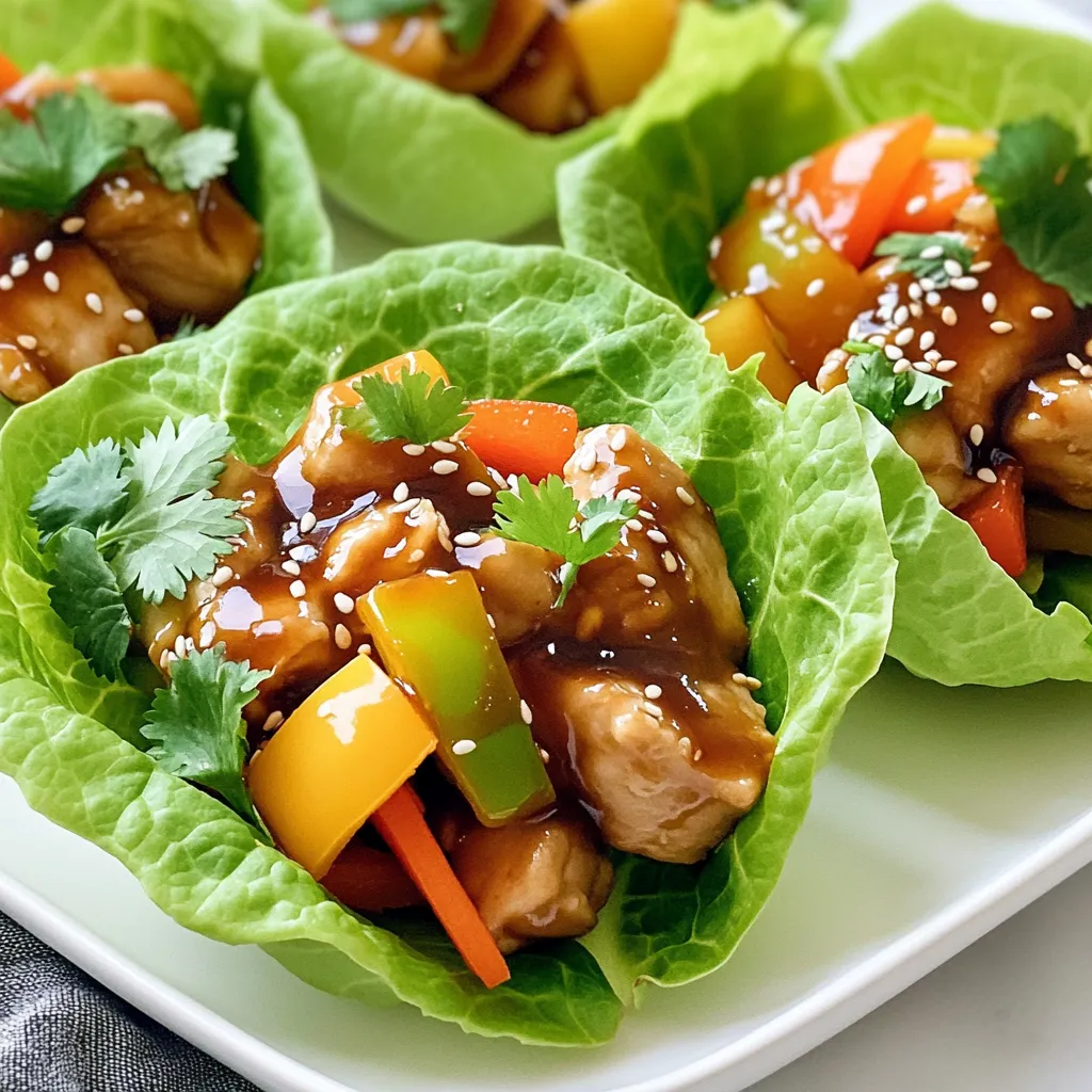 - 1 pound boneless, skinless chicken thighs - 1/4 cup teriyaki sauce - 2 tablespoons sesame oil - 1 cup bell peppers (red, yellow, orange) - 1/2 cup green onions - 1/2 cup shredded carrots - 1 head of romaine or butter lettuce - Sesame seeds for garnish - Fresh cilantro leaves for garnish - Chopped water chestnuts - Sliced radishes - Avocado cubes When I make teriyaki chicken lettuce wraps, I love to use fresh ingredients. They really bring out the flavors. For protein, I use boneless, skinless chicken thighs. They stay juicy and tender when cooked. You could also opt for chicken breast if you prefer. The teriyaki sauce adds a sweet and savory touch. I use a store-bought version for speed, but homemade is great too. Sesame oil gives a rich flavor. It’s perfect for cooking the chicken. I like to add a colorful mix of bell peppers. They not only taste great but also add crunch. Green onions and shredded carrots bring in fresh textures. For the wraps, I prefer romaine lettuce. It holds up well and has a nice crispness. Butter lettuce is another option if you like a softer wrap. Don’t forget the toppings! A sprinkle of sesame seeds adds a nice crunch, and fresh cilantro brings brightness. You can also add optional ingredients like chopped water chestnuts for extra crunch. Sliced radishes and avocado cubes can give a lovely creaminess. Gather these ingredients, and you’re ready to make a quick and tasty meal! - Heat 2 tablespoons of sesame oil in a skillet over medium heat. - Add 1 pound of diced chicken thighs to the skillet. Cook until golden brown, about 5-7 minutes. Stir the chicken often to cook it evenly. - Pour 1/4 cup of teriyaki sauce over the cooked chicken. Mix well to coat every piece. - Add 1 cup of finely chopped bell peppers and 1/2 cup of shredded carrots to the skillet. Stir for 2-3 minutes until the veggies are tender but still crisp. - Take a head of romaine or butter lettuce and gently separate the leaves. - Fill each lettuce cup with the teriyaki chicken mix. Be sure to give an even portion to each wrap. - Garnish the wraps with sesame seeds and fresh cilantro leaves for a nice touch. Enjoy these fun and tasty wraps! - Use medium heat to cook chicken thighs. This helps them cook evenly. - For the perfect char, let the chicken sear without stirring too often. This creates a nice crust. - Sprinkle sesame seeds over your wraps for a pop of flavor and crunch. - Add fresh cilantro on top for a burst of color and aroma. - Serve on a large platter for a beautiful display. Consider adding extra teriyaki sauce on the side. This invites guests to customize their wraps. Enjoy using chopsticks or fingers for fun! {{image_4}} You can switch the chicken for ground turkey or tofu. Both options work well and taste great. Ground turkey cooks quickly and has a mild flavor. Tofu is a good choice for a plant-based meal. It soaks up the teriyaki sauce nicely. For a seafood twist, try shrimp or scallops. These cook fast and add a fun texture. Just make sure not to overcook them. To spice up your wraps, add different sauces. A drizzle of spicy mayo adds a nice kick. You can also mix in sriracha for extra heat. If you want more depth, try adding ginger or garlic powder. These spices bring out great flavor. Fresh herbs like basil or mint can also brighten the dish. They add a fresh taste that pairs well with the teriyaki sauce. To keep your teriyaki chicken lettuce wraps fresh, you need to store them correctly. If you have any filled wraps, place them in an airtight container. This helps prevent sogginess. Unfilled lettuce leaves can also go in a separate container. Use paper towels to absorb moisture and keep them crisp. - Use glass or plastic containers with tight lids for best results. - A shallow container allows for easy stacking and access. When it's time to enjoy your leftovers, reheating the chicken mixture is key. Start by placing it in a skillet over low heat. Stir it gently to warm it up evenly. This will help keep the chicken juicy and flavorful. - Avoid using the microwave, as it can make the chicken tough. - If you need to, add a splash of water or teriyaki sauce to maintain moisture. By following these simple steps, you ensure that your teriyaki chicken lettuce wraps stay delicious for your next meal! Yes, you can prepare the chicken in advance. Cook the chicken and mix it with the teriyaki sauce. Let it cool and store it in the fridge. When ready to serve, just reheat it in a skillet. This saves time on busy days. Romaine and butter lettuce both work well. Romaine is crisp and sturdy. It holds the filling well. Butter lettuce is soft and tender. It offers a more delicate bite. Choose based on your texture preference. You can reduce calories and fat by using less sesame oil. Opt for skinless chicken breast instead of thighs. You can add more veggies for bulk and nutrition. This helps keep the wraps tasty and light. This blog post outlined a tasty chicken wrap recipe. We covered the main ingredients, optional add-ins, and step-by-step cooking details. You learned tips for cooking and garnishing, plus variations for different proteins and flavors. Storage info helps keep your wraps fresh. You can even prepare some parts ahead of time for convenience. Enjoy making these delicious wraps, and feel free to customize them to suit your taste. Cooking should be fun and satisfying!