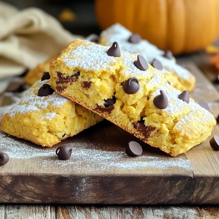 - 2 cups all-purpose flour - 1/4 cup granulated sugar - 1 tablespoon baking powder - 1/2 teaspoon baking soda - 1/2 teaspoon salt - 1 tablespoon pumpkin spice - 1/2 cup cold unsalted butter, cut into small cubes - 3/4 cup canned pumpkin puree - 1/4 cup heavy cream - 1 large egg - 1 teaspoon vanilla extract - 3/4 cup semi-sweet chocolate chips - Extra granulated sugar for sprinkling (optional) You will need a few tools to make these scones. Here’s what I recommend: - Large mixing bowl - Whisk - Pastry cutter or fork - Spatula or wooden spoon - Sharp knife or bench scraper - Baking sheet - Parchment paper - Wire rack Choosing the right ingredients is key to perfect scones. Here are my tips: - Flour: Use high-quality all-purpose flour. It gives the scones structure. - Butter: Opt for unsalted butter. Cold butter creates flaky layers. - Pumpkin Puree: Go for canned pumpkin puree. It’s consistent and easy to use. - Chocolate Chips: Use semi-sweet chocolate chips for the best balance of sweetness. - Spices: Fresh pumpkin spice can add a nice kick. Check the date to ensure freshness. With these tips, you can ensure your scones taste amazing! First, preheat your oven to 400°F (200°C). This step is key for great scones. While the oven warms up, prepare a baking sheet. Line it with parchment paper. This helps prevent the scones from sticking. Next, grab a large mixing bowl. In it, whisk together the dry ingredients. Combine 2 cups of all-purpose flour, 1/4 cup of granulated sugar, 1 tablespoon of baking powder, 1/2 teaspoon of baking soda, 1/2 teaspoon of salt, and 1 tablespoon of pumpkin spice. Mix until everything is well combined, with no lumps remaining. Now, let’s add the butter. Take 1/2 cup of cold unsalted butter and cut it into small cubes. Add the butter to your dry mixture. Use a pastry cutter or your fingers to blend it in. You want the mixture to look like coarse crumbs, with some pea-sized pieces of butter still visible. In a separate bowl, combine the wet ingredients. Whisk 3/4 cup of canned pumpkin puree, 1/4 cup of heavy cream, 1 large egg, and 1 teaspoon of vanilla extract. Mix until smooth. This blend is what gives the scones their rich flavor and moist texture. Carefully pour the wet mixture into the dry ingredients. Use a spatula or wooden spoon to stir gently. Mix until just combined. Be careful not to overmix; this could make your scones tough. Once mixed, turn the dough onto a lightly floured surface. Pat it down into a circle about 1-inch thick. Use a sharp knife to cut the dough into 8 wedges. If you prefer, you can use a round cutter to make individual scones. Transfer the scones to your prepared baking sheet. For a nice finish, brush the tops with a bit of extra cream. You can sprinkle some granulated sugar on top as well. Bake in your preheated oven for 15-18 minutes. They should be golden brown and firm. Let them cool on a wire rack for a few minutes before serving. Enjoy them warm for the best taste! To get the best scone texture, start with cold butter. This helps create flaky layers. Cut the butter into small cubes before mixing. Use your fingers or a pastry cutter to blend it into the flour. Stop when it looks like coarse crumbs. This keeps the scones light and airy. One big mistake is overmixing the dough. When you combine wet and dry ingredients, mix gently. You want to see some dry flour. Overmixing makes scones tough. Another mistake is skipping the cold butter. Warm butter leads to dense scones. Always keep it cold for the best results. Using pumpkin spice is key for flavor. It adds warmth and depth. Feel free to adjust the amount to fit your taste. You can also add cinnamon or nutmeg for a twist. If you want more chocolate flavor, try dark chocolate chips instead. This small change can make a big difference in taste. {{image_4}} You can change some ingredients to make these scones fit your needs. If you want a dairy-free option, use coconut cream instead of heavy cream. You can also swap all-purpose flour for whole wheat flour for a healthier choice. If you don't have pumpkin spice, mix cinnamon, nutmeg, and ginger. These changes will still give you tasty scones. Adding different flavors can make your scones unique. Nuts like pecans or walnuts add a nice crunch. You can also add dried fruits like cranberries or raisins for a sweet twist. If you love spices, try adding cardamom or cloves. Each choice will change the taste and fun of your scones. To make gluten-free scones, use a gluten-free flour blend. Look for a mix that has xanthan gum for binding. Replace the baking powder with gluten-free baking powder. This will help your scones rise well. You might want to add a bit more pumpkin puree to keep them moist. With these swaps, you can enjoy scones without gluten. To keep your bakery-style pumpkin chocolate chip scones fresh, store them in an airtight container. This helps to keep them soft and moist. If you want to maintain maximum flavor, place a piece of bread in the container. The bread will absorb any excess moisture and keep your scones chewy. You can store them at room temperature for up to three days. If you want to keep them longer, refrigeration is a good option, but it may dry them out. When you want to enjoy your scones again, reheating is key. Preheat your oven to 350°F (175°C). Wrap each scone in aluminum foil to help retain moisture. Place them in the oven for about 10 minutes. If you prefer a quicker method, you can microwave them for 20-30 seconds. Just be careful not to overheat, or they may become tough. Freezing your scones is a great way to save some for later. First, allow them to cool completely. Then, wrap each scone tightly in plastic wrap and place them in a freezer-safe bag. They can stay in the freezer for up to three months. When you’re ready to eat one, just thaw it in the fridge overnight, then reheat as described above. This way, you can enjoy fresh-tasting scones whenever you like! Yes, you can make these scones ahead of time. You can prepare the dough and shape it into wedges. Then wrap it in plastic wrap and store it in the fridge for up to 24 hours. When you are ready to bake, just preheat the oven and bake them straight from the fridge. They will still taste fresh and delicious. You can use milk or a plant-based milk if you want a lighter option. If you need a richer flavor, mix equal parts of milk and melted butter. This will give you a similar texture to heavy cream. Yogurt can also work, but it may change the taste slightly. The scones are done when they turn a golden brown color. They should feel firm to the touch. You can insert a toothpick into the center; if it comes out clean, they are ready. The smell will also be a good clue. They should smell warm and inviting. Yes, you can use fresh pumpkin. You will need to cook the pumpkin first. Cut it into pieces, steam or roast it until soft, and then mash it. Make sure to drain any excess water. Fresh pumpkin will add a nice flavor and texture to your scones. You learned the key ingredients and steps for making perfect scones. I shared tips for choosing quality ingredients and common mistakes to avoid. You can explore fun variations and how to store and freeze scones. Remember, achieving the right texture takes practice. Don't be afraid to experiment with flavors. Enjoy baking your scones, and make them your own. Happy baking!