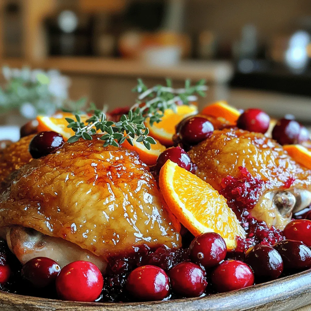 - 4 bone-in, skin-on chicken thighs - 1 cup fresh cranberries - 1 medium orange, zested and juiced - 1/2 cup low-sodium chicken broth - 1/4 cup honey - 2 tablespoons soy sauce - 2 cloves garlic, minced - 1 teaspoon fresh ginger, grated - 1/2 teaspoon black pepper - 1 teaspoon salt - 1 tablespoon olive oil - Fresh thyme or parsley for garnish - A splash of balsamic vinegar for tang - Chopped green onions for a fresh finish - A pinch of red pepper flakes for heat - Slow cooker for even cooking - Medium-sized skillet for searing - Mixing bowl for the sauce - Whisk for blending ingredients - Tongs for easy chicken handling - Measuring cups and spoons for accuracy Start by patting the chicken thighs dry with paper towels. This step helps the skin get crispy. Next, season both sides of each thigh with salt and black pepper. Use enough to bring out the chicken's natural taste. Heat olive oil in a medium skillet over medium-high heat. Once hot, add the chicken thighs skin-side down. Sear them for about 5-7 minutes until they turn golden brown. Then, flip the thighs and cook for 3-5 more minutes. After searing, remove the chicken from the skillet and set it aside. In a mixing bowl, combine the orange juice and zest, honey, soy sauce, minced garlic, grated ginger, and chicken broth. Whisk these ingredients together until they blend well. This sauce will bring the dish to life with its sweet and tangy flavor. Now, place the seared chicken thighs into the slow cooker. Pour the cranberry-orange sauce over the top. Make sure the cranberries spread evenly around the chicken. This helps each bite be full of flavor. Cover the slow cooker with its lid. Set it to cook on low for 6-8 hours or on high for 3-4 hours. The chicken is done when it's tender and fully cooked. You’ll know it’s perfect when it falls off the bone. Once cooking is done, carefully take the chicken out using tongs. If you want a thicker sauce, pour the remaining sauce into a saucepan. Simmer it over medium heat for a few minutes. This will help it thicken up. Finally, arrange the chicken on a platter, drizzle with sauce, and garnish with fresh thyme or parsley. Enjoy the delightful dish! To get perfect chicken, always start with good quality meat. Use bone-in, skin-on chicken thighs. They stay juicy and add flavor. Pat the chicken dry with paper towels. This helps the skin get crispy. Season the chicken well with salt and pepper. This step is key to flavor. To get that crispy skin, sear the chicken first. Heat olive oil in a skillet over medium-high heat. Add the chicken skin-side down for about 5-7 minutes. Look for a nice golden color. Flip and cook for 3-5 more minutes. This step locks in moisture and enhances taste. If you want a thicker sauce, simmer it after cooking. After removing the chicken, pour the sauce into a saucepan. Heat it over medium heat. Let it reduce for a few minutes. Stir occasionally. This will thicken the sauce and deepen the flavor. Adjust it to your liking before serving. {{image_4}} You can change some ingredients to suit your taste. Instead of chicken thighs, try chicken drumsticks or breasts. If you want a sweeter flavor, use maple syrup instead of honey. For a different citrus twist, swap orange juice for lemon or lime juice. If you don’t have fresh cranberries, canned cranberries work too. Just remember to rinse and drain them well. You can cook this dish in different ways. If you want to use an Instant Pot, follow these steps. Sear the chicken as you would in a skillet. Then, add the sauce and cook on high pressure for about 10 minutes. Let the steam release naturally for better texture. For the oven, preheat it to 375°F. Place the chicken and sauce in a baking dish, cover with foil, and bake for about 45 minutes. Check that the chicken is cooked through before serving. This dish is great for any season. In fall, serve it with mashed potatoes and roasted veggies. In winter, add a side of stuffing for a cozy meal. For a summer twist, pair it with a fresh salad or grilled corn. You can also garnish it with seasonal herbs like rosemary in the fall or basil in the summer for added flavor. After enjoying your Slow Cooker Cranberry Orange Chicken Roast, let any leftovers cool. Place the chicken and sauce in an airtight container. Store in the fridge for up to four days. If you prefer, you can also separate the chicken from the sauce for easier storage. To reheat, take the chicken and sauce from the fridge. You can use a microwave or stovetop. If using a microwave, cover the dish and heat for 1-2 minutes. Check if it's warm; if not, heat for another minute. On the stovetop, warm the chicken and sauce in a saucepan over low heat until hot. Stir gently to avoid burning. If you want to freeze leftovers, first cool them completely. Place the chicken and sauce in a freezer-safe bag or container. Remove as much air as possible to prevent freezer burn. You can freeze them for up to three months. To eat, thaw overnight in the fridge, and then reheat using the instructions above. Yes, you can use chicken breasts. They will cook faster than thighs. Adjust cooking time to 4-6 hours on low or 2-3 hours on high. Keep in mind that breasts may be less juicy than thighs. To serve more people, simply double the ingredients. Use 8 chicken thighs and increase the sauce. Make sure your slow cooker can hold the extra food. Cook time remains the same, but check for doneness. This chicken roast goes well with: - Rice (white or brown) - Mashed potatoes - Quinoa - Steamed vegetables - Green salad These sides balance the sweet and tart flavors of the dish. Yes, you can make it a day ahead. Cook the chicken and store it in the fridge. Reheat it gently in the slow cooker or on the stove. This allows the flavors to meld even more. Yes, you can use frozen cranberries. Just toss them in directly from the freezer. They will thaw and cook down as the chicken roasts. Frozen cranberries may be slightly softer in texture. This article shared how to make a delicious chicken dish. We covered the key ingredients, tools, and step-by-step cooking instructions. You learned tips for perfect results and ways to tweak the recipe for your taste. Storing and reheating leftovers is easy, and we answered common questions about the dish. Cooking can be fun and rewarding. With these methods, you can impress your family and friends. Enjoy your chicken, and don’t hesitate to explore your own variations!