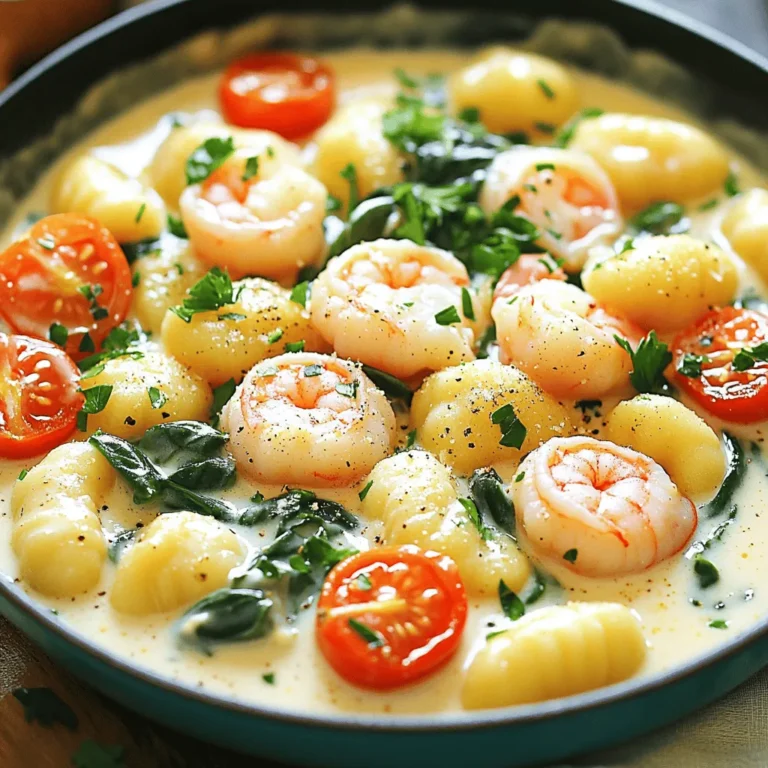 - 1 lb (450g) shrimp, peeled and deveined - 1 lb (450g) gnocchi (store-bought or homemade) - 4 cloves garlic, minced - 1 cup heavy cream - 1 cup vegetable broth - 1 teaspoon red pepper flakes (for heat) - Fresh parsley, chopped (for garnish) - Grated Parmesan cheese (for serving) - 1 teaspoon dried basil - Salt and pepper to taste Each ingredient plays a key role in the flavor of Creamy Garlic Shrimp Gnocchi. Let’s break them down. The shrimp adds a sweet, tender bite. I love using fresh shrimp, but frozen works too. Just thaw it first. The gnocchi gives this dish a delightful pillow-like texture. You can easily buy it or make your own. If you choose store-bought, look for quality brands. Garlic is crucial. It gives the dish a robust flavor. Mince it finely to release its essence. The heavy cream creates a rich, creamy sauce. It balances the flavors of garlic and shrimp. The vegetable broth adds depth and warmth to the dish. I prefer low-sodium broth. This way, I can control the saltiness. The optional ingredients elevate the experience. Red pepper flakes add a hint of heat. I use them based on my mood. Fresh parsley brings brightness, while grated Parmesan cheese adds a savory finish. Seasoning is key. I use dried basil for an herbal note. Salt and pepper enhance all flavors. Adjust these to your taste, and you'll be on your way to a fantastic meal. To cook gnocchi, bring a pot of salted water to a boil. Add the gnocchi to the water. If you use store-bought gnocchi, follow the package instructions. They are done when they float. This usually takes about 2-3 minutes. After they rise, drain the gnocchi well. Let them sit for a moment to allow excess water to evaporate. Heat 2 tablespoons of olive oil in a large skillet over medium heat. Add 4 cloves of minced garlic. Stir it often for about 1 minute. You want the garlic to smell great, not burn. If it turns brown, you must start over. Burnt garlic can ruin your dish. Now, add 1 pound of peeled and deveined shrimp to the skillet. Season the shrimp with salt and pepper. If you like some heat, add red pepper flakes. Cook the shrimp for about 2-3 minutes. They are done when they turn pink and opaque. Once they are cooked, take them out and set them aside. In the same skillet, pour in 1 cup of vegetable broth. Heat it until it simmers. Then, stir in 1 cup of heavy cream. Mix well to create a creamy sauce. It should be smooth and thick. If it bubbles too much, lower the heat. Next, add the halved cherry tomatoes and cooked gnocchi to the sauce. Sprinkle in 1 teaspoon of dried basil for flavor. Stir everything together. Cook for about 3-4 minutes. This helps the sauce thicken and the tomatoes soften. Now, fold in 1 cup of roughly chopped fresh spinach and return the shrimp to the skillet. Cook for 2 more minutes. Make sure the spinach wilts and everything heats through. Taste the dish and add more salt and pepper if needed. Serve it in shallow bowls. Top with grated Parmesan cheese and fresh chopped parsley for a pretty finish. To cook gnocchi just right, start by boiling water in a large pot. When the water is bubbling, add a pinch of salt for flavor. Drop in the gnocchi and watch closely. They are done when they float to the top. This usually takes about 2-3 minutes. If they sink back down, give them some more time. Once cooked, drain them well. Let them sit for a minute to dry off excess water. This helps the sauce stick better. To make your dish even tastier, consider adding a splash of lemon juice. This brightens the flavors and adds a nice zing. You can also try adding sun-dried tomatoes for a richer taste. Fresh herbs like thyme or oregano can boost the flavor too. If you want some heat, add more red pepper flakes than the recipe suggests. Experiment with what you love! A common mistake is overcooking the gnocchi. This can make them mushy and unappealing. Always watch them closely. Another issue is the consistency of the sauce. If it becomes too thick, add more vegetable broth or cream. This keeps it smooth and creamy. When cooking shrimp, aim for a light pink color. They cook quickly, so don’t leave them in the pan too long. Overcooked shrimp can turn tough and rubbery. Always remove them from the heat as soon as they are done. {{image_4}} You can add different vegetables to your creamy garlic shrimp gnocchi. Some great options include: - Bell peppers - Zucchini - Broccoli - Peas When adding these veggies, adjust the cooking times. For example, bell peppers and zucchini cook quickly, so add them when you sauté the garlic. Broccoli may need a few extra minutes. Steam it first, then mix it in before serving. This keeps your dish colorful and full of nutrients. If you want a change from shrimp, there are tasty options. You can use: - Chicken breast, diced - Scallops - Tofu for a vegetarian choice - Mushrooms for a hearty, meat-free meal For chicken or scallops, cook them the same way as the shrimp. Tofu needs longer to absorb flavors, so sauté it until golden brown before adding. Mushrooms add a nice texture; just slice and sauté until soft. You can switch up the sauce for a fun twist. Try these ideas: - Use half-and-half instead of heavy cream for a lighter option. - Coconut milk adds a nutty taste and is dairy-free. - For a spicy kick, mix in some hot sauce or extra red pepper flakes. Adding herbs like thyme or oregano can enhance the flavor, too. Try mixing in some sun-dried tomatoes for a burst of flavor. These variations keep the dish fresh and exciting every time you make it! To keep your creamy garlic shrimp gnocchi fresh, store leftovers in the fridge. Use an airtight container to lock in moisture. This helps keep the sauce creamy and the shrimp tender. Make sure to let the dish cool before sealing. It can stay fresh for up to three days in the fridge. When reheating, avoid the microwave if you can. Instead, use a skillet on low heat. Add a splash of vegetable broth or cream to keep it moist. Stir gently for even heating, so the shrimp and gnocchi do not become tough. Serve with a sprinkle of Parmesan for extra flavor. You can freeze the gnocchi and sauce separately. For best results, freeze the sauce in small portions. Use freezer-safe bags or containers to save space. To defrost, move the sauce to the fridge overnight. Reheat on low heat in a skillet, adding a bit of cream to restore creaminess. Yes, you can use frozen shrimp. Just remember to thaw them before cooking. To thaw, place them in the fridge overnight. If you're short on time, run them under cold water for a few minutes. Frozen shrimp may need slightly more time to cook. Fresh shrimp cook quickly and have a better texture. This dish pairs well with a light salad or garlic bread. A simple green salad with vinaigrette adds freshness. Garlic bread complements the creamy sauce nicely. You might also try a side of roasted vegetables for a healthy touch. The dish has a mild heat level. The red pepper flakes add a kick, but you can adjust the spice. If you prefer no heat, simply skip the red pepper flakes. For more spice, add extra flakes or a dash of hot sauce. Yes, you can make it dairy-free. Use coconut cream instead of heavy cream. For cheese, try nutritional yeast or dairy-free cheese. These swaps will keep the creamy texture while catering to your dietary needs. This blog post covered how to make a delicious Creamy Garlic Shrimp Gnocchi. We discussed key ingredients like shrimp, gnocchi, and garlic. You learned step-by-step instructions for cooking, combining ingredients, and perfecting flavor. Tips helped avoid mistakes, enhance taste, and customize the dish. In conclusion, this recipe is easy and fun. With some practice, you can create a tasty meal everyone will enjoy. Don’t be afraid to try new flavors and variations. Enjoy your cooking adventure!