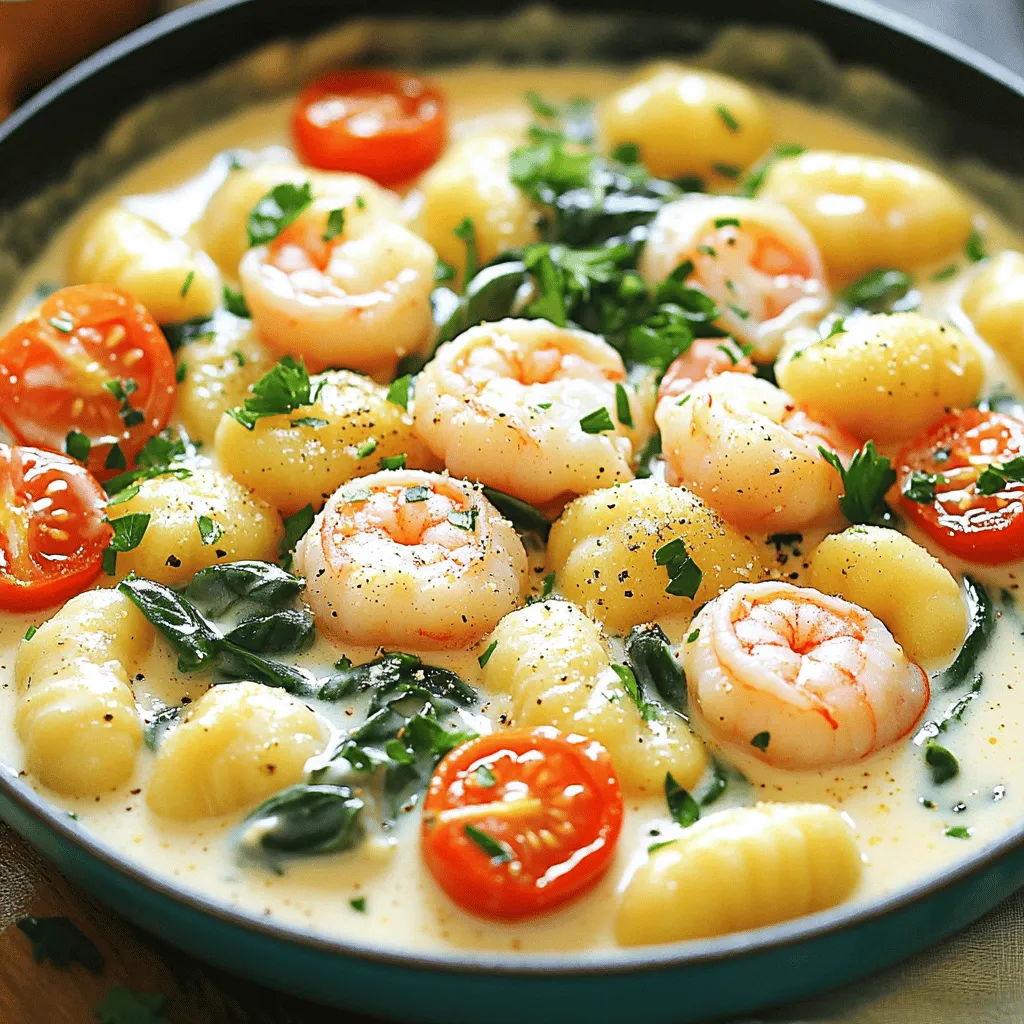 - 1 lb (450g) shrimp, peeled and deveined - 1 lb (450g) gnocchi (store-bought or homemade) - 4 cloves garlic, minced - 1 cup heavy cream - 1 cup vegetable broth - 1 teaspoon red pepper flakes (for heat) - Fresh parsley, chopped (for garnish) - Grated Parmesan cheese (for serving) - 1 teaspoon dried basil - Salt and pepper to taste Each ingredient plays a key role in the flavor of Creamy Garlic Shrimp Gnocchi. Let’s break them down. The shrimp adds a sweet, tender bite. I love using fresh shrimp, but frozen works too. Just thaw it first. The gnocchi gives this dish a delightful pillow-like texture. You can easily buy it or make your own. If you choose store-bought, look for quality brands. Garlic is crucial. It gives the dish a robust flavor. Mince it finely to release its essence. The heavy cream creates a rich, creamy sauce. It balances the flavors of garlic and shrimp. The vegetable broth adds depth and warmth to the dish. I prefer low-sodium broth. This way, I can control the saltiness. The optional ingredients elevate the experience. Red pepper flakes add a hint of heat. I use them based on my mood. Fresh parsley brings brightness, while grated Parmesan cheese adds a savory finish. Seasoning is key. I use dried basil for an herbal note. Salt and pepper enhance all flavors. Adjust these to your taste, and you'll be on your way to a fantastic meal. To cook gnocchi, bring a pot of salted water to a boil. Add the gnocchi to the water. If you use store-bought gnocchi, follow the package instructions. They are done when they float. This usually takes about 2-3 minutes. After they rise, drain the gnocchi well. Let them sit for a moment to allow excess water to evaporate. Heat 2 tablespoons of olive oil in a large skillet over medium heat. Add 4 cloves of minced garlic. Stir it often for about 1 minute. You want the garlic to smell great, not burn. If it turns brown, you must start over. Burnt garlic can ruin your dish. Now, add 1 pound of peeled and deveined shrimp to the skillet. Season the shrimp with salt and pepper. If you like some heat, add red pepper flakes. Cook the shrimp for about 2-3 minutes. They are done when they turn pink and opaque. Once they are cooked, take them out and set them aside. In the same skillet, pour in 1 cup of vegetable broth. Heat it until it simmers. Then, stir in 1 cup of heavy cream. Mix well to create a creamy sauce. It should be smooth and thick. If it bubbles too much, lower the heat. Next, add the halved cherry tomatoes and cooked gnocchi to the sauce. Sprinkle in 1 teaspoon of dried basil for flavor. Stir everything together. Cook for about 3-4 minutes. This helps the sauce thicken and the tomatoes soften. Now, fold in 1 cup of roughly chopped fresh spinach and return the shrimp to the skillet. Cook for 2 more minutes. Make sure the spinach wilts and everything heats through. Taste the dish and add more salt and pepper if needed. Serve it in shallow bowls. Top with grated Parmesan cheese and fresh chopped parsley for a pretty finish. To cook gnocchi just right, start by boiling water in a large pot. When the water is bubbling, add a pinch of salt for flavor. Drop in the gnocchi and watch closely. They are done when they float to the top. This usually takes about 2-3 minutes. If they sink back down, give them some more time. Once cooked, drain them well. Let them sit for a minute to dry off excess water. This helps the sauce stick better. To make your dish even tastier, consider adding a splash of lemon juice. This brightens the flavors and adds a nice zing. You can also try adding sun-dried tomatoes for a richer taste. Fresh herbs like thyme or oregano can boost the flavor too. If you want some heat, add more red pepper flakes than the recipe suggests. Experiment with what you love! A common mistake is overcooking the gnocchi. This can make them mushy and unappealing. Always watch them closely. Another issue is the consistency of the sauce. If it becomes too thick, add more vegetable broth or cream. This keeps it smooth and creamy. When cooking shrimp, aim for a light pink color. They cook quickly, so don’t leave them in the pan too long. Overcooked shrimp can turn tough and rubbery. Always remove them from the heat as soon as they are done. {{image_4}} You can add different vegetables to your creamy garlic shrimp gnocchi. Some great options include: - Bell peppers - Zucchini - Broccoli - Peas When adding these veggies, adjust the cooking times. For example, bell peppers and zucchini cook quickly, so add them when you sauté the garlic. Broccoli may need a few extra minutes. Steam it first, then mix it in before serving. This keeps your dish colorful and full of nutrients. If you want a change from shrimp, there are tasty options. You can use: - Chicken breast, diced - Scallops - Tofu for a vegetarian choice - Mushrooms for a hearty, meat-free meal For chicken or scallops, cook them the same way as the shrimp. Tofu needs longer to absorb flavors, so sauté it until golden brown before adding. Mushrooms add a nice texture; just slice and sauté until soft. You can switch up the sauce for a fun twist. Try these ideas: - Use half-and-half instead of heavy cream for a lighter option. - Coconut milk adds a nutty taste and is dairy-free. - For a spicy kick, mix in some hot sauce or extra red pepper flakes. Adding herbs like thyme or oregano can enhance the flavor, too. Try mixing in some sun-dried tomatoes for a burst of flavor. These variations keep the dish fresh and exciting every time you make it! To keep your creamy garlic shrimp gnocchi fresh, store leftovers in the fridge. Use an airtight container to lock in moisture. This helps keep the sauce creamy and the shrimp tender. Make sure to let the dish cool before sealing. It can stay fresh for up to three days in the fridge. When reheating, avoid the microwave if you can. Instead, use a skillet on low heat. Add a splash of vegetable broth or cream to keep it moist. Stir gently for even heating, so the shrimp and gnocchi do not become tough. Serve with a sprinkle of Parmesan for extra flavor. You can freeze the gnocchi and sauce separately. For best results, freeze the sauce in small portions. Use freezer-safe bags or containers to save space. To defrost, move the sauce to the fridge overnight. Reheat on low heat in a skillet, adding a bit of cream to restore creaminess. Yes, you can use frozen shrimp. Just remember to thaw them before cooking. To thaw, place them in the fridge overnight. If you're short on time, run them under cold water for a few minutes. Frozen shrimp may need slightly more time to cook. Fresh shrimp cook quickly and have a better texture. This dish pairs well with a light salad or garlic bread. A simple green salad with vinaigrette adds freshness. Garlic bread complements the creamy sauce nicely. You might also try a side of roasted vegetables for a healthy touch. The dish has a mild heat level. The red pepper flakes add a kick, but you can adjust the spice. If you prefer no heat, simply skip the red pepper flakes. For more spice, add extra flakes or a dash of hot sauce. Yes, you can make it dairy-free. Use coconut cream instead of heavy cream. For cheese, try nutritional yeast or dairy-free cheese. These swaps will keep the creamy texture while catering to your dietary needs. This blog post covered how to make a delicious Creamy Garlic Shrimp Gnocchi. We discussed key ingredients like shrimp, gnocchi, and garlic. You learned step-by-step instructions for cooking, combining ingredients, and perfecting flavor. Tips helped avoid mistakes, enhance taste, and customize the dish. In conclusion, this recipe is easy and fun. With some practice, you can create a tasty meal everyone will enjoy. Don’t be afraid to try new flavors and variations. Enjoy your cooking adventure!