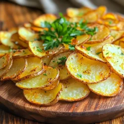 - 2 large russet potatoes - 3 tablespoons olive oil - 4 cloves garlic, minced - 1 teaspoon paprika - ½ teaspoon salt - ¼ teaspoon black pepper - Fresh parsley, chopped (for garnish) - Air fryer - Mandoline slicer or sharp knife - Mixing bowl - Kitchen towel When making Air Fryer Garlic Potato Chips, gathering the right ingredients is key. The main star is the russet potato. You need two large ones for this recipe. They are great for frying because they have a good starch content. Next, you will need three tablespoons of olive oil. This oil adds richness and helps with crispiness. Fresh garlic is a must here. You will use four cloves, minced finely. Garlic gives the chips their bold flavor. Spices bring extra zest to the dish. You will need one teaspoon of paprika, which adds a nice color and a hint of smokiness. Salt and black pepper enhance the flavors. Use half a teaspoon of salt and a quarter teaspoon of black pepper for balance. Finally, fresh parsley is perfect for garnish. It adds a pop of color and freshness to your chips. To cook the chips, you will need a few tools. An air fryer is essential for this recipe. It gives the chips their crispy texture without extra oil. A mandoline slicer or sharp knife is important for cutting the potatoes. You want them thin, about 1/16 inch thick. A mixing bowl helps combine the oil and spices. Lastly, a kitchen towel comes in handy to dry the potato slices after soaking. Start with two large russet potatoes. Wash them well under cold running water. Use a peeler to remove the skin. Next, slice the potatoes into thin rounds. A mandoline slicer works best for uniform slices. If you don’t have one, a sharp knife will do. Aim for a thickness of about 1/16 inch. This will help the chips cook evenly. Soaking the potato slices is key to getting crispy chips. The water helps remove excess starch. This step is very important. Place the sliced potatoes in a bowl of cold water. Let them soak for about 30 minutes. After soaking, drain the slices. Use a kitchen towel to pat them dry. Removing moisture is essential for crispiness. In a large mixing bowl, combine the dried potato slices with olive oil. Add four cloves of minced garlic, one teaspoon of paprika, half a teaspoon of salt, and a quarter teaspoon of black pepper. Mix everything together well. Ensure each potato slice gets an even coating of the seasoning mix. This will add great flavor to your chips. Preheat your air fryer by setting it to 360°F (180°C). Let it run for about 5 minutes. Once hot, place the potato slices in the basket. Make sure they are in a single layer. You may need to do this in batches. Air fry the chips for 10 to 12 minutes. Shake the basket halfway through cooking. This helps them cook evenly. Keep an eye on the chips until they are golden brown. After cooking, carefully take the chips out of the air fryer. Place them on a wire rack to cool for a few minutes. This cooling process keeps them crispy. Once cooled, sprinkle with freshly chopped parsley. This adds a nice touch of color and flavor. Enjoy your homemade garlic potato chips! To make the crispiest potato chips, slice your potatoes thin. Aim for a thickness of about 1/16 inch. This helps them cook evenly and get crispy. A mandoline slicer works great for this task. If you do not have one, a sharp knife will do. After slicing, soak the potato slices in cold water for 30 minutes. This step removes excess starch. Once soaked, drain the slices and pat them dry. Removing moisture is key for crispiness. A dry surface allows the chips to fry up crunchy and light. To boost the flavor, try adding spices like cayenne pepper or garlic powder. You can also use herbs like rosemary or thyme for a tasty twist. Experiment with different oils as well. While olive oil is a classic choice, avocado oil works well and adds a different flavor. For serving, consider pairing your chips with tasty dips. Great options include homemade salsa, guacamole, or a creamy ranch dip. They add a burst of flavor that complements the chips perfectly. When it comes to presentation, serve your chips in a rustic bowl or on a stylish platter. Garnish with fresh parsley for a pop of color. Place a small bowl of your favorite dip on the side. This makes the dish look inviting and ready to enjoy. {{image_4}} You can change the flavor of your chips with different seasonings. If you like spice, try adding cayenne pepper. Just a pinch can add a nice kick. Mix it in with the olive oil and spices. Herbs also work well for a fresh taste. You can use rosemary or thyme instead of garlic. Just chop them finely and mix them into the seasoning. This gives your chips a unique twist. You don’t have to stick to potatoes. Sweet potatoes make a great substitute. They give a sweeter taste and vibrant color. Zucchini is another option. Slice it thinly like potatoes. Just remember, zucchini cooks faster. Check your air fryer after about 8 minutes. Adjust the time to make sure they don’t burn. To keep your garlic potato chips crispy, store them in an airtight container. Choose a container that fits them snugly but does not crush them. I like using glass containers with tight lids to avoid moisture. Make sure to keep the chips at room temperature. Avoid the fridge, as it can make them soggy. To bring back the crunch, reheat your chips in the air fryer. Set it to 350°F (175°C) and cook for about 3-5 minutes. This method works best to restore that crispy texture. You can also use an oven. Spread the chips on a baking sheet and heat at the same temperature for a few minutes. For a quick fix, you can use a microwave, but the chips may lose their crunch. Enjoy them fresh for the best taste! Yes, you can use other potatoes! While russet potatoes are great, you can try Yukon gold or red potatoes. These options have different textures and tastes. Yukon gold potatoes are creamy and slightly sweet. Red potatoes are waxy and hold their shape well. Each type will give your chips a unique flavor. Experiment and find your favorite! To make these chips healthier, you can use less oil. Try using an oil spray to lightly coat the potatoes. This method cuts down on the fat while still adding flavor. You can also skip the salt or use herbs instead. Consider adding spices like garlic powder or onion powder for more taste without extra calories. If your chips aren’t crispy, check a few things. First, make sure you soak the potato slices long enough. Soaking helps remove excess starch, which can make them soggy. Also, dry the slices well after soaking. If they are too thick, they may not cook evenly. Slice them thinner for better crispiness. Lastly, ensure they are in a single layer in the air fryer. Homemade potato chips last about 2-3 days when stored properly. Keep them in an airtight container to maintain crispiness. If you live in a humid area, they may not last as long. For best results, enjoy them fresh. If you want to keep them longer, consider freezing them and reheating in the air fryer. You’ve learned how to make healthy, crispy potato chips in an air fryer. We covered ingredients, tools, and detailed steps to create the perfect snack. Keep in mind the importance of soaking the potatoes for crispiness. Experiment with flavors and variations to find your favorite blend. Use the tips for storage and reheating to enjoy these chips longer. With practice, you’ll master this tasty treat and impress your friends and family. Happy cooking!