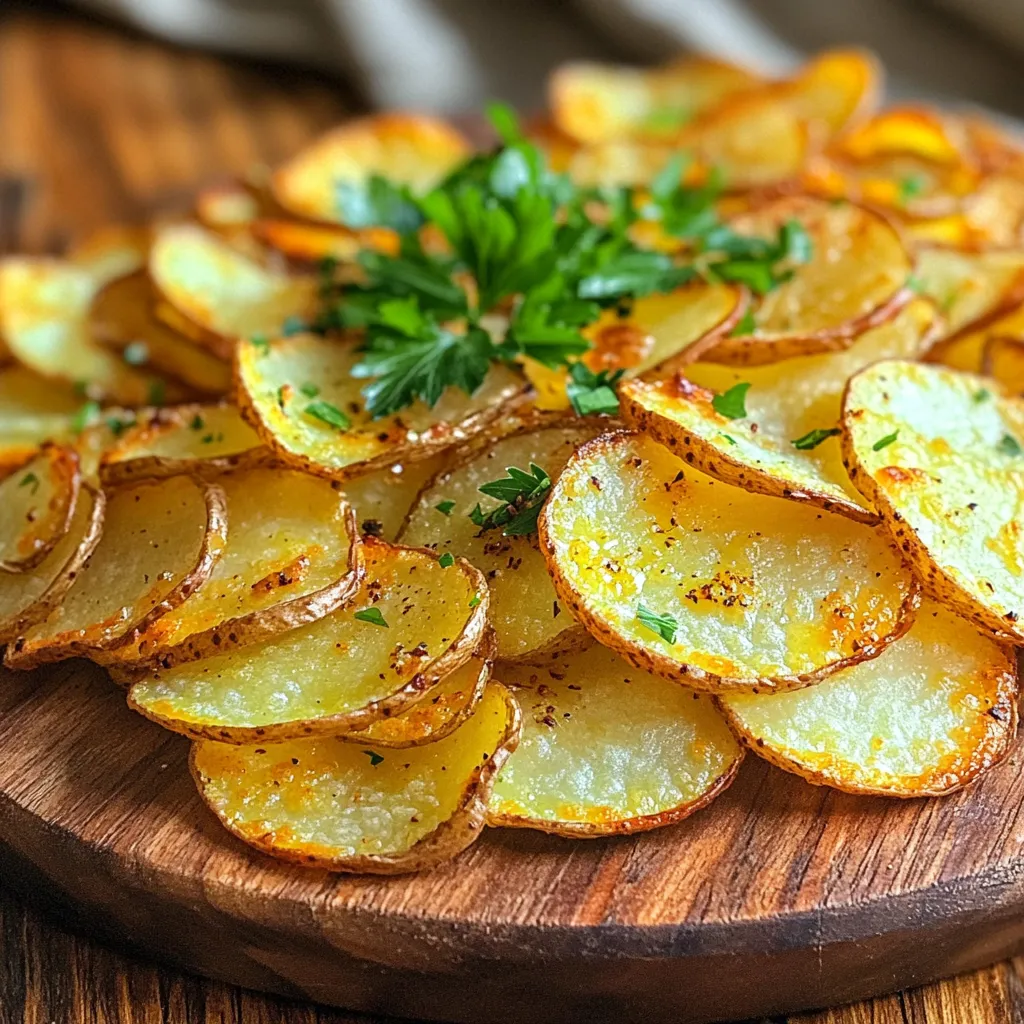 - 2 large russet potatoes - 3 tablespoons olive oil - 4 cloves garlic, minced - 1 teaspoon paprika - ½ teaspoon salt - ¼ teaspoon black pepper - Fresh parsley, chopped (for garnish) - Air fryer - Mandoline slicer or sharp knife - Mixing bowl - Kitchen towel When making Air Fryer Garlic Potato Chips, gathering the right ingredients is key. The main star is the russet potato. You need two large ones for this recipe. They are great for frying because they have a good starch content. Next, you will need three tablespoons of olive oil. This oil adds richness and helps with crispiness. Fresh garlic is a must here. You will use four cloves, minced finely. Garlic gives the chips their bold flavor. Spices bring extra zest to the dish. You will need one teaspoon of paprika, which adds a nice color and a hint of smokiness. Salt and black pepper enhance the flavors. Use half a teaspoon of salt and a quarter teaspoon of black pepper for balance. Finally, fresh parsley is perfect for garnish. It adds a pop of color and freshness to your chips. To cook the chips, you will need a few tools. An air fryer is essential for this recipe. It gives the chips their crispy texture without extra oil. A mandoline slicer or sharp knife is important for cutting the potatoes. You want them thin, about 1/16 inch thick. A mixing bowl helps combine the oil and spices. Lastly, a kitchen towel comes in handy to dry the potato slices after soaking. Start with two large russet potatoes. Wash them well under cold running water. Use a peeler to remove the skin. Next, slice the potatoes into thin rounds. A mandoline slicer works best for uniform slices. If you don’t have one, a sharp knife will do. Aim for a thickness of about 1/16 inch. This will help the chips cook evenly. Soaking the potato slices is key to getting crispy chips. The water helps remove excess starch. This step is very important. Place the sliced potatoes in a bowl of cold water. Let them soak for about 30 minutes. After soaking, drain the slices. Use a kitchen towel to pat them dry. Removing moisture is essential for crispiness. In a large mixing bowl, combine the dried potato slices with olive oil. Add four cloves of minced garlic, one teaspoon of paprika, half a teaspoon of salt, and a quarter teaspoon of black pepper. Mix everything together well. Ensure each potato slice gets an even coating of the seasoning mix. This will add great flavor to your chips. Preheat your air fryer by setting it to 360°F (180°C). Let it run for about 5 minutes. Once hot, place the potato slices in the basket. Make sure they are in a single layer. You may need to do this in batches. Air fry the chips for 10 to 12 minutes. Shake the basket halfway through cooking. This helps them cook evenly. Keep an eye on the chips until they are golden brown. After cooking, carefully take the chips out of the air fryer. Place them on a wire rack to cool for a few minutes. This cooling process keeps them crispy. Once cooled, sprinkle with freshly chopped parsley. This adds a nice touch of color and flavor. Enjoy your homemade garlic potato chips! To make the crispiest potato chips, slice your potatoes thin. Aim for a thickness of about 1/16 inch. This helps them cook evenly and get crispy. A mandoline slicer works great for this task. If you do not have one, a sharp knife will do. After slicing, soak the potato slices in cold water for 30 minutes. This step removes excess starch. Once soaked, drain the slices and pat them dry. Removing moisture is key for crispiness. A dry surface allows the chips to fry up crunchy and light. To boost the flavor, try adding spices like cayenne pepper or garlic powder. You can also use herbs like rosemary or thyme for a tasty twist. Experiment with different oils as well. While olive oil is a classic choice, avocado oil works well and adds a different flavor. For serving, consider pairing your chips with tasty dips. Great options include homemade salsa, guacamole, or a creamy ranch dip. They add a burst of flavor that complements the chips perfectly. When it comes to presentation, serve your chips in a rustic bowl or on a stylish platter. Garnish with fresh parsley for a pop of color. Place a small bowl of your favorite dip on the side. This makes the dish look inviting and ready to enjoy. {{image_4}} You can change the flavor of your chips with different seasonings. If you like spice, try adding cayenne pepper. Just a pinch can add a nice kick. Mix it in with the olive oil and spices. Herbs also work well for a fresh taste. You can use rosemary or thyme instead of garlic. Just chop them finely and mix them into the seasoning. This gives your chips a unique twist. You don’t have to stick to potatoes. Sweet potatoes make a great substitute. They give a sweeter taste and vibrant color. Zucchini is another option. Slice it thinly like potatoes. Just remember, zucchini cooks faster. Check your air fryer after about 8 minutes. Adjust the time to make sure they don’t burn. To keep your garlic potato chips crispy, store them in an airtight container. Choose a container that fits them snugly but does not crush them. I like using glass containers with tight lids to avoid moisture. Make sure to keep the chips at room temperature. Avoid the fridge, as it can make them soggy. To bring back the crunch, reheat your chips in the air fryer. Set it to 350°F (175°C) and cook for about 3-5 minutes. This method works best to restore that crispy texture. You can also use an oven. Spread the chips on a baking sheet and heat at the same temperature for a few minutes. For a quick fix, you can use a microwave, but the chips may lose their crunch. Enjoy them fresh for the best taste! Yes, you can use other potatoes! While russet potatoes are great, you can try Yukon gold or red potatoes. These options have different textures and tastes. Yukon gold potatoes are creamy and slightly sweet. Red potatoes are waxy and hold their shape well. Each type will give your chips a unique flavor. Experiment and find your favorite! To make these chips healthier, you can use less oil. Try using an oil spray to lightly coat the potatoes. This method cuts down on the fat while still adding flavor. You can also skip the salt or use herbs instead. Consider adding spices like garlic powder or onion powder for more taste without extra calories. If your chips aren’t crispy, check a few things. First, make sure you soak the potato slices long enough. Soaking helps remove excess starch, which can make them soggy. Also, dry the slices well after soaking. If they are too thick, they may not cook evenly. Slice them thinner for better crispiness. Lastly, ensure they are in a single layer in the air fryer. Homemade potato chips last about 2-3 days when stored properly. Keep them in an airtight container to maintain crispiness. If you live in a humid area, they may not last as long. For best results, enjoy them fresh. If you want to keep them longer, consider freezing them and reheating in the air fryer. You’ve learned how to make healthy, crispy potato chips in an air fryer. We covered ingredients, tools, and detailed steps to create the perfect snack. Keep in mind the importance of soaking the potatoes for crispiness. Experiment with flavors and variations to find your favorite blend. Use the tips for storage and reheating to enjoy these chips longer. With practice, you’ll master this tasty treat and impress your friends and family. Happy cooking!