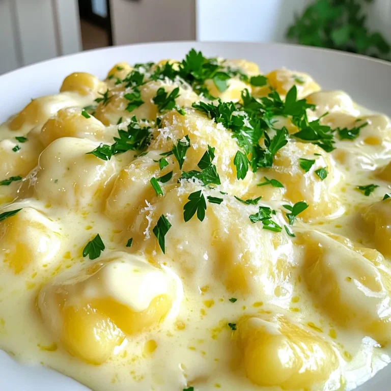 To make this creamy garlic butter gnocchi, you will need: - 1 package (16 oz) potato gnocchi - 4 tablespoons unsalted butter - 4 cloves garlic, finely minced - 1 cup heavy cream - 1 cup freshly grated Parmesan cheese - 1 teaspoon Italian seasoning blend - Sea salt and freshly cracked black pepper, to taste - Fresh parsley, chopped, for garnish These ingredients combine to create a rich and tasty meal. For the best flavor, I suggest using high-quality brands. Here are my top picks: - Gnocchi: Look for DeLallo or Rana brands. They have great texture and taste. - Butter: Use Kerrygold unsalted butter for a rich, creamy flavor. - Garlic: Fresh garlic is key. Try organic garlic for the best taste. - Cream: Organic heavy cream from brands like Organic Valley gives a nice richness. - Parmesan: Grate your own from a block of Parmigiano-Reggiano for the best results. Using these brands will enhance the taste of your dish. You can adapt this recipe based on what you have. Here are some ideas: - Gnocchi: You can use gluten-free gnocchi if needed. - Butter: Swap unsalted butter for olive oil for a lighter option. - Cream: Use half-and-half instead of heavy cream for a lighter sauce. - Cheese: Grate Pecorino Romano or nutritional yeast for a different taste. - Herbs: Fresh basil or thyme can replace the Italian seasoning for unique flavors. These substitutions will still give you a tasty meal. Bring a large pot of salted water to a boil. This step is key to cooking the gnocchi properly. Once it boils, add the potato gnocchi. Cook them for 2-3 minutes. You will know they are done when they float to the top. After they rise, drain the gnocchi and set them aside. In a large skillet, melt 4 tablespoons of unsalted butter over medium heat. When the butter starts to foam, add 4 cloves of finely minced garlic. Stir the garlic for 1-2 minutes until it smells lovely and turns lightly golden. Be careful not to burn it, or it will taste bitter. Next, slowly pour in 1 cup of heavy cream. Stir continuously and let it simmer for a few minutes until it thickens slightly. Gradually whisk in 1 cup of freshly grated Parmesan cheese. Keep stirring until the sauce is smooth. Finally, season your sauce with 1 teaspoon of Italian seasoning, sea salt, and black pepper to taste. Now it’s time to bring everything together. Carefully add the cooked gnocchi to the skillet. Use a spatula or wooden spoon to gently toss the gnocchi in the cream sauce. Let everything cook together for another 1-2 minutes until it's heated through. Once done, remove the skillet from the heat. Garnish with chopped fresh parsley for color. Serve your dish right away for the best flavor. To cook gnocchi well, start with salted water. Bring a large pot of water to a boil. Add the gnocchi once the water bubbles. Cook them until they float, usually 2-3 minutes. Floating means they are done. Drain them gently to avoid breaking. Key Points: - Use a large pot for even cooking. - Salt the water for better flavor. - Watch for floating to know when they’re ready. You can add more flavor to your gnocchi dish easily. Try adding sautéed vegetables like spinach or mushrooms. These add color and taste. You can also sprinkle in some crushed red pepper for a kick. Fresh herbs like basil or thyme can make it even better. Flavor Boosters: - Spinach or mushrooms for veggies. - Crushed red pepper for heat. - Fresh herbs for aroma and taste. One common mistake is overcooking the gnocchi. This makes them mushy. Another mistake is burning the garlic. Burned garlic can ruin the dish's taste. Always keep an eye on it while cooking. Lastly, don’t skip the seasoning. Adding salt and pepper is key for flavor. Avoid These Errors: - Overcook gnocchi; aim for 2-3 minutes. - Burn garlic; sauté until fragrant, not dark. - Forget to season; salt and pepper improve taste. {{image_4}} You can easily add proteins to your creamy garlic butter gnocchi. Chicken or shrimp works great. For chicken, cook diced pieces in the skillet before adding garlic. This gives them a nice brown color. For shrimp, add them after the garlic is fragrant. Cook until they turn pink. This makes your dish heartier and more filling. You can make this dish vegetarian by skipping the Parmesan cheese or using a plant-based version. For a vegan option, swap the heavy cream with coconut cream or cashew cream. Use vegan butter instead of regular butter. These swaps keep the dish rich and creamy while fitting your diet. Mixing in different herbs and spices can change the flavor. Add fresh basil or thyme for a fresh touch. You can also try a pinch of red pepper flakes for heat. For something unique, sprinkle in some lemon zest. It adds brightness and balances the creaminess. Experimenting with flavors keeps the dish exciting and new. After enjoying Minute Creamy Garlic Butter Gnocchi, you may have some left. To store leftovers, let the dish cool down. Once cooled, place the gnocchi in an airtight container. Be sure to refrigerate it within two hours of cooking. It stays fresh for about three days in the fridge. When storing, keep the sauce and gnocchi together. This helps maintain flavor and texture. To reheat your creamy gnocchi, you can use a skillet or microwave. If using a skillet, add a splash of water or cream. Heat over low to medium heat. Stir gently until warmed through. This keeps the sauce creamy. If using a microwave, place it in a safe dish. Add a small amount of water or cream, cover it, and heat in short bursts. Stir between bursts to avoid hot spots. Freezing your gnocchi and sauce is a great option for later meals. For freezing, let the dish cool fully. Then, separate the gnocchi and sauce into different containers. Use freezer-safe bags or containers. Gnocchi can last up to three months in the freezer. The sauce can also be frozen for up to three months. When ready to eat, thaw in the fridge overnight and reheat as mentioned above. Freezing helps you enjoy this delicious dish anytime! Gnocchi cooks fast. It takes about 2-3 minutes in boiling water. When you add the gnocchi to the pot, watch closely. They will float to the top when done. This means they are ready to eat. Yes, you can use other pasta types. However, the cooking time will change. For example, spaghetti or penne will take longer. Check the package for specific cooking times. Gnocchi offers a unique texture that is hard to beat. Gnocchi is done when it floats. After a few minutes, look for them rising. This means they are cooked through. You can also taste one to check if it is soft and chewy. If it is, enjoy your meal! You learned about the key ingredients for making gnocchi and garlic butter sauce. I shared brands that work well and some good substitutions. I walked you through the steps to prepare and cook gnocchi, and how to avoid common mistakes. Remember, you can add proteins or adjust flavors to suit your taste. Store any leftovers well and know how to reheat them. Use these tips to make the perfect dish every time. Enjoy your cooking!