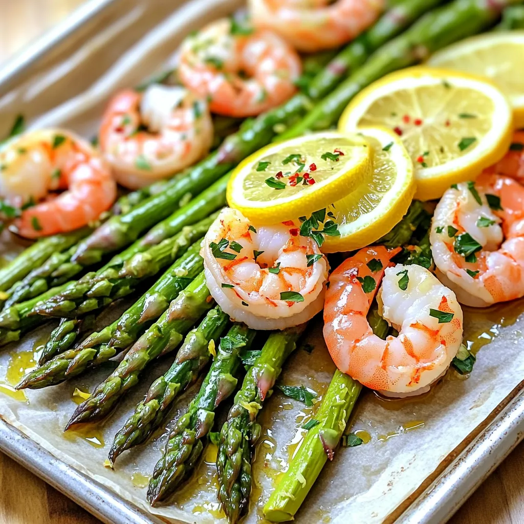 - 1 lb large shrimp, peeled and deveined - 1 bunch of asparagus, trimmed - 4 cloves garlic, finely minced - 2 lemons (for zest, juice, and slices) - 3 tablespoons extra virgin olive oil - 1 teaspoon sweet paprika - ½ teaspoon red pepper flakes - Salt and fresh black pepper - Fresh parsley, for garnish When I prepare Lemon Garlic Shrimp & Asparagus, I focus on fresh, simple ingredients. The star of this dish is the shrimp. I love using large shrimp, as they hold up well to baking. Shrimp adds a sweet and savory flavor. Next, the asparagus gives a nice crunch. Trim the ends so they cook evenly. Fresh garlic is a must for depth of flavor. I use four cloves, minced finely. For added zest, I use two lemons. One provides juice and zest, while the other is sliced to top the dish. Olive oil helps everything blend together, while sweet paprika adds a hint of warmth. I like a touch of heat, so I add red pepper flakes, but you can adjust this to your liking. Lastly, don't forget salt and fresh black pepper. They balance the flavors. I top it all off with fresh parsley for a pop of color. This dish is bright, fresh, and so easy to make. It’s perfect for any night of the week! - Preheat oven to 400°F (200°C). - Line baking sheet with parchment paper. - Combine shrimp and asparagus in a bowl. - Add garlic, olive oil, lemon zest, juice, paprika, and red pepper flakes. Start by tossing the shrimp and asparagus in the bowl. This mix makes the dish vibrant. The garlic brings a strong flavor. The olive oil adds richness. Zest the lemon to get a bright taste. Then squeeze its juice in. The paprika gives a sweet touch, while red pepper flakes add heat. Adjust the spice to your liking. - Spread the mixture on the baking sheet. - Place lemon slices on top. Spread the shrimp and asparagus evenly on the sheet. Leave space between them for even cooking. The lemon slices on top add flavor and look great. - Bake for 10-12 minutes until shrimp are pink and asparagus is tender. Place the baking sheet in the oven. Bake for 10 to 12 minutes. The shrimp will change color to pink. The asparagus will be tender yet crisp. - Sprinkle with chopped parsley before serving. When done, take the sheet out. A sprinkle of fresh parsley brightens the dish. It adds color and a fresh taste. Your dish is now ready to impress! - Choosing fresh shrimp: Look for shrimp that smell like the ocean, not fishy. They should be firm and shiny. The shells should be clean and free of black spots. Larger shrimp often offer better texture and flavor for this dish. - Choosing fresh asparagus: Select asparagus that is bright green and firm. The tips should be closed and compact. Avoid any that are limp or have brown spots. Fresh asparagus adds a nice crunch and flavor to the dish. - Importance of fresh garlic and lemons: Fresh garlic gives a strong and bold taste. Use whole cloves and mince them just before cooking. Fresh lemons add zest and juice that brighten the dish. Avoid bottled lemon juice for the best flavor. - Ensuring even cooking: Spread the shrimp and asparagus in a single layer on the pan. This helps them cook evenly. Avoid overcrowding, as this can lead to steaming instead of roasting. - Tips for avoiding overcooked shrimp: Keep an eye on the shrimp while they bake. They cook quickly and turn pink when done. Bake them for 10-12 minutes, but check at 8 minutes. Remove them from the oven as soon as they are opaque. - Serving directly on the sheet pan: This gives a rustic feel and makes cleanup easy. It also allows everyone to help themselves right from the pan. - Using a serving platter: For a fancier presentation, transfer the shrimp and asparagus to a large platter. This adds elegance to the table. - Adding lemon wedges: Place lemon wedges around the dish. This not only looks nice but lets guests add more lemon if they want. It adds a splash of color and extra flavor. {{image_4}} You can boost this dish by adding more veggies. Bell peppers add a sweet crunch. Snap peas give a nice snap and bright color. You can even try broccoli or zucchini. Just remember to cut them into similar sizes. This way, they cook evenly with the shrimp and asparagus. Want more heat? You can change the red pepper flakes. For a mild taste, use just a pinch. If you love spice, add more flakes or use crushed red pepper. You can also try fresh jalapeños for a different kick. Adjust according to your own taste. If shrimp isn’t your thing, you can swap in chicken or tofu. For chicken, use boneless pieces cut into bite-sized chunks. Cook it a bit longer to ensure it's safe to eat. For tofu, choose firm tofu and press it to remove extra water. Cut it into cubes and treat it just like the shrimp. This keeps your meal healthy and tasty. To store leftover shrimp and asparagus, place them in an airtight container. Make sure they cool down to room temperature first. Refrigerate them for up to three days. This helps keep the flavors fresh. If you want to keep them longer, consider freezing instead. To reheat the shrimp and asparagus, use the oven. Preheat it to 350°F (175°C). Place the leftovers on a baking sheet. Cover them loosely with foil to keep them moist. Heat for about 10 minutes. You can also use a microwave if you’re short on time. Just heat in short bursts to avoid overcooking. Yes, you can freeze this dish! To freeze, let it cool completely. Place it in a freezer-safe container or bag. Remove as much air as possible to prevent freezer burn. It can last for up to three months in the freezer. To defrost, transfer it to the fridge overnight. Reheat as mentioned above to enjoy your meal again. Yes, you can use frozen shrimp for this recipe. The main benefit is convenience. Frozen shrimp are often pre-cleaned and ready to cook. When using frozen shrimp, thaw them first. You can thaw them by placing them in cold water for about 15 minutes. After thawing, pat them dry to remove excess moisture. This helps achieve a better texture when cooking. You can tell that shrimp are cooked by their color and shape. Perfectly cooked shrimp turn pink and curl slightly. They should look opaque, not translucent. When you see these signs, they are ready to eat. Overcooked shrimp become rubbery, so watch them closely while baking. This dish pairs well with several sides. Here are some ideas: - Rice: White, brown, or jasmine rice complements the flavors well. - Quinoa: A healthy, nutty option for a filling side. - Salad: A simple green salad adds freshness. - Bread: Crusty bread is perfect for soaking up the juices. Yes, this recipe is gluten-free. The main ingredients, shrimp and asparagus, contain no gluten. The olive oil, garlic, and other spices also do not have gluten. If you choose to serve it with rice or quinoa, those are also gluten-free options. Always check labels for any packaged ingredients to ensure they are gluten-free. This blog post covered a tasty lemon garlic shrimp and asparagus dish. We discussed main ingredients, like shrimp, asparagus, and fresh garlic. You learned step-by-step baking methods and tips for the best flavors. I shared variations for extra veggies and protein options. Lastly, we looked at storing leftovers and reheating them perfectly. This dish is fun to make and is great for any meal. You can enjoy fresh flavors and quick prep, making this recipe a winner. Happy cooking!
