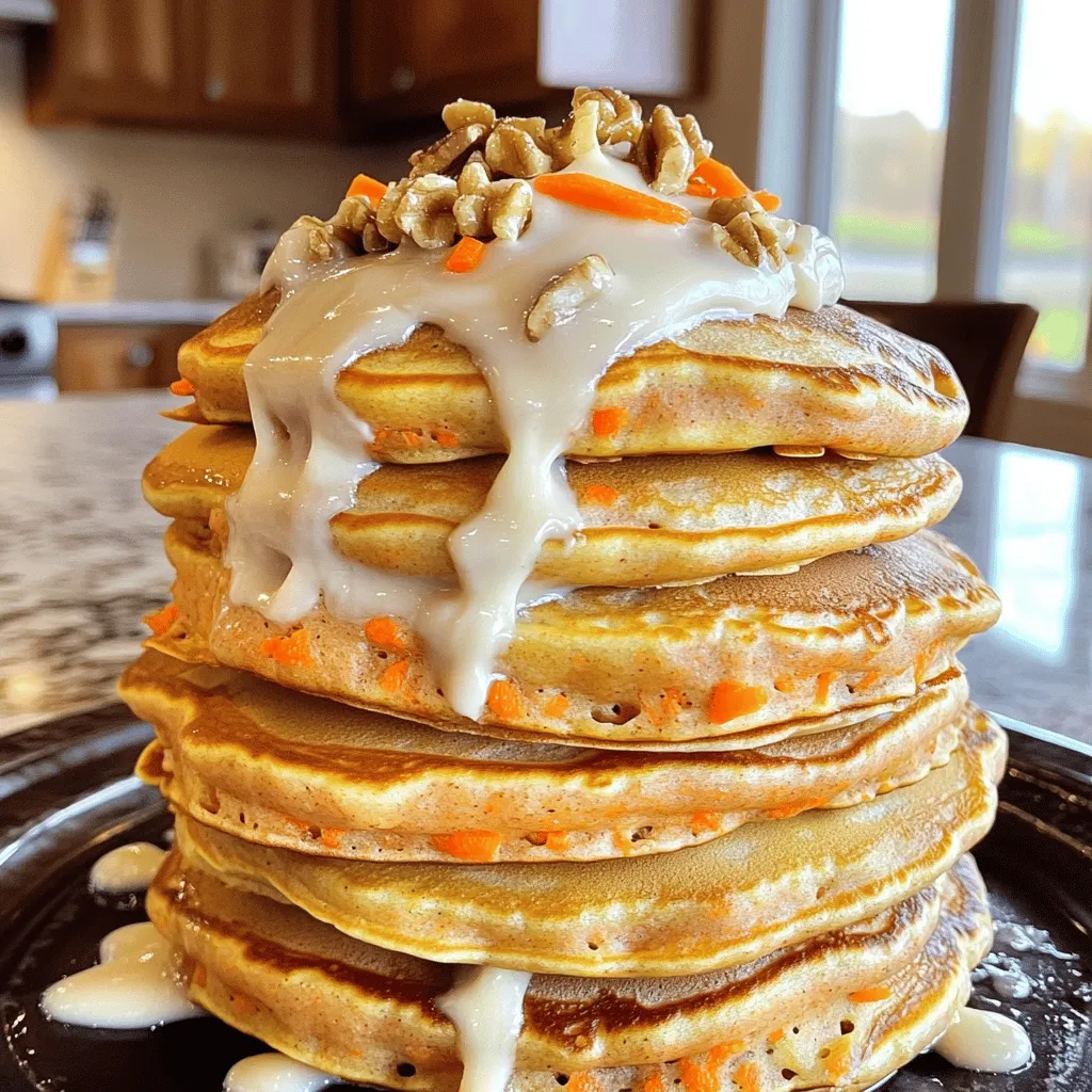 - 1 cup all-purpose flour - 1 teaspoon baking powder - 1/2 teaspoon baking soda - 1/2 teaspoon ground cinnamon - 1/4 teaspoon ground nutmeg - 1/4 teaspoon salt - 1 cup finely grated carrots - 1/4 cup granulated sugar - 1/4 cup packed brown sugar - 1 large egg - 1 cup buttermilk - 2 tablespoons vegetable oil - 1 teaspoon vanilla extract - 1/2 cup chopped walnuts (optional) - 4 oz cream cheese - 1/2 cup powdered sugar - 2 tablespoons milk - 1 teaspoon vanilla extract I love using fresh, finely grated carrots. They add natural sweetness and moisture to the pancakes. The mix of spices, like cinnamon and nutmeg, gives a warm flavor that reminds me of my favorite carrot cake. You can also add walnuts for a nice crunch. If you prefer a nut-free option, feel free to skip them. The cream cheese glaze is rich and smooth. It perfectly balances the fluffy pancakes. These ingredients come together to make each bite a delight. You will enjoy the warm flavors and creamy glaze. It’s a fun twist on a classic breakfast treat! - Mix 1 cup of all-purpose flour, 1 teaspoon baking powder, 1/2 teaspoon baking soda, 1/2 teaspoon ground cinnamon, 1/4 teaspoon ground nutmeg, and 1/4 teaspoon salt in a large bowl. This mix gives your pancakes a great flavor and texture. - In a separate bowl, combine 1 cup of finely grated carrots, 1/4 cup granulated sugar, 1/4 cup packed brown sugar, 1 large egg, 1 cup buttermilk, 2 tablespoons vegetable oil, and 1 teaspoon vanilla extract. Stir until smooth. - Gently pour the wet mix into the dry mix. Use a whisk to combine, but don't overmix. A few lumps are okay. If you want a nice crunch, fold in 1/2 cup of chopped walnuts now. - Preheat your skillet over medium heat. Lightly grease it with cooking spray or oil to prevent sticking. - For each pancake, pour 1/4 cup of batter onto the skillet. Cook until bubbles appear on the surface, which takes about 2-3 minutes. The edges should look firm. - Carefully flip the pancakes and cook for another 2-3 minutes until golden brown. Transfer them to a warm plate while you cook the rest. - In a bowl, mix 4 oz softened cream cheese, 1/2 cup powdered sugar, 2 tablespoons milk, and 1 teaspoon vanilla extract. Use a hand mixer or whisk to blend until smooth. - If the glaze is too thick, add more milk to reach your desired consistency. This glaze adds a sweet, creamy touch to your pancakes. - Avoid overmixing for fluffier pancakes. Mix until just combined. A few lumps are okay. - Adjust heat level for even cooking. Start with medium heat. Lower it if pancakes brown too fast. - Use a measuring cup for uniform pancake sizes. This keeps your pancakes consistent, making them look great on the plate. - Ensure cream cheese is at room temperature for easy mixing. Cold cream cheese will clump up and be hard to blend. - Add more powdered sugar for sweetness or thickness. If you want a sweeter glaze, just keep mixing in sugar until it’s just right. {{image_4}} If you want to make these pancakes nut-free, simply omit the walnuts. They still taste great without them. The flavors of the carrots and spices shine through. You won’t miss the nuts at all. You can easily turn these pancakes vegan. Replace the buttermilk with non-dairy milk mixed with lemon juice. This helps mimic the tangy taste of buttermilk. For the egg, use a flax egg. To make this, mix one tablespoon of ground flaxseed with three tablespoons of water. Let it sit for a few minutes until it thickens. It works great in the batter. If you need a gluten-free option, swap the all-purpose flour for a gluten-free flour blend. Many blends work well in pancakes. Just make sure it has a good mix of flours. This will give you light and fluffy pancakes without gluten. To store leftover pancakes, place them in an airtight container. They will stay fresh for up to 3 days in the fridge. Reheating is easy. You can use a microwave or toaster. Just warm them until they are hot and ready to eat. Keep the cream cheese glaze in the fridge too. It lasts for up to 5 days. If it thickens, simply re-whip it before serving. This helps restore its smooth texture. Enjoy your pancakes with the glaze fresh when you’re ready! Yes, pancakes can be pre-made and frozen. Just cook them, then let them cool. Place each pancake in a single layer on a baking sheet. Then, freeze them for about an hour. Once frozen, stack them in a freezer bag. They will keep well for up to three months. When ready to eat, just reheat them in the microwave or toaster. This makes breakfast easy and quick! Look for a golden color and firm edges. The bubbles on the surface will also help. When you see bubbles, it’s time to flip. After flipping, cook until the bottom is golden brown. If you want to be sure, use a toothpick. Insert it into the center. If it comes out clean, your pancakes are done! Serve with maple syrup for extra sweetness. You can also drizzle on more cream cheese glaze for richness. Fresh fruits like sliced bananas or berries add a nice touch too. Each of these options will make your meal even better. Enjoy experimenting with different toppings! You can enjoy making these delicious carrot cake pancakes at home. We covered all the key ingredients, how to cook them perfectly, and even made a tasty cream cheese glaze. Don’t forget the tips for making them fluffier and adapting the recipe for your needs. These pancakes are great for any meal and can be stored easily. Try different toppings for a fun twist. I hope you feel inspired to whip up this easy, tasty treat!