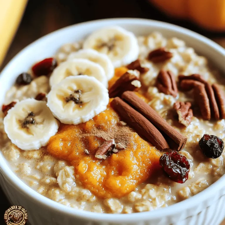 - 1 cup rolled oats - 1 cup canned pumpkin puree - 4 cups almond milk (or preferred milk) - 1/4 cup maple syrup (or honey) - 1 teaspoon vanilla extract - 1 teaspoon ground cinnamon - 1/2 teaspoon ground nutmeg - 1/4 teaspoon salt - 1/2 cup chopped pecans or walnuts - 1/2 cup dried cranberries or raisins - Fresh fruit for topping (e.g., banana slices or apple pieces) When I make this slow cooker pumpkin oatmeal, I focus on using simple, wholesome ingredients. The rolled oats serve as the base. They create a warm and hearty texture. Canned pumpkin puree adds a creamy and rich flavor. It’s packed with vitamins too! Almond milk or any milk you prefer makes it extra smooth. Sweeteners bring out the warm spices. I love using maple syrup as it adds a lovely depth. Vanilla extract gives a sweet aroma, while cinnamon and nutmeg add warmth and spice. A pinch of salt balances the flavors. For added crunch and sweetness, I toss in some nuts and dried fruits. Pecans or walnuts add a nice texture. Dried cranberries or raisins bring a fruity burst. Finally, I love topping my bowl with fresh fruits like banana or apple slices. They add brightness and extra flavor. First, I add the rolled oats, pumpkin puree, and almond milk to the slow cooker. It's important to mix these well. You want all the oats to soak up that creamy pumpkin goodness. Next, I pour in the maple syrup and add the vanilla extract. Then come the spices: ground cinnamon, ground nutmeg, and a pinch of salt. Stir this mixture thoroughly. If you enjoy a bit of crunch, now's the time to fold in chopped nuts or dried fruit. Once everything is combined, I secure the lid on the slow cooker. I choose the setting: low for 6 to 8 hours or high for 3 to 4 hours. This slow cooking lets the flavors meld perfectly. The oatmeal will be creamy and the oats will be soft when it's done. After the cooking time, I give the oatmeal a good stir. This helps make it even creamier. If I want it thinner, I mix in a splash of almond milk. Now, it's ready to serve! I ladle it into bowls and top each with fresh fruit or a drizzle of maple syrup for extra sweetness. Enjoy the warmth and comfort of this creamy pumpkin oatmeal! When serving your pumpkin oatmeal, use a large spoon to dish it out into bowls. Each serving should be warm and inviting. For toppings, add fresh fruit like banana slices or apple pieces. You can also add a scoop of yogurt for creaminess. If you like it sweeter, drizzle extra maple syrup on top. To boost the flavor, consider adjusting the spices. You can add more cinnamon or nutmeg for a bolder taste. If you want a bit of heat, try adding a pinch of ground ginger or allspice. For texture, mix in chopped nuts like pecans or walnuts. Dried fruits like cranberries or raisins also add a sweet touch. Do you prefer thicker oatmeal? You can reduce the liquid slightly. For thinner oatmeal, add a splash of almond milk after cooking. The cooking time can also affect the texture. Cooking on low for 8 hours gives you a creamier consistency, while high for 3 hours may yield a firmer oatmeal. Adjust the time based on your preference. {{image_4}} You can switch up the flavors for your pumpkin oatmeal. Here are a couple of ideas: - Chocolate pumpkin oatmeal: Add 1/4 cup cocoa powder to the mix. This gives a rich, chocolatey taste that kids love. - Spiced apple or pear oatmeal: Toss in 1 cup of chopped apples or pears. Add an extra dash of cinnamon for a warm, cozy touch. These variations keep breakfast exciting and tasty. You can mix and match to find your favorites! Not a fan of almond milk? You have options! - Alternatives to almond milk: Use oat milk or coconut milk for a different flavor. Both work well to make your oatmeal creamy. - Sweeteners for different diets: If you want to avoid sugar, try using agave syrup or stevia. These options give sweetness without the extra calories. These swaps help you enjoy oatmeal while sticking to your diet. Make your oatmeal special with seasonal touches! - Using seasonal spices or fruit: In fall, try adding nutmeg or ginger. In spring, fresh berries brighten things up. - Ideas for holiday-themed oatmeal: For a festive twist, add crushed candy canes in December or pumpkin spice mix in October. These add a fun touch to your breakfast. These ideas let you enjoy the flavors of each season in your oatmeal. After you enjoy your creamy pumpkin oatmeal, store leftovers properly. Place the oatmeal in an airtight container. This keeps it fresh and tasty. You can store it in the fridge for up to five days. Always let it cool down before sealing the container. This helps prevent moisture buildup. Want to keep it longer? You can freeze your slow cooker pumpkin oatmeal! Scoop it into freezer-safe containers. Leave some space at the top for expansion. It will stay good for about three months. When you’re ready to eat, take a portion out and let it thaw overnight in the fridge. To reheat, place it in a pot on low heat. Add a little almond milk to help it become creamy again. Stir often to avoid burning. You can also use a microwave. Heat in short bursts, stirring in between. Make breakfast easy for busy mornings! You can prepare the pumpkin oatmeal in advance. Just cook it as directed. Once it's cool, divide it into servings and store them in the fridge or freezer. In the morning, you can quickly reheat a portion. If stored in the fridge, it takes about 2-3 minutes in the microwave. For frozen oatmeal, let it thaw overnight or reheat directly from the freezer. Just remember to add some almond milk for the best texture! Yes, you can use steel-cut oats. They need more time to cook. Use a 1:4 ratio of oats to liquid. For this recipe, use 1 cup of steel-cut oats and 4 cups of almond milk. Cook on low for 8 to 10 hours. The texture will be chewier and heartier. Your oatmeal is done when it's creamy and the oats are soft. Check for a thick, smooth texture. If it looks runny, cook it a bit longer. Give it a stir to mix everything well. The aroma will also be deliciously inviting. You can use fresh pumpkin instead of canned. Start by peeling and cubing the pumpkin. Boil the cubes until soft, then mash them. Use 1 cup of this fresh mash in place of canned puree. This adds a lovely, fresh taste to your oatmeal. Yes, this recipe can be gluten-free. Just choose certified gluten-free oats. Check labels to ensure no cross-contamination. Both rolled and steel-cut oats can be found gluten-free. This way, everyone can enjoy this creamy breakfast delight. This blog shared a simple, tasty recipe for slow cooker pumpkin oatmeal. You learned about the key ingredients like rolled oats, pumpkin puree, and almond milk. We discussed sweeteners and flavorings, plus options to enhance your meal. I hope these tips inspire your next breakfast. With easy variations and storage ideas, you can enjoy this dish throughout the week. Try it out, and have fun creating your own versions!