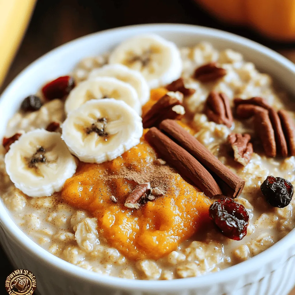 - 1 cup rolled oats - 1 cup canned pumpkin puree - 4 cups almond milk (or preferred milk) - 1/4 cup maple syrup (or honey) - 1 teaspoon vanilla extract - 1 teaspoon ground cinnamon - 1/2 teaspoon ground nutmeg - 1/4 teaspoon salt - 1/2 cup chopped pecans or walnuts - 1/2 cup dried cranberries or raisins - Fresh fruit for topping (e.g., banana slices or apple pieces) When I make this slow cooker pumpkin oatmeal, I focus on using simple, wholesome ingredients. The rolled oats serve as the base. They create a warm and hearty texture. Canned pumpkin puree adds a creamy and rich flavor. It’s packed with vitamins too! Almond milk or any milk you prefer makes it extra smooth. Sweeteners bring out the warm spices. I love using maple syrup as it adds a lovely depth. Vanilla extract gives a sweet aroma, while cinnamon and nutmeg add warmth and spice. A pinch of salt balances the flavors. For added crunch and sweetness, I toss in some nuts and dried fruits. Pecans or walnuts add a nice texture. Dried cranberries or raisins bring a fruity burst. Finally, I love topping my bowl with fresh fruits like banana or apple slices. They add brightness and extra flavor. First, I add the rolled oats, pumpkin puree, and almond milk to the slow cooker. It's important to mix these well. You want all the oats to soak up that creamy pumpkin goodness. Next, I pour in the maple syrup and add the vanilla extract. Then come the spices: ground cinnamon, ground nutmeg, and a pinch of salt. Stir this mixture thoroughly. If you enjoy a bit of crunch, now's the time to fold in chopped nuts or dried fruit. Once everything is combined, I secure the lid on the slow cooker. I choose the setting: low for 6 to 8 hours or high for 3 to 4 hours. This slow cooking lets the flavors meld perfectly. The oatmeal will be creamy and the oats will be soft when it's done. After the cooking time, I give the oatmeal a good stir. This helps make it even creamier. If I want it thinner, I mix in a splash of almond milk. Now, it's ready to serve! I ladle it into bowls and top each with fresh fruit or a drizzle of maple syrup for extra sweetness. Enjoy the warmth and comfort of this creamy pumpkin oatmeal! When serving your pumpkin oatmeal, use a large spoon to dish it out into bowls. Each serving should be warm and inviting. For toppings, add fresh fruit like banana slices or apple pieces. You can also add a scoop of yogurt for creaminess. If you like it sweeter, drizzle extra maple syrup on top. To boost the flavor, consider adjusting the spices. You can add more cinnamon or nutmeg for a bolder taste. If you want a bit of heat, try adding a pinch of ground ginger or allspice. For texture, mix in chopped nuts like pecans or walnuts. Dried fruits like cranberries or raisins also add a sweet touch. Do you prefer thicker oatmeal? You can reduce the liquid slightly. For thinner oatmeal, add a splash of almond milk after cooking. The cooking time can also affect the texture. Cooking on low for 8 hours gives you a creamier consistency, while high for 3 hours may yield a firmer oatmeal. Adjust the time based on your preference. {{image_4}} You can switch up the flavors for your pumpkin oatmeal. Here are a couple of ideas: - Chocolate pumpkin oatmeal: Add 1/4 cup cocoa powder to the mix. This gives a rich, chocolatey taste that kids love. - Spiced apple or pear oatmeal: Toss in 1 cup of chopped apples or pears. Add an extra dash of cinnamon for a warm, cozy touch. These variations keep breakfast exciting and tasty. You can mix and match to find your favorites! Not a fan of almond milk? You have options! - Alternatives to almond milk: Use oat milk or coconut milk for a different flavor. Both work well to make your oatmeal creamy. - Sweeteners for different diets: If you want to avoid sugar, try using agave syrup or stevia. These options give sweetness without the extra calories. These swaps help you enjoy oatmeal while sticking to your diet. Make your oatmeal special with seasonal touches! - Using seasonal spices or fruit: In fall, try adding nutmeg or ginger. In spring, fresh berries brighten things up. - Ideas for holiday-themed oatmeal: For a festive twist, add crushed candy canes in December or pumpkin spice mix in October. These add a fun touch to your breakfast. These ideas let you enjoy the flavors of each season in your oatmeal. After you enjoy your creamy pumpkin oatmeal, store leftovers properly. Place the oatmeal in an airtight container. This keeps it fresh and tasty. You can store it in the fridge for up to five days. Always let it cool down before sealing the container. This helps prevent moisture buildup. Want to keep it longer? You can freeze your slow cooker pumpkin oatmeal! Scoop it into freezer-safe containers. Leave some space at the top for expansion. It will stay good for about three months. When you’re ready to eat, take a portion out and let it thaw overnight in the fridge. To reheat, place it in a pot on low heat. Add a little almond milk to help it become creamy again. Stir often to avoid burning. You can also use a microwave. Heat in short bursts, stirring in between. Make breakfast easy for busy mornings! You can prepare the pumpkin oatmeal in advance. Just cook it as directed. Once it's cool, divide it into servings and store them in the fridge or freezer. In the morning, you can quickly reheat a portion. If stored in the fridge, it takes about 2-3 minutes in the microwave. For frozen oatmeal, let it thaw overnight or reheat directly from the freezer. Just remember to add some almond milk for the best texture! Yes, you can use steel-cut oats. They need more time to cook. Use a 1:4 ratio of oats to liquid. For this recipe, use 1 cup of steel-cut oats and 4 cups of almond milk. Cook on low for 8 to 10 hours. The texture will be chewier and heartier. Your oatmeal is done when it's creamy and the oats are soft. Check for a thick, smooth texture. If it looks runny, cook it a bit longer. Give it a stir to mix everything well. The aroma will also be deliciously inviting. You can use fresh pumpkin instead of canned. Start by peeling and cubing the pumpkin. Boil the cubes until soft, then mash them. Use 1 cup of this fresh mash in place of canned puree. This adds a lovely, fresh taste to your oatmeal. Yes, this recipe can be gluten-free. Just choose certified gluten-free oats. Check labels to ensure no cross-contamination. Both rolled and steel-cut oats can be found gluten-free. This way, everyone can enjoy this creamy breakfast delight. This blog shared a simple, tasty recipe for slow cooker pumpkin oatmeal. You learned about the key ingredients like rolled oats, pumpkin puree, and almond milk. We discussed sweeteners and flavorings, plus options to enhance your meal. I hope these tips inspire your next breakfast. With easy variations and storage ideas, you can enjoy this dish throughout the week. Try it out, and have fun creating your own versions!