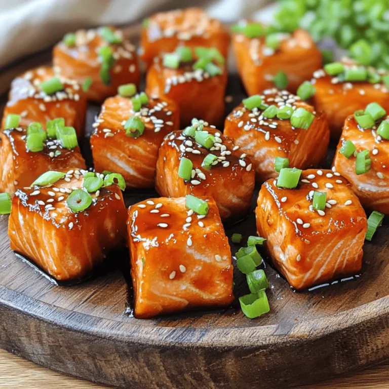 To make Air Fryer Teriyaki Salmon Bites, gather these key ingredients: - 1 lb skinless salmon fillet - 1/4 cup soy sauce (or tamari for gluten-free) - 2 tablespoons honey or maple syrup - 1 tablespoon rice vinegar - 1 tablespoon sesame oil - 2 cloves garlic, finely minced - 1 teaspoon fresh ginger, grated - Sesame seeds, for garnish - Chopped green onions, for garnish These ingredients create a tasty marinade that enhances the salmon’s natural flavor. The soy sauce adds saltiness, while honey or maple syrup brings sweetness. Rice vinegar adds a subtle tang, and sesame oil gives a nutty aroma. Fresh garlic and ginger elevate the dish with their bold flavors. When you gather these ingredients, you set the stage for a simple yet delicious meal. Each component plays a role in creating a balanced dish. Trust me, this combination makes the salmon bites so good that you’ll want to share them with everyone! To make the marinade, start by mixing a few key ingredients. In a medium bowl, combine: - 1/4 cup soy sauce (or tamari for gluten-free) - 2 tablespoons honey or maple syrup - 1 tablespoon rice vinegar - 1 tablespoon sesame oil Next, add two cloves of finely minced garlic and one teaspoon of grated fresh ginger. Whisk all the ingredients together. This mix creates a tasty marinade that soaks into the salmon. Once your marinade is ready, it's time to add the salmon. Cut 1 pound of skinless salmon fillet into bite-sized cubes. Toss these cubes into the marinade, ensuring each piece is well coated. Cover the bowl and place it in the fridge. Let the salmon marinate for 15 to 30 minutes. This step helps the flavors develop and makes the salmon even tastier. Before cooking, preheat your air fryer to 400°F (200°C). This ensures a quick cook and a nice crisp. Lightly spray the air fryer basket with cooking spray or brush it with oil. This will help prevent sticking. After marinating, carefully arrange the salmon cubes in the air fryer basket in a single layer. Make sure not to overlap them. Air fry the salmon bites for 8 to 10 minutes. It’s best to shake the basket halfway through. The salmon will turn opaque and flake easily with a fork. This cooking method gives the salmon a delightful crispy outside. After cooking, carefully take out the salmon bites and let them rest for about one minute. Garnish with sesame seeds and chopped green onions. This adds a beautiful touch before serving. To get the best flavor, I suggest marinating the salmon for at least 30 minutes. This time allows the salmon to soak up the teriyaki marinade. Each piece must be evenly coated. This ensures that every bite has a burst of flavor. Avoid overcrowding the air fryer basket. If you pile the salmon bites, they won’t cook well. Instead, cook them in batches if needed. To check for doneness, look for the salmon to be opaque and flake easily with a fork. This shows it is fully cooked. For a lovely finish, garnish with sesame seeds and chopped green onions. This adds color and crunch. You can serve the salmon bites on a stylish platter. Drizzle any remaining marinade over them. Add lemon wedges for a fresh touch that enhances the flavor. {{image_4}} You can switch soy sauce for tamari. This gives you a gluten-free option. If you need a sweetener, try agave syrup or brown sugar instead of honey. Both options work well in the marinade. If you want to bake teriyaki salmon bites, preheat your oven to 400°F (200°C). Place the salmon on a baking sheet lined with parchment paper. Bake for 12 to 15 minutes. The salmon should be flaky when done. You can also grill the salmon bites. Grilling adds a nice smoky flavor. Cook them for about 6 to 8 minutes on each side over medium heat. For a spicy kick, add some chili paste to the marinade. This gives the salmon an extra layer of flavor. You can also add vegetables to the air fryer. Bell peppers, snap peas, or broccoli work great. This makes your meal more colorful and nutritious. To store leftover salmon bites, let them cool first. Place them in an airtight container. This will keep them fresh for up to three days. When you're ready to enjoy them again, reheat gently. You can use the air fryer at 350°F (175°C) for about 5 minutes. This keeps the salmon nice and crispy. Yes, you can freeze teriyaki salmon bites! Just make sure they are fully cooled. Place them in a freezer-safe container or bag. They can stay frozen for up to three months. When you're ready to eat them, thaw overnight in the fridge. For quick thawing, place the sealed bag in cold water for about an hour. After thawing, reheat in the air fryer as mentioned above. This way, you still get that tasty crunch! You should marinate the salmon for at least 15 to 30 minutes. This time lets the flavors soak in well. If you have more time, you can marinate it for up to an hour. Teriyaki salmon bites go well with many sides. Here are some great options: - Steamed rice or quinoa - Stir-fried vegetables like broccoli or bell peppers - A fresh green salad with a light dressing - Noodles tossed in sesame oil These sides balance the rich flavors of the salmon and make a complete meal. Yes, you can use frozen salmon. Just ensure you thaw it completely before marinating. Thaw the salmon in the fridge overnight. If you’re short on time, you can use the microwave. However, be careful not to cook the fish while thawing. This blog post showed you how to make delicious teriyaki salmon bites. We covered the key ingredients, step-by-step instructions, and tips for the best flavor and presentation. You can easily modify the recipe and store or freeze leftovers. Enjoy experimenting with marinating and cooking methods to find your favorite flavors. Try different sides to complement the dish. With this guide, you’ll be ready to impress your family and friends with tasty salmon bites!