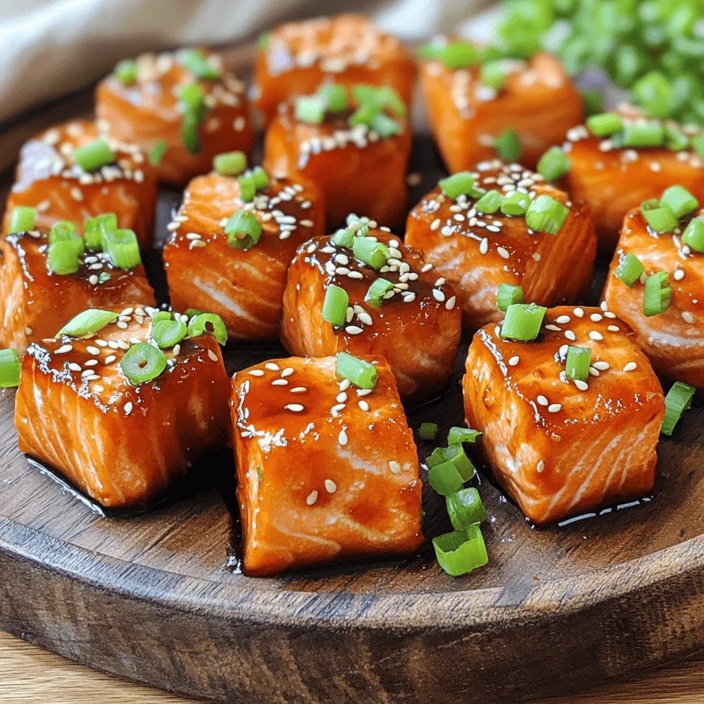 To make Air Fryer Teriyaki Salmon Bites, gather these key ingredients: - 1 lb skinless salmon fillet - 1/4 cup soy sauce (or tamari for gluten-free) - 2 tablespoons honey or maple syrup - 1 tablespoon rice vinegar - 1 tablespoon sesame oil - 2 cloves garlic, finely minced - 1 teaspoon fresh ginger, grated - Sesame seeds, for garnish - Chopped green onions, for garnish These ingredients create a tasty marinade that enhances the salmon’s natural flavor. The soy sauce adds saltiness, while honey or maple syrup brings sweetness. Rice vinegar adds a subtle tang, and sesame oil gives a nutty aroma. Fresh garlic and ginger elevate the dish with their bold flavors. When you gather these ingredients, you set the stage for a simple yet delicious meal. Each component plays a role in creating a balanced dish. Trust me, this combination makes the salmon bites so good that you’ll want to share them with everyone! To make the marinade, start by mixing a few key ingredients. In a medium bowl, combine: - 1/4 cup soy sauce (or tamari for gluten-free) - 2 tablespoons honey or maple syrup - 1 tablespoon rice vinegar - 1 tablespoon sesame oil Next, add two cloves of finely minced garlic and one teaspoon of grated fresh ginger. Whisk all the ingredients together. This mix creates a tasty marinade that soaks into the salmon. Once your marinade is ready, it's time to add the salmon. Cut 1 pound of skinless salmon fillet into bite-sized cubes. Toss these cubes into the marinade, ensuring each piece is well coated. Cover the bowl and place it in the fridge. Let the salmon marinate for 15 to 30 minutes. This step helps the flavors develop and makes the salmon even tastier. Before cooking, preheat your air fryer to 400°F (200°C). This ensures a quick cook and a nice crisp. Lightly spray the air fryer basket with cooking spray or brush it with oil. This will help prevent sticking. After marinating, carefully arrange the salmon cubes in the air fryer basket in a single layer. Make sure not to overlap them. Air fry the salmon bites for 8 to 10 minutes. It’s best to shake the basket halfway through. The salmon will turn opaque and flake easily with a fork. This cooking method gives the salmon a delightful crispy outside. After cooking, carefully take out the salmon bites and let them rest for about one minute. Garnish with sesame seeds and chopped green onions. This adds a beautiful touch before serving. To get the best flavor, I suggest marinating the salmon for at least 30 minutes. This time allows the salmon to soak up the teriyaki marinade. Each piece must be evenly coated. This ensures that every bite has a burst of flavor. Avoid overcrowding the air fryer basket. If you pile the salmon bites, they won’t cook well. Instead, cook them in batches if needed. To check for doneness, look for the salmon to be opaque and flake easily with a fork. This shows it is fully cooked. For a lovely finish, garnish with sesame seeds and chopped green onions. This adds color and crunch. You can serve the salmon bites on a stylish platter. Drizzle any remaining marinade over them. Add lemon wedges for a fresh touch that enhances the flavor. {{image_4}} You can switch soy sauce for tamari. This gives you a gluten-free option. If you need a sweetener, try agave syrup or brown sugar instead of honey. Both options work well in the marinade. If you want to bake teriyaki salmon bites, preheat your oven to 400°F (200°C). Place the salmon on a baking sheet lined with parchment paper. Bake for 12 to 15 minutes. The salmon should be flaky when done. You can also grill the salmon bites. Grilling adds a nice smoky flavor. Cook them for about 6 to 8 minutes on each side over medium heat. For a spicy kick, add some chili paste to the marinade. This gives the salmon an extra layer of flavor. You can also add vegetables to the air fryer. Bell peppers, snap peas, or broccoli work great. This makes your meal more colorful and nutritious. To store leftover salmon bites, let them cool first. Place them in an airtight container. This will keep them fresh for up to three days. When you're ready to enjoy them again, reheat gently. You can use the air fryer at 350°F (175°C) for about 5 minutes. This keeps the salmon nice and crispy. Yes, you can freeze teriyaki salmon bites! Just make sure they are fully cooled. Place them in a freezer-safe container or bag. They can stay frozen for up to three months. When you're ready to eat them, thaw overnight in the fridge. For quick thawing, place the sealed bag in cold water for about an hour. After thawing, reheat in the air fryer as mentioned above. This way, you still get that tasty crunch! You should marinate the salmon for at least 15 to 30 minutes. This time lets the flavors soak in well. If you have more time, you can marinate it for up to an hour. Teriyaki salmon bites go well with many sides. Here are some great options: - Steamed rice or quinoa - Stir-fried vegetables like broccoli or bell peppers - A fresh green salad with a light dressing - Noodles tossed in sesame oil These sides balance the rich flavors of the salmon and make a complete meal. Yes, you can use frozen salmon. Just ensure you thaw it completely before marinating. Thaw the salmon in the fridge overnight. If you’re short on time, you can use the microwave. However, be careful not to cook the fish while thawing. This blog post showed you how to make delicious teriyaki salmon bites. We covered the key ingredients, step-by-step instructions, and tips for the best flavor and presentation. You can easily modify the recipe and store or freeze leftovers. Enjoy experimenting with marinating and cooking methods to find your favorite flavors. Try different sides to complement the dish. With this guide, you’ll be ready to impress your family and friends with tasty salmon bites!