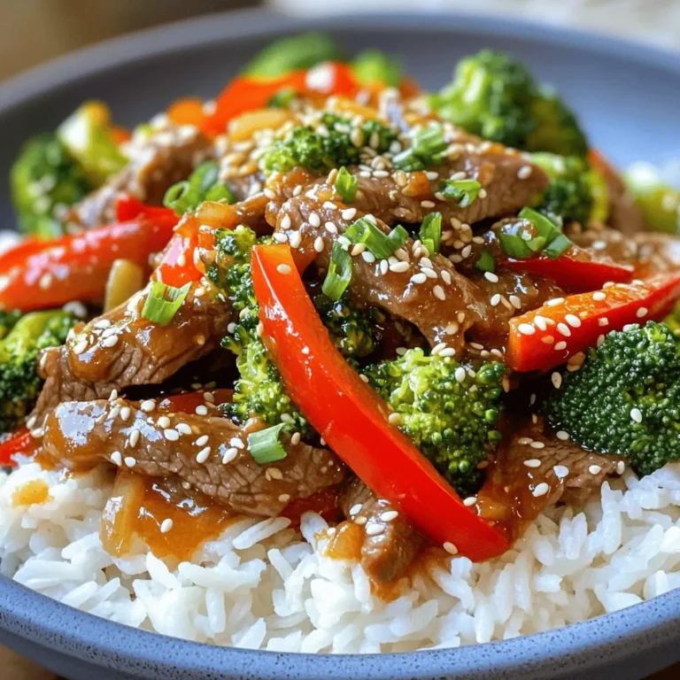 - 1 pound beef sirloin - 3 tablespoons soy sauce - 2 tablespoons oyster sauce - 1 tablespoon cornstarch - 2 tablespoons vegetable oil (divided) - 4 cloves garlic, minced - 1 tablespoon fresh ginger, grated - 1 red bell pepper, sliced into strips - 1 cup broccoli florets - 1 carrot, thinly sliced into rounds - 1 tablespoon chili paste (adjust according to your preferred spice level) - 2 green onions, chopped (for garnish) - Sesame seeds (for garnish) - Salt and black pepper to taste For this spicy garlic beef stir fry, I like to keep my ingredients fresh and vibrant. The beef sirloin gives great flavor and tenderness. The marinade is simple but powerful, using soy sauce, oyster sauce, and cornstarch to coat the beef. This helps it stay juicy and adds a nice shine. To make it colorful, I use bell peppers, broccoli, and carrots. These veggies not only taste great but also add crunch. The garlic and ginger bring warmth and aroma, making the dish irresistible. Don't forget the chili paste! You can adjust this based on how spicy you want your meal. The toppings of green onions and sesame seeds really complete the dish. They add freshness and a bit of crunch. This mix of ingredients creates a quick meal that’s full of flavor and color. To make the beef flavorful, mix these ingredients in a bowl: - 1 pound beef sirloin, thinly sliced - 3 tablespoons soy sauce - 2 tablespoons oyster sauce - 1 tablespoon cornstarch - A pinch of black pepper Stir everything until the beef is well-coated. Cover the bowl and let it marinate for about 15 minutes. This step is key. Marinating helps to tenderize the beef and infuse it with flavor, making your stir fry taste amazing. Now, heat 1 tablespoon of vegetable oil in a large skillet or wok over high heat. Once the oil is hot, add the marinated beef in a single layer. Stir-fry for about 3 to 4 minutes. You want the beef to brown nicely and just cook through. After that, remove the beef from the skillet and set it aside. This keeps it tender and juicy for later. In the same skillet, add another tablespoon of vegetable oil. Next, toss in the minced garlic and grated ginger. Stir quickly for about 30 seconds until they smell great. Be careful not to burn them. Then, add the sliced red bell pepper, broccoli florets, and thinly sliced carrot rounds. Stir-fry these veggies for 3 to 5 minutes. You want them to stay vibrant and tender-crisp. After that, return the cooked beef to the skillet and mix in the chili paste. Toss everything together until the beef and veggies are well-coated. Cook for an additional 2 to 3 minutes to let the flavors meld. Now, it’s time to taste your dish. Adjust the spice and seasoning with extra salt, pepper, or more chili paste if you like it spicier. Remove the skillet from the heat and gently stir in the chopped green onions. This adds a fresh burst of flavor. For a beautiful presentation, transfer the stir fry to a serving dish and sprinkle sesame seeds on top. This gives a delightful crunch and makes your meal look even more inviting. Marinating is key for great flavor. I suggest marinating the beef for at least 15 minutes. This helps the meat soak up the sauces and become tender. If you have time, let it marinate longer. Adjusting your seasoning can balance the flavors. If you want more heat, add more chili paste. If it’s too spicy, add a pinch of sugar to cool it down. Taste as you go to find your perfect mix. A good skillet or wok is essential. I recommend using a heavy-bottomed skillet or a traditional wok. These help distribute heat evenly. Heat level matters too. Always cook on high heat. This gives you a nice sear on the beef and keeps the veggies bright. For a complete meal, serve the stir fry over rice or noodles. Jasmine rice is my favorite. It soaks up the sauce well. To make your dish pop, garnish with green onions and sesame seeds. These add color and crunch. Serve it hot for the best taste! {{image_4}} For your spicy garlic beef stir fry, you can switch up the protein. If you want to try different cuts of beef, go for flank steak or ribeye. Both are tender and full of flavor. You can also opt for chicken or pork if you prefer. If you want a vegetarian or vegan option, use tofu or mushrooms. Tofu absorbs the flavors well, making it a great choice. You can press the tofu to remove excess water for a better texture. Mushrooms add a nice umami flavor and a hearty bite. Feel free to mix in other vegetables! Snap peas, bok choy, or zucchini work great. Just remember to cut them into equal sizes for even cooking. When using different veggies, adjust the cook times. Softer vegetables like zucchini cook faster, while firmer ones like carrots take longer. Start with the firmer veggies, then add the softer ones to keep everything crisp and bright. Not a fan of too much heat? You can reduce the spice by cutting back on the chili paste. Start with a smaller amount and taste as you go. If you want to spice things up, try different chili options. You might use fresh chili peppers or sriracha for a different flavor profile. Each option will give your stir fry a unique kick! To keep your spicy garlic beef stir fry fresh, store leftovers right away. Place the stir fry in an airtight container. Let it cool first to avoid steam buildup. Refrigerate it for up to three days. Reheat the stir fry on the stove for the best texture. Heat a pan over medium heat. Add a splash of water or broth to keep it moist. Stir for about five minutes until it's hot. You can also use a microwave. Heat in short bursts, checking often. This keeps the beef from getting tough. If you want to save some for later, freeze the stir fry. Use a freezer-safe container or a zip-top bag. Remove as much air as you can before sealing. It will last up to three months in the freezer. To thaw, place it in the fridge overnight or use the microwave. Heat it well before serving. You should marinate the beef for about 15 minutes. This short time boosts flavor and tenderness. If you leave it too long, the meat can get mushy. The marinade combines soy sauce, oyster sauce, and cornstarch. Together, they create a tasty coating. Yes, you can prep this dish in advance. You can slice the beef and mix the marinade a few hours before cooking. Keep the beef in the fridge to stay fresh. Chop the veggies and store them in a container. This saves you time when you're ready to cook. This stir fry goes well with steamed rice or quinoa. You can also serve it with noodles for a fun twist. Adding a fresh salad on the side brightens up the meal. For a complete experience, sprinkle some sesame seeds on top for crunch. This blog post guided you through making a tasty Spicy Garlic Beef Stir Fry. We discussed key ingredients, the marinating process, and how to perfectly cook the beef and veggies. I shared tips for flavor and equipment, along with serving and storage advice. Stir fry is fun and easy. With practice, you’ll impress friends and family. Enjoy creating your own variations and have fun with flavors! Cooking should be a joyful experience, so get in the kitchen and start stirring!
