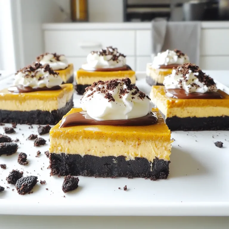 - 24 Oreo cookies, finely crushed - ½ cup unsalted butter, melted - 1 cup cream cheese, softened - 1 cup canned pumpkin puree - ½ cup powdered sugar - 1 teaspoon vanilla extract - 1 teaspoon pumpkin pie spice - 1 cup whipped topping To make these No-Bake Pumpkin Oreo Cheesecake Bars, you need a few simple ingredients. First, the Oreo cookies form a tasty crust. Crush them finely to get a smooth base. Mix the crushed cookies with melted butter until it looks like wet sand. Next, cream cheese is key for a rich filling. Make sure it’s softened to blend well. The star of this dessert is canned pumpkin puree. It brings the fall flavor we all love. Add in powdered sugar for sweetness and vanilla extract for depth. Don’t forget the pumpkin pie spice; it adds warmth and aroma. Finally, whipped topping gives the cheesecake a light and airy texture. Use a good brand, like Cool Whip, to ensure a great result. - Chocolate sauce - Extra whipped cream - Crushed Oreos You can elevate your bars with optional toppings. Drizzle chocolate sauce over the bars for added sweetness. A dollop of extra whipped cream adds richness, making each bite delightful. For a bit of crunch, sprinkle crushed Oreos on top. These toppings can make your dessert look even more tempting! - Mixing bowls - Electric mixer - 9x9-inch square baking pan Make sure you have the right tools for this recipe. Mixing bowls help combine your ingredients well. An electric mixer is essential for beating the cream cheese until smooth. Lastly, a 9x9-inch square baking pan is perfect for setting your cheesecake bars. This size ensures even cutting and serving later on. - Combine 24 finely crushed Oreo cookies and ½ cup melted unsalted butter in a bowl. - Stir until the mix looks like wet sand. - Press this mixture firmly into a 9x9-inch square baking pan. - Use a spatula or the bottom of a glass to get an even base. - In a large bowl, beat 1 cup of softened cream cheese with an electric mixer. - Mix until it is creamy and smooth, with no lumps. - Add 1 cup of canned pumpkin puree, ½ cup powdered sugar, 1 teaspoon vanilla extract, and 1 teaspoon pumpkin pie spice. - Stir until everything is well mixed and smooth. - Carefully fold in 1 cup of whipped topping with a rubber spatula. - Be gentle to keep the mixture light and fluffy. - Pour the pumpkin cheesecake mixture over the crust. - Spread it evenly with a spatula. - Cover the pan with plastic wrap and refrigerate for at least 4 hours to set. - Once set, slice the dessert into bars and serve chilled. Pressing firmly is key to a solid crust. This step helps it hold together when you slice. Use the flat bottom of a glass or spatula to press down. This ensures an even layer that won’t crumble. A 9x9-inch pan works best for this recipe. It gives the bars the right thickness and shape, making them easy to serve. Make sure your cream cheese is at room temperature. Cold cream cheese can cause lumps in your filling. Use an electric mixer to beat it until it’s creamy and smooth. This step is crucial for a silky texture. When adding canned pumpkin puree and other ingredients, mix until everything is fully blended. This will give your bars a rich and velvety feel. To store leftovers, cover the bars tightly with plastic wrap. Keep them in the fridge for up to five days. For the best taste, serve them cold. The bars taste even better after chilling overnight. This allows the flavors to meld beautifully. {{image_4}} You can switch up the flavor of your bars with different Oreo cookies. Try using mint, peanut butter, or even birthday cake Oreos for a fun twist. Each flavor adds its own unique taste to the dessert. You can also enhance the pumpkin flavor by adding spices like nutmeg or cinnamon. A sprinkle of these spices will make your cheesecake even more delightful. If you're looking for gluten-free options, use gluten-free Oreo cookies. Many brands offer these, so check your local store. For vegan substitutions, swap the cream cheese for a plant-based cream cheese. You can also replace the whipped topping with coconut whipped cream. These changes keep the taste yummy while fitting different diets. Serving your cheesecake bars as mini bars is a fun way to enjoy them. Simply cut smaller squares, and they are perfect for parties or snacks. You can also use cookie cutters to create fun shapes. This way, your treats look festive and appealing for any gathering. Plus, kids will love the fun shapes! You can store the No-Bake Pumpkin Oreo Cheesecake Bars in the fridge for up to five days. Make sure to keep them covered. This helps them stay fresh and tasty. The creamy pumpkin filling and Oreo crust stay great for several days. I always recommend enjoying them cold for the best flavor. Yes, you can freeze these cheesecake bars! They freeze well for up to three months. To freeze, cut them into bars first. Wrap each bar tightly in plastic wrap and then place them in a freezer bag. This keeps the air out and prevents freezer burn. When you are ready to eat, take them out and thaw in the fridge for a few hours. They will taste just as good as fresh! For best results, use airtight containers. These keep moisture out and help maintain the bars' flavor. If you don’t have an airtight container, you can use regular ones, but make sure to cover them well. This will help keep your treats safe from drying out in the fridge. The recommended chilling time for the cheesecake is a minimum of 4 hours. This allows it to firm up properly. If you can wait longer, that’s even better! Chilling it overnight makes it taste even better. Yes, you can use homemade whipped cream instead of store-bought. Homemade whipped cream has a fresh taste and creamy texture. However, store-bought whipped topping, like Cool Whip, holds its shape well. If you use homemade, serve right after mixing to keep it fluffy. You can substitute pumpkin puree with sweet potato puree or butternut squash puree. Both will give a similar texture and flavor. If you want a different twist, use applesauce too. It will change the taste slightly but still add moisture. This post offers a clear guide to making pumpkin cheesecake bars using simple ingredients. You learned about the key components: Oreo cookies, cream cheese, and pumpkin puree. We also covered tips for a perfect crust, different flavor variations, and smart storage methods. Remember, you can customize this dessert to fit your taste. Experiment with toppings and layer shapes for fun. Enjoy creating your own delicious treats!