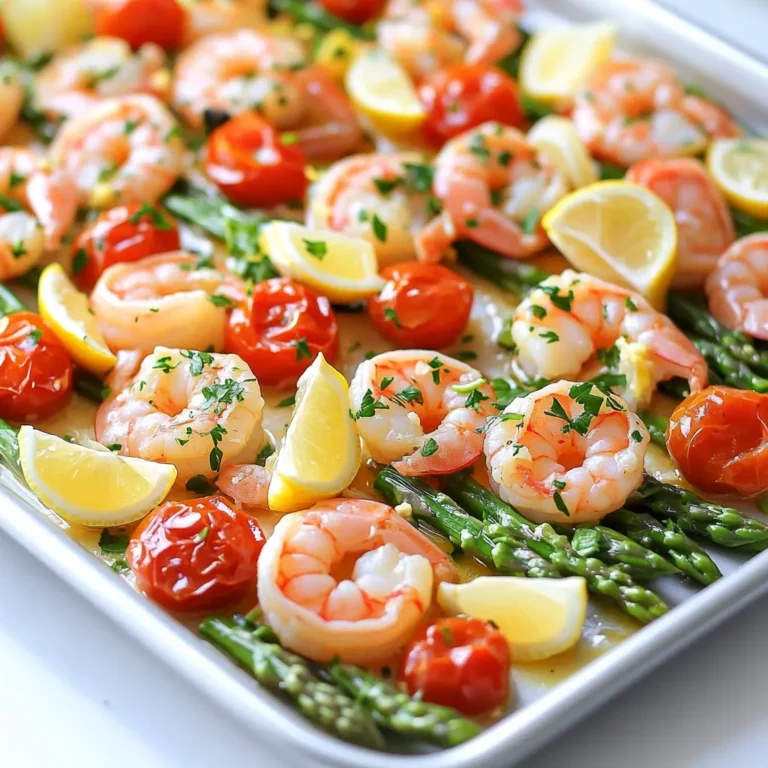 To make Sheet Pan Lemon Garlic Shrimp Scampi, gather these simple ingredients: - 1 pound large shrimp, peeled and deveined - 4 tablespoons unsalted butter, melted - 4 cloves of garlic, finely minced - Juice from 2 fresh lemons - Zest from 1 lemon - 1 teaspoon red pepper flakes - Salt and freshly ground black pepper to taste - 1 cup cherry tomatoes, halved - 8 ounces asparagus, trimmed and cut into 2-inch pieces - 1/2 cup fresh parsley, finely chopped - Lemon wedges for serving Each ingredient plays a key role. The shrimp gives a sweet and tender bite. The butter adds richness, while garlic brings bold flavor. Lemon juice and zest give a refreshing zing. Red pepper flakes add heat, but you can adjust them for your taste. Cherry tomatoes add sweetness, and asparagus gives crunch. Fresh parsley brightens the dish. Lemon wedges will finish it off with extra zest. Gathering fresh ingredients helps achieve the best flavor. I recommend using large shrimp for great texture. Fresh lemon makes a big difference in taste compared to bottled juice. Enjoy the process of cooking with these vibrant ingredients! First, preheat your oven to 400°F (200°C). This heat makes the shrimp cook fast and helps them turn pink. A hot oven also crisps the veggies just right. In a large bowl, mix four tablespoons of melted butter with four cloves of minced garlic. Add the juice from two fresh lemons and the zest from one lemon. Then, sprinkle in one teaspoon of red pepper flakes, salt, and pepper. Whisk it all together until it's smooth and combined. This marinade brings out bright flavors. Now, add one pound of peeled and deveined shrimp to the marinade. Toss the shrimp gently so every piece gets covered in that tasty mix. This step is key to flavor. Grab a large baking sheet and line it with parchment paper. This makes cleanup a breeze. Spread the marinated shrimp on one side. Next, add one cup of halved cherry tomatoes and eight ounces of chopped asparagus around the shrimp. Drizzle any leftover marinade over the veggies for extra taste. Place your sheet pan in the preheated oven. Roast everything for about 10 to 12 minutes. The shrimp should turn a bright pink, while the asparagus remains crisp. This cooking time keeps everything tender. Carefully take the sheet pan out of the oven. Sprinkle half a cup of chopped fresh parsley over the dish. This adds a pop of color and fresh flavor. Gently mix the shrimp and veggies to spread the parsley evenly. Serve your shrimp scampi hot, with lemon wedges on the side. Squeeze the lemon over the dish for a zesty kick. This extra touch makes every bite bright and fresh. Enjoy your meal! When making shrimp scampi, size matters. I prefer using large shrimp. They cook evenly and offer a nice bite. Look for shrimp that are fresh and smell like the sea. If you buy frozen shrimp, thaw them in cold water before cooking. This keeps them juicy. Want a kick? Add more red pepper flakes. For a milder dish, use less. I often start with one teaspoon and adjust to taste. Remember, you can always add more, but you can't take it out. Taste your marinade before coating the shrimp. Spread shrimp and veggies in a single layer on the sheet pan. This helps everything cook evenly. If they are too crowded, they might steam instead of roast. Check the shrimp after 10 minutes. They should be pink and opaque when done. Cleaning up can be a breeze! Line your baking sheet with parchment paper. This makes for easy cleanup after cooking. Use a bowl for the marinade, then wash it right away. Keeping your space tidy helps you enjoy cooking more! {{image_4}} You can add more veggies to your dish. Try bell peppers, zucchini, or broccoli. These will give your meal more color and nutrients. Just cut them into small pieces. Toss them in the same marinade as the shrimp. This makes sure all the flavors mix well. Roasting times may change, so check for doneness. If you want to switch proteins, consider using chicken or scallops. Both options work great with the same marinade. Cut chicken into small pieces for even cooking. Scallops can cook quickly, so watch them closely. These swaps keep the dish fresh and fun. You can easily change the flavor by adding herbs. Try fresh basil or thyme for a new twist. You can also replace lemon juice with lime juice for a tangy kick. Experiment with spices like smoked paprika or dill for unique tastes. Each herb will give your dish a different feel. Enjoy discovering your favorites! To store leftovers, let the dish cool completely. Place the shrimp and veggies in an airtight container. They will stay fresh for up to three days in the fridge. Make sure to keep the lemon wedges separate to avoid sogginess. When ready to eat, reheat the shrimp scampi in the oven. Preheat the oven to 350°F (175°C). Spread the shrimp and veggies on a baking sheet. Heat for about 10 minutes, or until warm. You can also microwave them for 1-2 minutes. Stir halfway through for even heating. If you want to freeze the dish, pack the shrimp and veggies in a freezer-safe bag. Try to remove as much air as possible. The shrimp scampi will last for up to three months in the freezer. To thaw, move it to the fridge overnight before reheating. You should cook shrimp in the oven for about 10 to 12 minutes. The shrimp will turn pink and opaque when done. This quick cooking method keeps shrimp tender and juicy. Yes, you can use frozen shrimp. Just thaw them first. Place them in a bowl of cold water for about 15 minutes. Drain well and pat dry before cooking. This step helps the shrimp coat well with the marinade. I love serving shrimp scampi with pasta or rice. Garlic bread is great for soaking up the sauce. A fresh salad or steamed vegetables also pairs well. These sides add balance and enhance the meal. To make this dish healthier, use less butter. You can also swap butter for olive oil. Add more veggies like bell peppers or zucchini for extra fiber. Reducing the amount of red pepper flakes can cut down on spice. Yes, you can make a vegetarian version! Replace shrimp with mushrooms or zucchini. Use vegetable broth instead of butter and garlic for flavor. This creates a delicious plant-based meal that keeps the essence of scampi. This blog post gave you a simple way to make shrimp scampi. You learned about the key ingredients, easy steps, and some handy tips. Adjust spice levels and try different veggies for variety. Leftovers can be stored or frozen for later meals. Cooking shrimp in the oven is fun and rewarding. Experiment with flavors to make it your own. Enjoy tasty meals with less stress! Your kitchen success is just a recipe away.