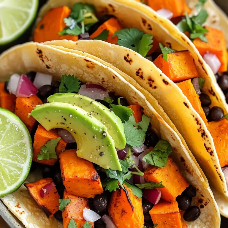 For these savory sweet potato black bean tacos, you need a few key ingredients: - 2 medium sweet potatoes, peeled and diced into 1-inch cubes - 1 can (15 oz) black beans, rinsed and drained thoroughly - 1 red bell pepper, diced into small pieces - 1 small red onion, finely chopped Next, gather the spices and garnishes to add flavor: - 2 tablespoons extra virgin olive oil - 1 teaspoon ground cumin - 1 teaspoon chili powder - Salt and pepper, to taste - Fresh cilantro, roughly chopped, for garnish - Lime wedges, for serving You will also want to have some common kitchen tools ready: - A large rimmed baking sheet - A sharp knife and cutting board - A mixing bowl for tossing ingredients - A spatula for stirring With these ingredients and tools, you're all set to create a delicious dish! Each element adds its own unique taste, making your tacos delightful and satisfying. To make these sweet potato black bean tacos, start by prepping your ingredients. First, peel your sweet potatoes. Then, cut them into 1-inch cubes. This size helps them cook evenly. Next, chop your red bell pepper and red onion. Aim for small pieces for better taste and texture. Now, preheat your oven to 425°F (220°C). A hot oven gives you that nice roast. Grab a large rimmed baking sheet. Spread out your sweet potatoes, bell pepper, and onion in a single layer. This helps them roast well. Once your oven is ready, drizzle the veggies with olive oil. Sprinkle the ground cumin, chili powder, salt, and pepper over them. Mix everything well with your hands or a spatula. This ensures each piece gets coated. Roast the mixture in the oven for 20-25 minutes. Stir halfway through to make sure they cook evenly. You know they’re done when the sweet potatoes are tender and have some brown edges. After roasting, take the pan out of the oven. Carefully fold in the black beans, which should be rinsed and drained. Mix gently to combine. Put the pan back in the oven for just 5 more minutes to warm the beans. While the veggie mix cools a bit, it’s time to warm your corn tortillas. Heat a dry skillet over medium heat. Place each tortilla in the skillet for about 30 seconds on each side. You want them soft and easy to fold. Now, let’s assemble the tacos! Take a warm tortilla and spoon a generous amount of the sweet potato and black bean mix into the center. Top it with slices of avocado. Finish with a sprinkle of fresh cilantro for a pop of flavor. Serve the tacos right away, with lime wedges on the side. The lime juice adds a fresh zing that makes the tacos even better! Enjoy your savory sweet potato black bean tacos! To get the best roast on your veggies, cut everything into similar sizes. This helps them cook evenly. I suggest you roast at a high heat of 425°F for a nice caramelization. Stir halfway through to avoid burning. Seasoning is key for flavor. Adjust spices to fit your taste. If you like it spicy, add more chili powder or a dash of cayenne. For meal prep, make a big batch of the sweet potato and black bean mix. Store it in an airtight container in the fridge for up to four days. You can also freeze it for up to three months. When reheating, do it slowly on the stove to keep the texture. Warm tortillas in a dry skillet for a few seconds. This makes them soft and pliable again. For an attractive taco spread, arrange them neatly on a platter. Add extra cilantro on top for color. Place lime wedges around the tacos. This adds a bright touch and offers a fresh zing. You can also serve with small bowls of salsa or hot sauce for fun. This way, everyone can customize their meal. {{image_4}} I love to mix things up in my sweet potato black bean tacos. If you want a change from sweet potatoes, try butternut squash or regular potatoes. Both options work well and add a different flavor. For the beans, you can swap black beans for pinto beans or kidney beans. Each bean brings its unique taste and texture to the dish. Want to kick up the heat? Adding jalapeños or a splash of hot sauce can do the trick. If you enjoy a creamier texture, sprinkle some cheese or add a dollop of sour cream on top. These simple tweaks can elevate the taco experience. For those who follow a vegan diet, this recipe is already a great fit. Just skip the cheese, and you’re good to go! If you need gluten-free options, make sure your tortillas are gluten-free. For low-carb alternatives, you can use lettuce wraps instead of tortillas. This change makes the dish lighter and still delicious. To keep your sweet potato black bean tacos fresh, put leftovers in an airtight container. Store them in the fridge for up to three days. If you want to keep them longer, freeze the filling. It will last for up to three months in the freezer. Just make sure to cool the filling first before freezing. For the best flavor and texture, reheat the filling on the stove over medium heat. Stir often until hot. You can also use a microwave, heating in short bursts and stirring in between. For the tortillas, heat them in a dry skillet for about 30 seconds on each side. This keeps them soft and pliable. When prepping meals, portion out the filling into containers for easy access. You can assemble tacos as needed. This makes it easy to grab a meal on busy days. Pair these tacos with a fresh salad or some rice for a complete meal. Consider adding a side of guacamole or salsa for extra flavor. Can I make these tacos ahead of time? Yes, you can make these tacos ahead. Roast the sweet potatoes and veggies. Store them in the fridge for up to three days. When ready, warm the mixture and fill the tortillas. How do I make them spicier? To add heat, mix in diced jalapeños or red pepper flakes. You can also drizzle hot sauce on top when serving. Adjust the spices based on your taste. What can I serve alongside these tacos? These tacos pair well with a fresh salad or a side of rice. You can also serve tortilla chips with salsa for a fun crunch. What can I use instead of corn tortillas? You can use flour tortillas or lettuce wraps for a low-carb option. Both will hold the filling well and taste great. Are there alternatives to black beans? Yes! You can use pinto beans or kidney beans instead. These options will still provide a nice texture and flavor. How do I know when sweet potatoes are fully cooked? Sweet potatoes are done when they are soft and easily pierced with a fork. Look for caramelized edges for extra flavor. Can I use frozen vegetables instead? Yes, you can use frozen veggies. Just be sure to thaw and drain them before roasting. This helps prevent excess moisture. This blog post covered how to make delicious sweet potato and black bean tacos. We explored the key ingredients, cooking steps, and tips for perfecting the dish. Remember, you can easily swap out ingredients or tweak the spices to suit your taste. These tacos are great for meal prep, leftovers, and sharing with friends. Don’t hesitate to experiment with different flavors and presentations. By following these steps, you’ll create a tasty meal that impresses everyone. Enjoy your cooking adventure!
