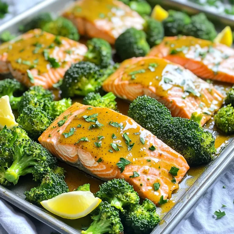 - 4 salmon fillets (approximately 6 ounces each) - 2 cups fresh broccoli florets - 1/4 cup Dijon mustard - 1/4 cup honey - 2 tablespoons extra-virgin olive oil - 2 teaspoons garlic powder - 1 teaspoon smoked paprika - Salt and freshly ground black pepper to taste - Fresh parsley, finely chopped (for garnish) - Lemon wedges (for serving) This dish shines with its bright flavors and simple prep. The main ingredients feature fresh salmon and broccoli, which pair well with the sweet and tangy honey mustard sauce. The seasoning adds depth and warmth. Olive oil gives a nice richness, while smoked paprika adds a hint of smokiness. Fresh parsley and lemon wedges bring a fresh flair at the end. Each ingredient plays an important role. Salmon provides protein and omega-3 fatty acids, making this meal not just tasty but also healthy. The broccoli adds fiber and vitamins, giving a crunchy texture. The honey mustard sauce is key to tying all the flavors together. It’s an easy sauce to whip up and perfect for home cooks. Feel free to experiment! You can add your favorite spices or even swap vegetables. This recipe is flexible, making it fun to create your own twist. - Preheat your oven to 400°F (200°C). - Line a large sheet pan with parchment paper. This makes cleanup easy. - In a medium bowl, mix 1/4 cup Dijon mustard, 1/4 cup honey, and 2 tablespoons of olive oil. - Add 2 teaspoons garlic powder, 1 teaspoon smoked paprika, salt, and pepper. Whisk until smooth. - Place 4 salmon fillets in the center of the sheet pan. - Use a brush or spoon to coat the top of each fillet with half of the honey mustard sauce. - Spread 2 cups of fresh broccoli florets around the salmon. - Drizzle the rest of the honey mustard sauce over the broccoli. Toss to coat. - Put the sheet pan in the preheated oven and bake for 15-20 minutes. - Check for doneness by making sure the salmon flakes easily with a fork. It should reach 145°F (63°C). - The broccoli should be tender with crispy edges. How do you know when salmon is done? You should look for an internal temperature of 145°F (63°C). This means the salmon will flake easily with a fork. As it cooks, the color will change from a bright pink to a more opaque hue. For a flaky texture, avoid overcooking. Keep an eye on it during the last few minutes of baking. The salmon should still look moist. If it starts to dry out, it’s time to take it out. How do you achieve tender, crisp broccoli? Start by cutting the florets into similar sizes. This helps them cook evenly. When baking, do not overcrowd the pan. Space allows hot air to circulate and roast the broccoli well. For seasoning variations, try adding lemon zest or crushed red pepper. You can also use garlic powder or Italian herbs for a twist. What are the benefits of using parchment paper? It makes cleanup a breeze. The salmon and broccoli won’t stick to the pan. You can simply lift off the parchment and toss it away. For quick cleaning tips, soak any pans in warm water right after cooking. This helps loosen any stuck-on food. A non-scratch sponge will keep your pans looking new. {{image_4}} You can swap salmon for other fish like trout or cod. Both options work well with the honey mustard sauce. Chicken is another great choice. Simply cut it into strips. Tofu is perfect for a plant-based meal. Press it to remove moisture, then cut it into cubes. Broccoli shines in this dish, but many veggies work too. Asparagus, green beans, and Brussels sprouts all pair nicely with the sauce. You can also use seasonal vegetables. Think zucchini in summer or carrots in fall. Mix and match for fun flavors. Honey mustard is a classic, but you can get creative. Try mixing honey with barbecue sauce for a smoky twist. A sweet chili sauce adds some heat. If you love citrus, mix honey with orange juice for a fresh taste. Each sauce brings its own flair! To store leftovers, let the dish cool first. Place the salmon and broccoli in an airtight container. This keeps them fresh and safe. You can store leftovers in the fridge for up to three days. If you want to keep them longer, consider freezing. The best way to reheat salmon is in the oven. Preheat your oven to 350°F (175°C). Place the salmon and broccoli on a baking sheet. Cover with foil to keep moisture in. Heat for about 10-15 minutes. This helps maintain the texture and flavor. You can also use a microwave, but it may not keep the same crispness. If you need to freeze the dish, let it cool completely first. Wrap the salmon and broccoli tightly in foil or plastic wrap. Place them in a freezer-safe bag or container. This prevents freezer burn. You can freeze it for up to two months. When ready to eat, thaw it overnight in the fridge. Reheat it in the oven for the best texture. You can serve many side dishes with this meal. Here are some ideas: - Quinoa or rice - Mashed potatoes - Roasted sweet potatoes - A green salad - Crusty bread These sides add great flavors and textures. They also balance the dish. I love pairing a light salad with this meal. The freshness of the salad complements the salmon and broccoli well. To check if your salmon is done, look for these signs: - The internal temperature should be 145°F (63°C). - The fish should flake easily with a fork. - The color should change from bright pink to a more opaque pink. These cues help you avoid undercooking or overcooking. Always use a food thermometer for accuracy. It takes the guesswork out of cooking fish. Yes, you can prepare the honey mustard sauce ahead of time. Here’s how: - Mix the sauce and store it in an airtight container. - Keep it in the fridge for up to one week. Making the sauce in advance saves time. It also allows the flavors to blend. Just give it a good stir before using it. This sauce is tasty and easy to make! This recipe shows how to make a tasty sheet pan honey mustard salmon with broccoli. You learned about key ingredients and seasonings. I shared simple steps to prep and bake your dish. Tips for perfect salmon and broccoli will help you succeed. You can customize the recipe with different proteins and veggies. Store your leftovers properly for future meals. Try this dish and enjoy a healthy feast!