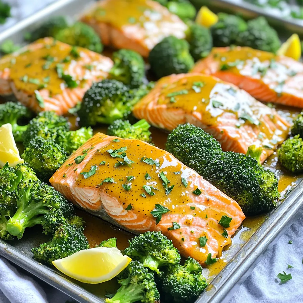 - 4 salmon fillets (approximately 6 ounces each) - 2 cups fresh broccoli florets - 1/4 cup Dijon mustard - 1/4 cup honey - 2 tablespoons extra-virgin olive oil - 2 teaspoons garlic powder - 1 teaspoon smoked paprika - Salt and freshly ground black pepper to taste - Fresh parsley, finely chopped (for garnish) - Lemon wedges (for serving) This dish shines with its bright flavors and simple prep. The main ingredients feature fresh salmon and broccoli, which pair well with the sweet and tangy honey mustard sauce. The seasoning adds depth and warmth. Olive oil gives a nice richness, while smoked paprika adds a hint of smokiness. Fresh parsley and lemon wedges bring a fresh flair at the end. Each ingredient plays an important role. Salmon provides protein and omega-3 fatty acids, making this meal not just tasty but also healthy. The broccoli adds fiber and vitamins, giving a crunchy texture. The honey mustard sauce is key to tying all the flavors together. It’s an easy sauce to whip up and perfect for home cooks. Feel free to experiment! You can add your favorite spices or even swap vegetables. This recipe is flexible, making it fun to create your own twist. - Preheat your oven to 400°F (200°C). - Line a large sheet pan with parchment paper. This makes cleanup easy. - In a medium bowl, mix 1/4 cup Dijon mustard, 1/4 cup honey, and 2 tablespoons of olive oil. - Add 2 teaspoons garlic powder, 1 teaspoon smoked paprika, salt, and pepper. Whisk until smooth. - Place 4 salmon fillets in the center of the sheet pan. - Use a brush or spoon to coat the top of each fillet with half of the honey mustard sauce. - Spread 2 cups of fresh broccoli florets around the salmon. - Drizzle the rest of the honey mustard sauce over the broccoli. Toss to coat. - Put the sheet pan in the preheated oven and bake for 15-20 minutes. - Check for doneness by making sure the salmon flakes easily with a fork. It should reach 145°F (63°C). - The broccoli should be tender with crispy edges. How do you know when salmon is done? You should look for an internal temperature of 145°F (63°C). This means the salmon will flake easily with a fork. As it cooks, the color will change from a bright pink to a more opaque hue. For a flaky texture, avoid overcooking. Keep an eye on it during the last few minutes of baking. The salmon should still look moist. If it starts to dry out, it’s time to take it out. How do you achieve tender, crisp broccoli? Start by cutting the florets into similar sizes. This helps them cook evenly. When baking, do not overcrowd the pan. Space allows hot air to circulate and roast the broccoli well. For seasoning variations, try adding lemon zest or crushed red pepper. You can also use garlic powder or Italian herbs for a twist. What are the benefits of using parchment paper? It makes cleanup a breeze. The salmon and broccoli won’t stick to the pan. You can simply lift off the parchment and toss it away. For quick cleaning tips, soak any pans in warm water right after cooking. This helps loosen any stuck-on food. A non-scratch sponge will keep your pans looking new. {{image_4}} You can swap salmon for other fish like trout or cod. Both options work well with the honey mustard sauce. Chicken is another great choice. Simply cut it into strips. Tofu is perfect for a plant-based meal. Press it to remove moisture, then cut it into cubes. Broccoli shines in this dish, but many veggies work too. Asparagus, green beans, and Brussels sprouts all pair nicely with the sauce. You can also use seasonal vegetables. Think zucchini in summer or carrots in fall. Mix and match for fun flavors. Honey mustard is a classic, but you can get creative. Try mixing honey with barbecue sauce for a smoky twist. A sweet chili sauce adds some heat. If you love citrus, mix honey with orange juice for a fresh taste. Each sauce brings its own flair! To store leftovers, let the dish cool first. Place the salmon and broccoli in an airtight container. This keeps them fresh and safe. You can store leftovers in the fridge for up to three days. If you want to keep them longer, consider freezing. The best way to reheat salmon is in the oven. Preheat your oven to 350°F (175°C). Place the salmon and broccoli on a baking sheet. Cover with foil to keep moisture in. Heat for about 10-15 minutes. This helps maintain the texture and flavor. You can also use a microwave, but it may not keep the same crispness. If you need to freeze the dish, let it cool completely first. Wrap the salmon and broccoli tightly in foil or plastic wrap. Place them in a freezer-safe bag or container. This prevents freezer burn. You can freeze it for up to two months. When ready to eat, thaw it overnight in the fridge. Reheat it in the oven for the best texture. You can serve many side dishes with this meal. Here are some ideas: - Quinoa or rice - Mashed potatoes - Roasted sweet potatoes - A green salad - Crusty bread These sides add great flavors and textures. They also balance the dish. I love pairing a light salad with this meal. The freshness of the salad complements the salmon and broccoli well. To check if your salmon is done, look for these signs: - The internal temperature should be 145°F (63°C). - The fish should flake easily with a fork. - The color should change from bright pink to a more opaque pink. These cues help you avoid undercooking or overcooking. Always use a food thermometer for accuracy. It takes the guesswork out of cooking fish. Yes, you can prepare the honey mustard sauce ahead of time. Here’s how: - Mix the sauce and store it in an airtight container. - Keep it in the fridge for up to one week. Making the sauce in advance saves time. It also allows the flavors to blend. Just give it a good stir before using it. This sauce is tasty and easy to make! This recipe shows how to make a tasty sheet pan honey mustard salmon with broccoli. You learned about key ingredients and seasonings. I shared simple steps to prep and bake your dish. Tips for perfect salmon and broccoli will help you succeed. You can customize the recipe with different proteins and veggies. Store your leftovers properly for future meals. Try this dish and enjoy a healthy feast!