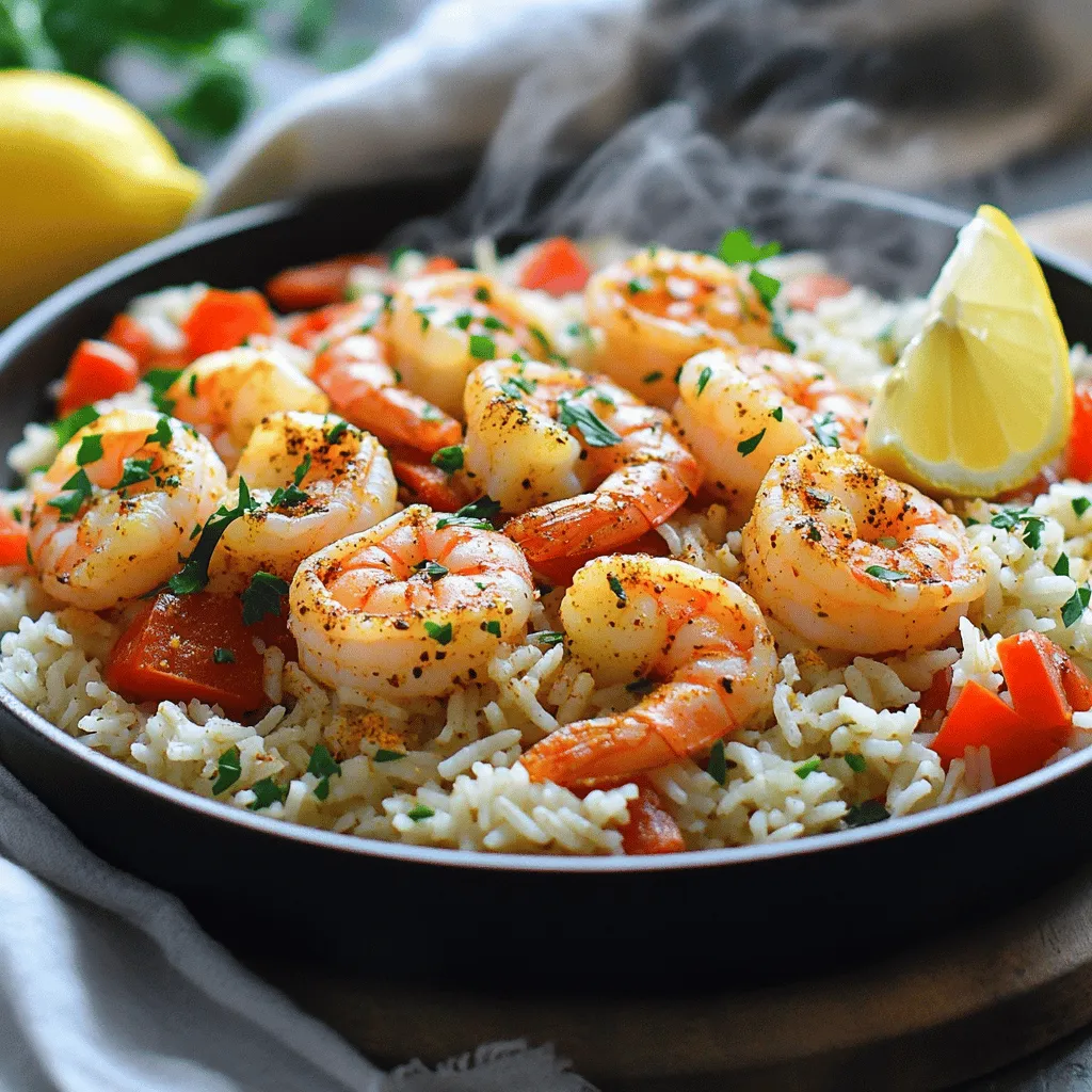 - 1 lb large shrimp, peeled and deveined - 1 tablespoon Cajun seasoning - 2 tablespoons olive oil - 1 medium onion, diced - 1 red bell pepper, diced - 3 cloves garlic, minced - 1 cup long-grain white rice - 2 cups chicken broth - 1 can (14.5 oz) diced tomatoes, undrained For this dish, I use large shrimp, about one pound. They soak up the spice well and cook fast. Cajun seasoning adds a kick. Just one tablespoon is enough to make a big impact. Olive oil is great for sautéing, and two tablespoons keep everything from sticking. Next, I add vegetables. I like to use one medium onion, diced finely. It gives a nice base flavor. A red bell pepper adds sweetness and color. I also use three cloves of garlic, minced for a strong aroma. Now, let's talk rice and liquids. I prefer long-grain white rice, one cup is perfect. It cooks well and stays fluffy. For the liquid, I use two cups of chicken broth. This adds depth. I also toss in one can of diced tomatoes, undrained, to keep things moist and flavorful. This mix of ingredients makes my one-pot spicy Cajun shrimp and rice a hit! - Marinating the shrimp First, take 1 pound of large shrimp. Place them in a mixing bowl. Add 1 tablespoon of Cajun seasoning. Toss the shrimp well until each one is coated. Let them sit for a few minutes to soak up the flavor. - Sautéing vegetables Next, heat 2 tablespoons of olive oil in a large pot over medium heat. Once the oil is hot, add 1 diced medium onion and 1 diced red bell pepper. Sauté these for about 3 to 4 minutes. You want the veggies soft and slightly clear. Then, add 3 minced garlic cloves. Sauté for 1 more minute. The garlic will smell great! - Incorporating rice and liquids Now, add 1 cup of uncooked long-grain white rice to the pot. Stir it often for about 2 minutes. This helps toast the rice and keeps it from sticking. Then, carefully pour in 2 cups of chicken broth and 1 can of undrained diced tomatoes. Stir everything well and turn the heat up until it starts to boil. - Simmering the dish Once it boils, reduce the heat to low and cover the pot. Let it simmer for about 15 minutes. The rice should be almost done and soak up most of the liquid. - Adding shrimp and peas After simmering, gently fold in the marinated shrimp and 1 cup of frozen peas. Cover the pot again and cook for another 5 to 7 minutes. The shrimp should turn pink and be fully cooked. - Seasoning to taste Taste your dish now. Add salt and pepper to your liking. Mix it well to combine the flavors. - Resting time before serving Finally, remove the pot from heat. Let it sit covered for 5 minutes. This resting time helps the flavors meld together. Serve it in bowls and enjoy! - To ensure shrimp is tender, cook them just until pink. Overcooked shrimp can turn rubbery. - Avoiding overcooked rice is key. Keep an eye on the simmering time to retain texture. - Adjusting spice levels is easy. Add more Cajun seasoning or a dash of hot sauce for heat. - Incorporating additional herbs, like thyme or basil, can brighten the dish. Fresh herbs add more flavor. - For serving, use shallow bowls. This allows the vibrant colors to shine. - Garnishing techniques matter. Sprinkle fresh parsley on top for color. Adding a lemon wedge can enhance the meal's brightness. {{image_4}} You can change the seafood in this dish. Try scallops or crab for a twist. You can even use fish if you prefer. This keeps the dish fresh and exciting. For grains, swap long-grain rice with quinoa or farro. They add a unique texture. Quinoa is also gluten-free, which is a bonus. To make this dish gluten-free, just check the broth. Use gluten-free chicken broth to ensure safety. This keeps the flavors intact without using gluten. For a vegetarian option, skip the shrimp. Use mushrooms for a meaty feel. You can add chickpeas for protein. This way, everyone can enjoy this dish. Want more heat? Add diced chili peppers to the mix. Jalapeños or serranos work well. This amps up the spice level and adds depth to the dish. You can also experiment with different spice blends. Try Creole seasoning for a different flavor. Each blend brings its own unique taste, so feel free to explore! To store your One-Pot Spicy Cajun Shrimp and Rice, let it cool first. Place leftovers in an airtight container. This keeps the dish fresh and prevents odors. It lasts in the fridge for up to three days. Be sure to check for any off smells before serving. To freeze, let the dish cool completely. Divide it into portions and place them in freezer-safe bags or containers. Remove as much air as possible to avoid freezer burn. This dish can last for up to three months in the freezer. To thaw, place it in the fridge overnight. The best way to reheat this dish is on the stove. Add a splash of broth or water to keep it moist. Heat it over low heat, stirring occasionally. If you use the microwave, place it in a microwave-safe bowl. Cover it loosely and heat in short bursts, stirring in between. This helps maintain the rice's texture and shrimp’s tenderness. You can cook this dish in about 30 minutes. This includes 10 minutes for prep and 20 minutes for cooking. The rice cooks while the shrimp absorbs all that delicious flavor. Yes, you can use frozen shrimp. Just make sure to thaw them before cooking. You can thaw shrimp overnight in the fridge or place them in cold water for 15-20 minutes. This dish pairs well with a simple salad or crusty bread. You can also serve it with a side of roasted vegetables for added color and nutrition. You can prepare the shrimp and season them in advance. However, it’s best to cook the rice fresh for the best texture. If you want to store it, keep it in the fridge and reheat it later. To adjust the spice level, start with less Cajun seasoning. You can always add more later. For extra heat, consider adding diced jalapeños or a pinch of cayenne pepper. This blog post covered how to make one-pot spicy Cajun shrimp and rice. We discussed key ingredients like shrimp, Cajun seasoning, and rice. I detailed step-by-step instructions for preparation and cooking. Tips helped ensure perfect texture and flavor. We also explored variations for dietary needs and storage options. Enjoy this dish and make it your own! The blend of flavors and simple method will impress anyone at your table.
